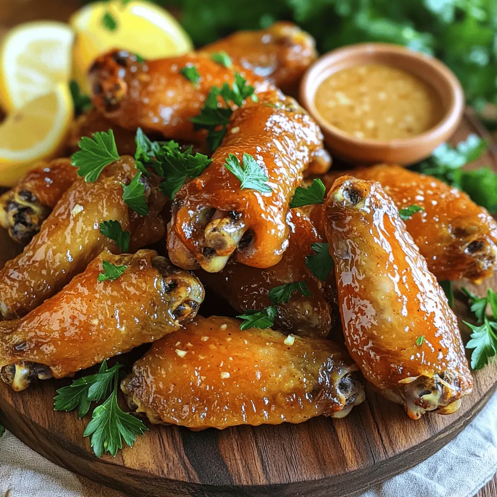 - 2 pounds chicken wings - ½ cup unsalted butter - 1 tablespoon baking powder - 1 teaspoon salt - 1 teaspoon black pepper - 1 teaspoon garlic powder - 1 teaspoon onion powder - ½ teaspoon paprika - ½ teaspoon smoked paprika (optional) - 4 cloves garlic, finely minced - 2 tablespoons honey - 2 tablespoons freshly squeezed lemon juice - Fresh parsley, chopped (for garnish) Gather these ingredients before you start cooking. Fresh chicken wings are key to great flavor. Unsalted butter helps you control the salt in your dish. Baking powder is crucial; it gives the wings that crispy texture we all crave. The spices add depth and warmth to each bite. Garlic and onion powder bring a savory kick. Paprika adds a hint of sweetness and color. For the sauce, fresh garlic creates a rich base. Honey balances the heat, while lemon juice adds brightness. Finally, fresh parsley brings a pop of color and freshness. You can find the full recipe above. It’s simple and fun to make! Now, let’s get cooking! 1. Preheat your oven to 425°F (220°C). This high heat helps make the wings crispy. 2. Prepare a baking sheet. Line it with aluminum foil for easy cleanup. Place a wire rack on top. This rack allows air to flow around the wings, which is key for crispiness. 3. Take the chicken wings and pat them dry with paper towels. This step is crucial. Removing moisture helps them crisp up nicely. 1. In a large bowl, mix the seasonings: baking powder, salt, black pepper, garlic powder, onion powder, paprika, and smoked paprika. 2. Add the dry chicken wings to the bowl and toss them well. Make sure every wing is coated with the seasoned mixture. This adds great flavor. 1. Position the wings on the wire rack. Lay them out in a single layer. Make sure they do not touch. This spacing promotes even cooking. 2. Bake the wings for 40-45 minutes. Flip them halfway through the time. You want them golden brown and crispy all around. 1. While the wings bake, melt the unsalted butter in a small saucepan over medium heat. 2. Once it melts, add the minced garlic. Sauté for about 1-2 minutes until fragrant. Careful not to burn the garlic! 3. Stir in honey and lemon juice. Bring this mixture to a gentle simmer. Cook for 2-3 minutes until it thickens slightly. Then remove it from heat. 1. When the wings are done baking, transfer them to a large bowl. Drizzle the zesty garlic sauce over the wings. 2. Toss the wings to coat them well in the sauce. 3. Place the coated wings back on the baking sheet. Change your oven setting to broil. Broil the wings for 2-3 minutes. Keep a close eye on them to get that perfect crispy finish. 4. For a pop of color, garnish with freshly chopped parsley. Now you have a dish that looks as good as it tastes! For the complete recipe, check out [Full Recipe]. Enjoy your crispy baked chicken wings! Air circulation is key for crispy chicken wings. When you bake wings, they need space. This allows hot air to flow around them. Use a wire rack to lift the wings off the baking sheet. This setup helps the heat reach all sides. Patting the wings dry is also crucial. Use paper towels to remove moisture. The drier the wings, the better they crisp up. If there's too much water, they will steam instead of bake. Baking chicken wings is healthier than frying. You use less oil, which cuts down on fat. Baking also makes cleanup easier. Plus, you can cook a larger batch at once. Baking powder is essential for crispy wings. It helps dry out the skin and makes it puff up. This gives that crunchy texture you want. Don't skip this step if you want great results! To amp up the taste, try adding spices. You can mix in cayenne pepper for heat or garlic salt for more flavor. Experimenting with different spices can create a unique wing experience. Customizing your sauce flavors is fun! You can add hot sauce for spice or BBQ sauce for sweetness. Mixing flavors allows you to create something personal. Enjoy the process! For the full recipe, be sure to check the Crispy Baked Chicken Wings with Zesty Garlic Sauce. {{image_4}} You can change up the flavor of your crispy baked chicken wings in fun ways. Here are two tasty options: - Spicy buffalo baked wings: Toss your wings in a mix of hot sauce, melted butter, and a dash of vinegar. This gives them that classic buffalo flavor. Adjust the hot sauce to your taste. Less for milder, more for heat. - Honey BBQ glazed wings: Combine honey with your favorite BBQ sauce. Brush this sweet mix onto your wings before baking. The result is a sticky, sweet treat that everyone loves. Need to make your wings fit specific diets? Here are some easy tweaks: - Gluten-free options: Use gluten-free baking powder and check your sauces for gluten. Many brands have gluten-free options, so you can enjoy wings without worry. - Low-carb modifications: Skip the honey in the sauce or use a sugar substitute. This keeps your wings delicious while cutting carbs. What should you serve with your wings? Here are some ideas: - Pairing with sides like celery and carrots: Fresh veggies add crunch and balance out the rich wings. They also make a great way to cool your mouth after spicy flavors. - Best dipping sauces: Serve with ranch or blue cheese dressing. These creamy dips add a nice touch and enhance the flavor of the wings even more. Try these variations and serving ideas to make your crispy baked chicken wings a hit! For the full recipe, check out the [Full Recipe]. To keep your leftover wings tasty, store them right. First, let the wings cool down. Then, place them in an airtight container. This step helps keep them fresh. I recommend using glass or plastic containers with tight lids. You can also wrap them in foil or plastic wrap if needed. Store them in the fridge for up to four days. To enjoy your wings again, reheating is key. The best way is to use the oven. Preheat it to 350°F (175°C). Place the wings on a baking sheet and heat for about 10-15 minutes. This method gives you crispy wings. Microwaving is faster but can make them soggy. If you must use the microwave, heat in short bursts and check often. If you want to save wings for later, freezing works well. First, let the cooked wings cool completely. Then, place them in freezer bags. Remove as much air as possible before sealing. This helps prevent freezer burn. You can freeze them for up to three months. When ready to eat, thaw them overnight in the fridge. Reheat in the oven for the best results. This way, your wings will taste almost fresh! To get crispy baked wings, focus on a few key steps. First, dry the wings well with paper towels. Moisture makes them soggy, so this step is very important. Second, use a wire rack when baking. This allows air to flow around the wings, helping them cook evenly. Third, coat the wings in a mix of baking powder and spices. Baking powder helps create that crunchy texture. Finally, bake at a high temperature, around 425°F (220°C), and flip them halfway through for even cooking. Yes, you can use frozen chicken wings! However, you need to adjust your cooking time. Start by thawing the wings in the fridge overnight. If you are short on time, you can thaw them in cold water for about an hour. Once thawed, pat them dry and follow the same steps in the recipe. Be aware that cooking frozen wings may take a bit longer, so check for that golden brown color. If you don’t have baking powder, you can use cornstarch or a mix of baking soda and vinegar. Cornstarch will help make your wings crispy, just like baking powder. If using baking soda, mix 1 teaspoon of it with 2 teaspoons of vinegar to replace 1 tablespoon of baking powder. The reaction will help give your wings that light, crunchy texture. You can store crispy baked chicken wings in the fridge for up to four days. Make sure to place them in an airtight container to keep them fresh. If you want to store them longer, you can freeze them. In the freezer, they will last for about three months. Just remember to thaw them in the fridge before reheating. There are many delicious sauces you can try! Classic buffalo sauce is always a hit, offering that spicy kick. Honey BBQ sauce gives a sweet and tangy flavor. For something different, try a garlic Parmesan sauce or a zesty lemon pepper sauce. Pair the wings with your favorite dipping sauce like ranch or blue cheese for a tasty treat. You can even mix sauces to create your own unique flavor! In this post, I covered how to make delicious baked chicken wings. We discussed the main ingredients, seasonings, and tips to achieve that perfect crisp. I also shared variations to cater to different tastes and dietary needs. Now you have all the tools to create your own wings. Remember, the key is in your seasonings and cooking methods. Enjoy experimenting with flavors, and soon enough, you'll impress everyone with your tasty creations.