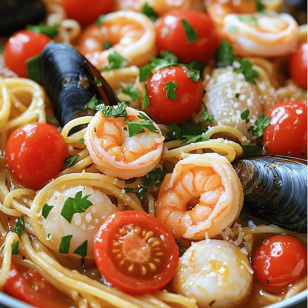 - 8 oz spaghetti or linguine - 1 tablespoon extra virgin olive oil - 3 cloves garlic, finely minced - 1 small onion, finely chopped - 1/2 teaspoon red pepper flakes (or adjust to your spice preference) - 1 cup cherry tomatoes, halved - 1 cup shrimp, peeled and deveined - 1 cup scallops, cleaned and patted dry - 1 cup mussels, cleaned and debearded - 1 cup vegetable broth - 1 tablespoon fresh lemon juice - Fresh parsley, coarsely chopped (for garnish) - Salt and freshly ground black pepper to taste - Grated Parmesan cheese (optional) Choosing fresh seafood When picking seafood, look for bright colors and clear eyes. Fresh seafood should smell like the ocean, not fishy. This ensures you get the best flavor in your dish. Understanding frozen vs. fresh seafood Frozen seafood can be just as good as fresh. It’s often frozen right after being caught. If you choose frozen, look for packaging that is intact and check the date. Tips for cleaning and preparing seafood Before cooking, rinse seafood under cold water. Remove shells and any inedible parts. For shrimp, devein them for better taste. Clean mussels by scrubbing their shells under cold water. This step keeps your dish clean and tasty. For more details, you can check the Full Recipe. Cook spaghetti or linguine in a large pot of boiling water. Add a pinch of salt. Follow the package instructions until the pasta is al dente. This means it should be firm but not hard. After cooking, drain the pasta but save half a cup of the water. This water has starch, which helps bind the sauce later. In a large skillet, heat olive oil over medium heat. Add minced garlic and chopped onion. Sauté for about three to four minutes. Stir often until the onion turns translucent. This step releases sweet flavors. The aroma will fill your kitchen, making it hard to wait for the next step. Now, add shrimp, scallops, and mussels to the skillet. Pour in the vegetable broth and cover with a lid. Let it simmer for five to seven minutes. Covering helps the seafood cook evenly and steam properly. You’ll see the mussels open up, signaling they are done. Once the seafood is cooked, remove the lid. Add the drained pasta into the skillet. Gently fold everything together so the pasta combines well with the seafood. If the mix seems dry, add a splash of reserved pasta water. This makes the dish creamy and helps the sauce cling to the pasta. Serve the seafood pasta hot. Garnish with chopped fresh parsley for color and flavor. If you like, add grated Parmesan cheese on the side. This dish looks great and tastes even better! Enjoy it with a nice glass of white wine for a complete meal. To make your seafood pasta even better, you can add spices and herbs. Consider using fresh basil or oregano to brighten the dish. A pinch of saffron adds a lovely depth. You might also enjoy using a splash of white wine for extra flavor. If you prefer broth, swap vegetable broth with seafood broth for a richer taste. Sautéing is key for great flavor. Start with garlic and onion to build your base. Cook them until they are soft and fragrant. When you add the seafood, simmering is essential. It helps cook the seafood evenly and keeps it juicy. Make sure to cover your skillet while it simmers. This helps the mussels open and ensures shrimp and scallops are done just right. Pair your seafood pasta with a crisp white wine, like Pinot Grigio or Sauvignon Blanc. A fresh salad with lemon vinaigrette is a perfect side. For a formal dinner, serve the pasta in individual bowls. You can sprinkle fresh parsley on top for color. If you like cheese, offer grated Parmesan on the side. It adds a nice touch and lets everyone customize their plate. For the complete recipe, check out the Ocean's Bounty Seafood Pasta . {{image_4}} You can change up your seafood pasta by using different types of seafood. Try adding crab or lobster for a rich taste. These options give your dish a new twist. You can also mix in seasonal vegetables for a vegetarian version. Fresh zucchini, bell peppers, or asparagus can brighten your plate. This way, you make a meal that suits any diet. If you need a gluten-free option, use gluten-free pasta. Many brands offer tasty alternatives that hold up well. You can also experiment with other types of noodles, like rice noodles or even quinoa. These choices add variety and can enhance the dish's texture. Changing the sauce can transform your seafood pasta. A white wine sauce can add a lovely depth. For a creamier taste, try a garlic cream sauce. You can also adjust the spice level. If you like it hot, add more red pepper flakes. For a milder taste, skip them altogether. This lets you create a dish that fits your flavor preferences perfectly. To store leftovers, first let the seafood pasta cool down. Then, place the pasta in an airtight container. Make sure to seal it well. This helps keep the flavors fresh and tasty. Use a glass or plastic container for best results. Avoid metal containers, as they can react with the seafood. To freeze seafood pasta, let it cool completely. Then, divide it into portions. Use freezer-safe bags or containers to store the portions. Squeeze out as much air as possible before sealing. This helps prevent freezer burn. When you're ready to eat, thaw it in the fridge overnight. For reheating, warm it gently in a skillet. Add a splash of broth or water to keep it moist. Cooked seafood pasta lasts in the fridge for about 3 days. If you freeze it, it can last up to 3 months. Uncooked pasta can stay good in your pantry for about a year. Look for signs like an off smell or slimy texture. If you notice these, it’s best to discard the dish. Trust your senses to keep meals safe and enjoyable. For the best flavor and texture, I recommend shrimp, scallops, and mussels. These seafood choices pair well with pasta. Shrimp adds sweetness, scallops bring a buttery taste, and mussels contribute a briny flavor. You can also try crab or clams for a different twist. When selecting seafood, look for freshness. Fresh seafood has a clean smell and firm texture. You can use gluten-free pasta made from rice or corn. Many brands offer good options. Also, check labels for any hidden gluten in sauces or broths. You can swap regular pasta for zucchini noodles, too. It’s a great low-carb option, and it absorbs flavors well. Yes, you can prep some parts ahead. Cook the pasta and store it in the fridge. Prepare the seafood and sauce separately, then combine them right before serving. This method keeps everything fresh. If you cook it all together, the seafood may become tough when reheated. To reheat seafood pasta, use a skillet over low heat. Add a splash of broth or water to keep it moist. Stir gently until warmed through. Avoid using the microwave, as it can overcook the seafood. This method helps maintain the dish’s flavor and texture. Seafood pasta can be healthy! Seafood is rich in protein and omega-3 fatty acids. These nutrients support heart health and brain function. Pair it with whole-grain pasta to increase fiber. Just watch the portion sizes and added sauces, as they can add extra calories. Seafood pasta pairs well with a simple salad or garlic bread. You can also serve it with a light white wine or sparkling water. For a complete meal, add seasonal vegetables like asparagus or spinach. These sides enhance the dish and make it more satisfying. This blog post outlined the key ingredients and steps for making a delicious seafood pasta dish. You learned about selecting quality seafood, preparing pasta, and cooking techniques. There are many variations to suit your taste and dietary needs. Always store leftovers properly and know how to reheat them for the best flavor. Remember, cooking should be fun and rewarding. With these tips, you can enjoy great seafood pasta at home any day. Dive in and enjoy your culinary journey!