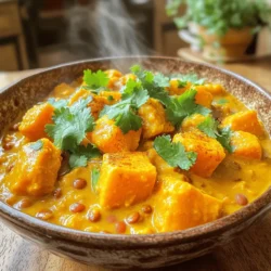 - 1 cup red lentils, thoroughly rinsed - 2 cups pumpkin, peeled and cut into 1-inch cubes - 1 medium onion, finely chopped - 2 cloves garlic, minced - 1 inch piece of ginger, freshly grated - 1 can (14 oz) coconut milk - 2 cups vegetable broth - 1 tablespoon curry powder - 1 teaspoon ground turmeric - 1 teaspoon ground cumin - 1 teaspoon ground coriander - 2 tablespoons vegetable oil - Salt and freshly cracked pepper, to taste - Fresh cilantro leaves, for garnish Gathering the right ingredients is key to making this pumpkin lentil curry. First, red lentils add protein and texture. Rinsing them removes dirt and any bitterness. Pumpkin is the star here, adding sweetness and creaminess. Choose a fresh pumpkin for the best taste. Next, the onion, garlic, and ginger bring depth to the dish. Onions should be finely chopped to cook evenly. Minced garlic and freshly grated ginger add a nice aromatic kick. Coconut milk creates a rich, creamy base. Pair it with vegetable broth for added flavor. The spices—curry powder, turmeric, cumin, and coriander—create a warm, inviting taste. They are essential for that authentic curry flavor. Finally, don't forget the salt and pepper for seasoning. Fresh cilantro leaves add a burst of color and a fresh taste as a garnish. For the full recipe, check out the details provided above. 1. Heat vegetable oil and sauté onions: Start by heating 2 tablespoons of vegetable oil in a large pot over medium heat. Once the oil is hot, add 1 finely chopped onion. Sauté for about 5 minutes. The onion should turn soft and translucent. This step builds a wonderful base for your curry. 2. Add garlic and ginger: Next, toss in 2 minced cloves of garlic and 1 inch of freshly grated ginger. Stir them in for about a minute. The smell should be delightful and fragrant, filling your kitchen with warmth. 3. Incorporate spices for flavor: Now, add 1 tablespoon of curry powder, 1 teaspoon of ground turmeric, 1 teaspoon of ground cumin, and 1 teaspoon of ground coriander to the pot. Stir well for 1-2 minutes. This will release the spices' essential oils and deepen their flavors. 4. Add pumpkin and lentils to the pot: It’s time to add 2 cups of pumpkin, peeled and cut into 1-inch cubes, along with 1 cup of rinsed red lentils. Stir everything together gently. You want to coat the pumpkin and lentils with the fragrant onion and spices. 5. Pour in coconut milk and broth: Carefully pour in 1 can of coconut milk and 2 cups of vegetable broth. Stir gently to combine. Bring the mixture to a gentle boil. 6. Simmer and adjust seasonings: Once it reaches a boil, reduce the heat to low, cover the pot, and let it simmer for about 25-30 minutes. This allows the pumpkin to soften and the lentils to cook fully. Stir occasionally to prevent sticking. 7. Taste and adjust flavors as needed: After simmering, taste the curry. You may want to add salt and freshly cracked pepper to enhance the flavors. If the curry seems too thick, add more vegetable broth or water until you reach your desired consistency. 8. Serve hot with garnish: Once ready, serve the curry hot. Garnish with fresh cilantro leaves for a pop of color and freshness. Enjoy your warm bowl of Pumpkin Lentil Curry! You can find the full recipe linked above to guide you through each step. Rinsing lentils is key. It removes dust and helps avoid a gritty texture. Rinse them under cold water until the water runs clear. Simmering is the next important step. After boiling, reduce the heat. This keeps the flavors rich and the lentils tender. Stir occasionally to prevent sticking. Adjust the consistency. If the curry is too thick, add vegetable broth or water. Taste and season with salt and cracked pepper to suit your palate. Serve your curry in shallow bowls. This makes it look inviting and bright. Sprinkle fresh cilantro on top for a pop of color. Pair the curry with fluffy rice or warm naan. This adds a lovely touch and completes the meal beautifully. For added flavor, consider spices like cinnamon or nutmeg. A pinch can elevate the dish. If you like heat, add chopped chili or crushed pepper. This will give your curry a nice kick! {{image_4}} You can easily make this pumpkin lentil curry spicy. Adding chili peppers gives it a nice kick. You might try jalapeños or serranos for heat. If you prefer less heat, remove the seeds from the peppers. You can also add other vegetables to the mix. Spinach and kale are great options. They add color and nutrients. Just stir them in during the last few minutes of cooking. They will wilt nicely without losing their texture. Want more protein in your meal? You can add tofu or chickpeas. Tofu absorbs flavors well and adds a nice texture. Use firm tofu, cut it into cubes, and add it with the pumpkin. Chickpeas are another great option. They add a hearty bite. You can use canned chickpeas to save time. Drain and rinse them before adding to the pot. For a creamier curry, add coconut cream. It gives the dish a rich taste. You can substitute coconut milk with coconut cream if you like a thicker texture. Try using unique spices to change the flavor. Cardamom, cinnamon, or even nutmeg can add new layers. A pinch of these spices goes a long way. Experiment to find your favorite combination. You can find the full recipe for this pumpkin lentil curry to explore these variations further. To keep your pumpkin lentil curry fresh, store it in the fridge. Use an airtight container. It will stay good for about 3 to 5 days. Make sure to let it cool down before sealing. If you want to keep it longer, freezing is a great option. Place the curry in freezer-safe bags or containers. It can last for up to 3 months in the freezer. Just remember to label your containers. This way, you know what you have and when you froze it. When you are ready to eat your leftovers, reheat them gently. The best way is on the stove over low heat. Stir often to prevent sticking. If it seems too thick, add a splash of vegetable broth or water. You can also use the microwave. Place the curry in a microwave-safe dish. Cover it loosely and heat in short intervals. Stir between heating to ensure even warmth. To refresh your curry, add a squeeze of fresh lime juice or some chopped cilantro. These small touches can make leftovers taste new again. Your pumpkin lentil curry will stay tasty for a while. In the fridge, expect it to last around 3 to 5 days. In the freezer, it can last up to 3 months without losing quality. Watch for signs of spoilage. If you see any mold or if the smell is off, it’s best to throw it away. Also, if the texture seems very thick or grainy, it might be time to discard it. Always trust your senses when it comes to food safety. For the full recipe, refer to the earlier section. Enjoy your cooking! What can I serve with Pumpkin Lentil Curry? You can serve this curry with rice or naan. Both options soak up the tasty sauce. Try adding a side salad for crunch and freshness. How do I make this curry less spicy? To make your curry less spicy, use less curry powder. You can also add more coconut milk to soften the heat. Adding a bit of sugar can balance the spice as well. Can I use canned pumpkin instead of fresh? Yes, you can use canned pumpkin. It saves time and still tastes good. Just make sure it is plain pumpkin, not pie filling. What are the health benefits of lentils and pumpkin? Lentils are a great source of protein and fiber. They help you feel full and support digestion. Pumpkin is rich in vitamins, especially vitamin A. It’s low in calories and high in antioxidants. How many calories per serving? Each serving of Pumpkin Lentil Curry has about 300 calories. This can vary based on how you serve it and what sides you add. Can I prepare this dish in advance? Yes, you can make this dish ahead of time. It stores well in the fridge for up to three days. The flavors get better as it sits. How do I enhance the taste of the curry? To enhance the taste, add fresh herbs like cilantro or basil at the end. A squeeze of lime juice can brighten the flavors, too. Experiment with spices like cayenne for some heat. For the complete recipe, check out the Full Recipe link above. This blog post covered how to make a delicious pumpkin lentil curry, from ingredients to serving tips. We explored each step and provided tips for the best results. Remember, you can customize this dish with different veggies, spices, or proteins. Enjoy experimenting to find your perfect blend. Your kitchen just became a place for flavor and fun!