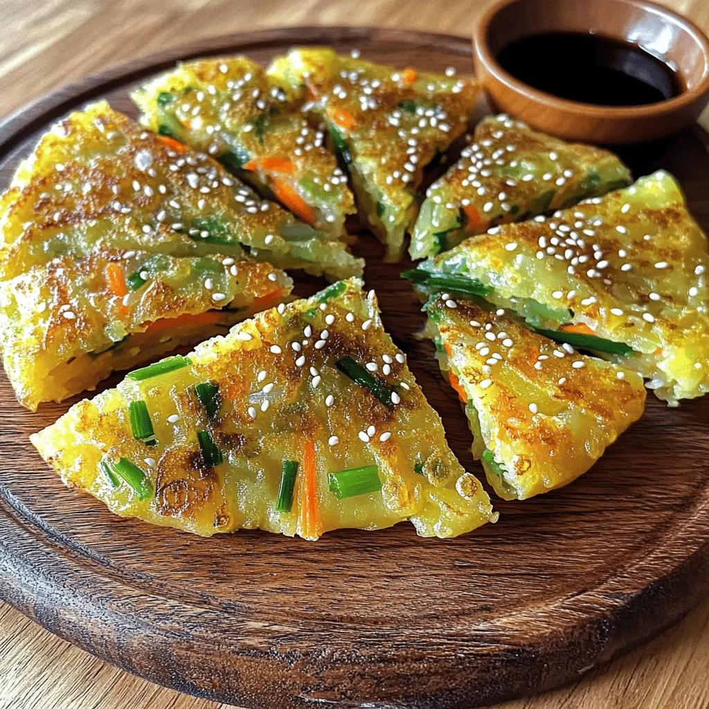 - 1 cup all-purpose flour - 1 cup water - 1/2 teaspoon salt - 1 cup scallions, chopped - Optional ingredients for added flavor: - 1/2 cup carrots, shredded - 1/4 cup kimchi, chopped - Soy sauce and sesame seeds for garnish To make a great Pajeon, start with simple, fresh ingredients. The key base is all-purpose flour and water. These two create a smooth batter. Next, you add salt to enhance the flavor. Scallions bring a bright taste and crunchy texture. You can also add shredded carrots for sweetness and color. If you enjoy spice, try adding chopped kimchi. The kimchi makes the dish exciting and unique. Once you have your main ingredients, think about garnishing. Soy sauce is a classic dip for Pajeon. It adds saltiness and depth. A sprinkle of sesame seeds on top not only looks nice but adds a nutty flavor too. For the best Pajeon, use fresh scallions. They should be bright green and firm. You can find them at your local market. If you want to explore more, check out the Full Recipe for detailed steps! First, gather your ingredients. In a large bowl, combine: - 1 cup all-purpose flour - 1 cup water - 1/2 teaspoon salt Mix these with a whisk until smooth. You want no lumps. This batter is key to a great pancake. Next, fold in: - 1 cup chopped scallions - 1/2 cup shredded carrots (optional) - 1/4 cup chopped kimchi (optional) This adds flavor and color. Make sure everything is mixed well. Now, let’s cook! Preheat your frying pan on medium heat. Add: - 1 tablespoon vegetable oil Swirl the oil around to coat the pan. Once hot, pour in half your batter. Spread it evenly to make a pancake about 1/2 inch thick. Cook for 3-4 minutes. Look for a golden brown color. Then, flip it using a spatula and cook the other side for another 3-4 minutes. It should be crispy and golden. Once done, transfer the pancake to a plate lined with paper towels to soak up oil. Repeat with the rest of the batter, adding oil as needed. Slice the cooked pancakes into wedges. Arrange them on a bright platter for fun. Garnish with sesame seeds for a nice touch. Serve warm with a small bowl of soy sauce for dipping. This makes a great snack or meal. Enjoy your homemade Pajeon, and feel free to check the Full Recipe for more tips! To make great pajeon, batter consistency is key. Your batter should be smooth and thick enough to hold the scallions. If it's too runny, the pancake will not hold together. A good rule is to aim for a pancake about half an inch thick when cooking. Cooking temperature also plays a big role. Medium heat works best. If your pan is too hot, the outside may burn before the inside cooks. If it's too cool, your pancake will be soggy. So, find that sweet spot for crispiness. You can add more than just scallions to your pajeon. Try adding shredded carrots for color and sweetness. If you like spice, chop some kimchi and fold it into the batter. For a different twist, consider adding seafood like shrimp or squid. When it comes to dipping sauces, soy sauce is classic. You can add a bit of vinegar or sesame oil for extra flavor. Mix in some chopped garlic or green onions for a fresh twist. Presentation can make your dish stand out. Slice your pajeon into wedges for easy serving. Arrange them on a colorful platter to catch the eye. Garnish with sesame seeds for a nice touch. Consider serving your pajeon with a small bowl of soy sauce on the side. This adds both flavor and visual appeal. Enjoying a warm, crispy pajeon is not just about taste; it’s about the whole experience. {{image_4}} For a tasty twist, you can add seafood to your Pajeon. - Ingredients for seafood variations: - 1 cup all-purpose flour - 1 cup water - 1/2 teaspoon salt - 1 cup scallions, chopped - 1/2 cup mixed seafood (like shrimp, squid, or clams) - 1 tablespoon vegetable oil Cooking instructions for seafood added: 1. Prepare the batter as in the full recipe. 2. After folding in the scallions, add the mixed seafood. 3. Pour the batter into a hot, oiled pan. 4. Cook until golden brown and crispy, then flip and repeat. 5. Serve with soy sauce for dipping. Kimchi adds a spicy kick and great flavor to your pancake. - Incorporating kimchi into the batter: - 1 cup all-purpose flour - 1 cup water - 1/2 teaspoon salt - 1 cup scallions, chopped - 1/4 cup kimchi, chopped - 1 tablespoon vegetable oil Adjustments to cooking time and flavor: 1. Mix the batter using the full recipe steps. 2. Add chopped kimchi when folding in scallions. 3. Cook as usual, but reduce heat slightly if it browns too fast. 4. This will keep the inside soft and flavorful. You can make Pajeon using only vegetables. - Alternative vegetables to use: - 1 cup all-purpose flour - 1 cup water - 1/2 teaspoon salt - 1 cup scallions, chopped - 1/2 cup bell peppers, diced - 1/2 cup mushrooms, sliced - Seasoning variations: 1. Use the full recipe to mix your batter. 2. Fold in any vegetables you like, such as bell peppers or mushrooms. 3. Adjust salt or add pepper for more taste. 4. Cook in the pan until crispy on both sides. These variations keep your Pajeon exciting and fun! To keep leftover pajeon fresh, follow these tips: - Refrigeration: Place the cooled pajeon in an airtight container. This prevents moisture and keeps the pancakes crisp. Store in the fridge for up to 3 days. - Freezing: For long-term storage, wrap each cooled pajeon in plastic wrap, then place them in a freezer-safe bag. This helps avoid freezer burn. They can last up to 2 months in the freezer. To enjoy your pajeon again, reheating is key: - Pan Method: Heat a non-stick pan over low heat. Add a small amount of oil to the pan. Place the pajeon in the pan and cover it. Heat for about 3-4 minutes on each side. This method keeps the outside crispy. - Oven Method: Preheat your oven to 350°F (175°C). Place the pajeon on a baking sheet. Heat for about 10-15 minutes. This method also helps maintain crispiness. Avoid sogginess by not using the microwave, as it can make the pajeon too soft. Enjoy your delicious pajeon warm! For more details, refer to the Full Recipe. Pajeon is a Korean scallion pancake. It is made from a simple batter of flour, water, and scallions. This dish is crispy on the outside and soft on the inside. People enjoy it for its unique taste and texture. Pajeon is often eaten as a snack or side dish. It has a special place in Korean culture, especially during rainy days. Eating it brings comfort and joy, making it a beloved dish in many homes. Yes, you can make Pajeon gluten-free! Use rice flour or a gluten-free all-purpose flour instead of regular flour. This swap keeps the pancake light and crispy. Mix the flour with water and salt just like in the traditional recipe. Be sure to adjust the water amount for the best batter texture. With these changes, you can still enjoy a delicious Pajeon without gluten. You can serve Pajeon with several tasty options. Here are some popular choices: - Soy sauce for dipping - Spicy gochujang sauce for a kick - Kimchi for a tangy side - A simple salad for freshness These sides enhance the flavors of the pancake. They also make your meal more exciting and satisfying. Enjoy experimenting with different combinations! In this post, you learned how to make Pajeon, a tasty Korean pancake. We covered the essential ingredients and step-by-step cooking instructions. You also found helpful tips for perfect texture, flavor enhancements, and presentation ideas. Plus, we explored fun variations such as seafood and kimchi Pajeon. With good storage tips and answers to common questions, you can enjoy this dish anytime. Try making Pajeon at home and impress your family with your cooking skills!