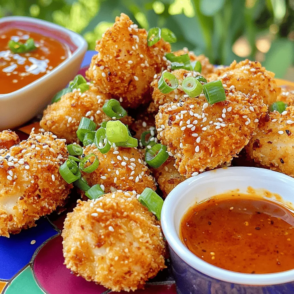 When it comes to making Crispy Bang Bang Chicken, having the right ingredients is key. Here’s what you need for this tasty dish: - Chicken - 1 pound chicken breast, cut into bite-sized pieces - Marinade Components - 1 cup buttermilk - Coating Ingredients - 1 cup all-purpose flour - 1/2 cup cornstarch - 1 teaspoon baking powder - 1 teaspoon garlic powder - 1 teaspoon onion powder - 1/2 teaspoon salt - 1/4 teaspoon black pepper - Bang Bang Sauce Ingredients - 1/2 cup mayonnaise - 1/4 cup sweet chili sauce - 1 tablespoon sriracha (adjust for desired spice level) - Garnishing Items - 2 green onions, finely sliced - Sesame seeds Gather these ingredients before you start. They will help you create a dish that is crispy, creamy, and full of flavor. If you want the full recipe, check it out in the article! Start by cutting the chicken breast into bite-sized pieces. Place the pieces in a medium bowl and add the buttermilk. Mix well to ensure all pieces are covered. Cover the bowl and refrigerate for at least 30 minutes. This step makes the chicken juicy and flavorful. In a large bowl, mix the all-purpose flour, cornstarch, baking powder, garlic powder, onion powder, salt, and black pepper. Whisk everything together until it's blended. This dry mixture will give the chicken a crispy and tasty crust. Heat vegetable oil in a deep frying pan over medium-high heat. Use a thermometer to check the oil should reach 350°F (175°C). To test the oil, sprinkle a bit of the dry mix in the pan. If it fizzes, the oil is ready. Take the marinated chicken out of the fridge. Let the excess buttermilk drip off. Coat each chicken piece well in the flour mixture. Carefully place the coated chicken in the hot oil. Fry for 4-5 minutes on each side until the chicken turns golden brown. Use a slotted spoon to move the chicken to a paper towel-lined plate. This helps absorb any extra oil. In a separate bowl, mix the mayonnaise, sweet chili sauce, and sriracha. Stir until everything is smooth and well combined. This sauce adds a creamy and spicy kick to the chicken. In a large bowl, add the fried chicken pieces. Pour the Bang Bang sauce over the chicken and toss gently. Make sure every piece is coated in the sauce. Transfer the chicken to a serving platter. Garnish with sliced green onions and sesame seeds for extra flavor and texture. Enjoy your Crispy Bang Bang Chicken! To get that delightful crunch, you need to focus on the coating. Use a mix of flour and cornstarch. This blend gives the chicken a golden crust. Make sure the chicken pieces are dry before coating them. After marinating, let them sit for a few minutes. This helps the coating stick better. For extra crunch, double coat the chicken. Dip it in the buttermilk again, then back into the dry mix. Temperature is key when frying. Heat your oil to 350°F (175°C). If the oil is too hot, the chicken burns. If it's too cool, the chicken absorbs too much oil. Fry in small batches. This keeps the oil temperature steady. Carefully place the chicken pieces in the oil. Don't overcrowd the pan. This will ensure even cooking and crispiness. Use a slotted spoon to drain excess oil after frying. The Bang Bang sauce is where you can play with flavors. Start with half a tablespoon of sriracha for mild heat. Taste the sauce and add more if you like it spicier. Sweet chili sauce adds sweetness, balancing the heat. You can also try other hot sauces, like chili garlic sauce. Be creative, and adjust until it suits your taste. {{image_4}} You can swap chicken for shrimp or tofu. Shrimp cooks quickly and has a nice texture. Use large shrimp and coat them the same way as chicken. Tofu is a great option for a plant-based meal. Press the tofu to remove water, then cut it into bite-sized cubes. Coat and fry like the chicken. Both options taste great with the Bang Bang sauce. To make this recipe gluten-free, just change a few ingredients. Use gluten-free all-purpose flour instead of regular flour. Cornstarch is already gluten-free, so that works perfectly. Make sure your mayonnaise and sweet chili sauce are also gluten-free. Follow the same steps to fry the chicken or other proteins. You'll still get that crispy, flavorful bite. You can change the Bang Bang sauce for different tastes. Try adding lime juice for a zesty kick. Honey can add sweetness if you like it sweeter. If you want more heat, add extra sriracha or red pepper flakes. Mix in garlic or ginger for more depth. Feel free to play with flavors to find your favorite version of the sauce. Once your Crispy Bang Bang Chicken cools, store it right away. Place the chicken in an airtight container. This keeps it fresh and prevents it from drying out. You can keep it in the fridge for up to four days. Make sure the chicken is not hot when you pack it. This helps avoid condensation and sogginess. To reheat your chicken, use an oven for the best results. Preheat your oven to 375°F (190°C). Spread the chicken on a baking sheet. Heat for about 10-15 minutes, or until it's hot and crispy again. If you use a microwave, the chicken may lose its crunch. Heat in short bursts to avoid overcooking. If you want to freeze the chicken, do it as soon as it cools. Place it in a freezer-safe container or bag. It can last up to three months in the freezer. To thaw, move it to the fridge overnight. Then, reheat it in the oven for the best crunch. Avoid thawing at room temperature to keep it safe. Crispy Bang Bang Chicken is a fun and tasty dish. It features bite-sized chicken pieces that are crispy on the outside and juicy on the inside. The chicken gets marinated in buttermilk for extra flavor. It is then coated in a mix of flour and cornstarch before frying. The creamy Bang Bang sauce, made with mayonnaise and sweet chili sauce, adds a spicy kick. It’s perfect for sharing at dinner parties or game day. To make Crispy Bang Bang Chicken less spicy, you can adjust the sauce. Use less sriracha or skip it entirely. You can also blend the mayonnaise and sweet chili sauce without the sriracha. Adding more mayonnaise can help cool down the heat. Taste the sauce as you go to find your perfect balance. Yes, you can make the Bang Bang sauce ahead of time. Just mix the mayonnaise, sweet chili sauce, and sriracha in a bowl. Store it in the fridge for up to a week. This way, you save time when you're ready to serve the chicken. Just give it a quick stir before using. Crispy Bang Bang Chicken pairs well with many sides. You can serve it with steamed rice or fresh lettuce wraps. A side of pickled vegetables adds a nice crunch. You can also offer extra Bang Bang sauce for dipping. This creates a fun and interactive meal. Leftovers of Crispy Bang Bang Chicken can last for up to three days. Store the chicken in an airtight container in the fridge. Reheat it in the oven for the best crispiness. Just remember, the sauce may separate, so stir it before serving again. For the full recipe, including detailed steps and additional tips, check the Crispy Bang Bang Chicken section above. This will guide you through each part of making this delicious dish. In this post, we covered how to make crispy Bang Bang chicken. We explored ingredients, step-by-step cooking, and essential tips for perfecting your dish. I shared ideas for variations and storage options, making it easy to customize your meal. Remember, cooking should be fun and tasty! Whether you stick with chicken or try shrimp, the key is in the flavors. Enjoy your cooking journey and serve up something delicious!