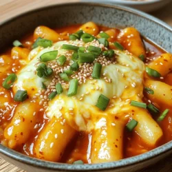 - 300g Korean rice cakes (tteok) - 1 cup fish cakes, sliced (optional) - 1 cup mozzarella cheese, shredded Cheese tteokbokki starts with the right base. The main star here is the Korean rice cakes, called tteok. They give the dish its chewy texture. If you like, add fish cakes for extra flavor. They add a nice depth to the dish. The mozzarella cheese melts beautifully, making everything creamy and rich. - 2 cups water or vegetable broth - 2 tablespoons gochugaru (Korean red chili flakes) - 3 tablespoons gochujang (Korean chili paste) - 1 tablespoon soy sauce - 1 tablespoon sugar - 1 garlic clove, minced Next, we need the sauce. This sauce is what makes cheese tteokbokki so tasty. Start with water or vegetable broth. This adds a nice base flavor. Gochugaru gives it a spicy kick. Gochujang adds depth and sweetness, while soy sauce brings umami. Sugar helps balance the heat, and garlic adds a wonderful aroma. - 1 green onion, finely chopped (for garnish) - 1 tablespoon sesame oil - Sesame seeds (for garnish) Finally, we add some garnishes. A sprinkle of chopped green onion adds a fresh touch. Sesame oil gives a nutty flavor that enhances the dish. Sesame seeds add a nice crunch and visual appeal. Each of these elements makes your cheese tteokbokki look and taste even better! For the complete process, check out the Full Recipe. To start, you need to soak the rice cakes. Place them in warm water for 30 minutes. This helps them soften and ensures they cook well. Soaking is key for even cooking. If you skip this step, the rice cakes may become tough. Next, let’s make the sauce. In a medium pot, mix water or broth with gochugaru, gochujang, soy sauce, sugar, and minced garlic. Stir until everything blends well. Bring this mixture to a gentle boil. This helps the flavors combine nicely. Once your sauce is boiling, add the softened rice cakes. If you like, include sliced fish cakes too. Lower the heat and let it simmer for 10 to 15 minutes. Stir often to keep things from sticking. Watch for the sauce to thicken. It should cling nicely to the rice cakes. After cooking, it’s time to add the cheese. Sprinkle shredded mozzarella on top. Cover the pot and let it sit for 3 to 5 minutes. This helps the cheese melt perfectly. Before serving, drizzle sesame oil for extra flavor. Stir gently, then garnish with chopped green onions and sesame seeds. Serve your tteokbokki hot. Use shallow bowls for a pretty presentation. Enjoy every cheesy bite! For the full recipe, check out the detailed instructions. - Overcooking the rice cakes: Overcooked rice cakes become mushy and lose their chewy texture. To avoid this, cook them gently in the sauce. Keep an eye on them and taste as you go. You want them soft but not falling apart. - Skipping the soaking step: Soaking rice cakes is vital. If you skip this step, they won’t absorb the sauce well. Soak them in warm water for about 30 minutes. This makes them softer and ready to soak up all the flavors. - Suggestions for additional spices or ingredients: You can add a bit of ginger for warmth. A touch of sesame paste can also add depth. Consider adding mushrooms or vegetables for extra texture. These can enhance the dish without overwhelming the cheese flavor. - How to balance spiciness with sweetness: If your tteokbokki is too spicy, add more sugar. This will help balance the heat. You could also use honey for a different flavor boost. Taste as you adjust, so you find the perfect balance. - Best side dishes to pair with Cheese Tteokbokki: Serve your tteokbokki with kimchi for a nice contrast. Pickled radishes also work well to cut through the richness. A simple salad adds freshness. These sides help balance the dish’s flavors. - Presentation tips for a beautiful dish: Use shallow bowls for serving. This highlights the cheese and sauce. Sprinkle extra green onions and sesame seeds on top. A drizzle of sesame oil just before serving adds shine and aroma. This makes your dish not just tasty but also beautiful! {{image_4}} For a seafood twist, add shrimp or squid. You can also use clams for a briny flavor. - Ingredients to add seafood flavors: - 200g shrimp, peeled and deveined - 100g squid, sliced - 100g clams, cleaned When cooking, add seafood after the rice cakes. This way, they won’t overcook. Let them simmer for about 5 minutes. The seafood will add a fresh taste that pairs well with the cheese. If you love cheese, you can use different types. Cheddar or gouda are great choices. They add rich flavors and creaminess. - Types of cheese that work well: - Cheddar cheese - Gouda cheese - Cream cheese for extra creaminess To get that gooey texture, mix your cheeses. Add them in layers during cooking. This helps each layer melt perfectly. You can make this dish veggie-friendly too! Replace fish cakes with mushrooms or tofu. - Substitutions for meat-based ingredients: - 200g mushrooms, sliced - 200g firm tofu, cubed For added flavor, use vegetable broth instead of water. This keeps the taste rich and savory. Add some veggies like bok choy or bell peppers for more texture. To keep your Cheese Tteokbokki fresh, store it in an airtight container. Let it cool to room temperature first. This step helps keep the texture nice. You can refrigerate it for up to three days. After that, the rice cakes may become too soft. When reheating, avoid the microwave if you can. Instead, use a pot on low heat. Add a splash of water to help bring back moisture. Stir gently to keep the cheese from clumping. Heat until warm, but don’t overcook. This method keeps the texture smooth and creamy. You can freeze Cheese Tteokbokki, but it might change a bit. To freeze, let it cool completely. Then, place it in a freezer-safe container. It can last for about one month in the freezer. When ready to eat, thaw it overnight in the fridge. Reheat on the stove with a little water. This method helps restore some of its original flavor and texture. Cheese Tteokbokki is a popular Korean street food. It features chewy rice cakes in a spicy sauce. The dish also includes gooey cheese for richness. Tteokbokki dates back to the Joseon Dynasty. Originally, it was a royal dish. Today, it’s loved by everyone. Yes, you can adjust the spice levels. If you want more heat, add extra gochugaru or gochujang. You can also use fresh chili peppers. For less spice, reduce the gochujang or use mild chili paste instead. You can find Cheese Tteokbokki in many Korean restaurants or food stalls. Look for places that specialize in street food. When ordering, ask specifically for Cheese Tteokbokki to get the best version. It’s often served with fish cakes and a sprinkle of sesame seeds. If you can’t find gochujang, don’t worry. You can use sriracha as a substitute. Mix it with a bit of miso for a similar taste. Another option is to use chili garlic sauce. These substitutes will give you a nice flavor, but may taste a bit different. Cheese Tteokbokki blends chewy rice cakes, creamy cheese, and a spicy sauce. We covered the main ingredients, cooking steps, and tips to serve it well. You can also explore fun variations like seafood or vegetarian options. Storing and reheating your leftovers is easy with the right methods. Ready to enjoy this tasty dish? Dive into Cheese Tteokbokki and make it your own!