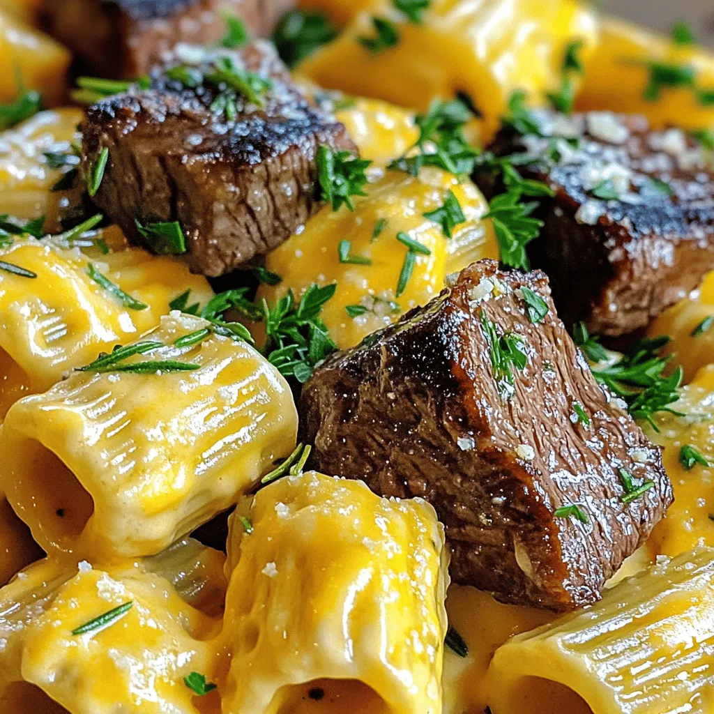 - Sirloin steak - Unsalted butter - Garlic - Fresh herbs - Salt and pepper - Rigatoni pasta - Heavy cream - Cheddar cheese - Parmesan cheese - Fresh parsley To make Garlic Butter Steak Tips with Cheesy Rigatoni, you need fresh and simple ingredients. For the steak tips, choose a good cut of sirloin steak. This cut is tender and has great flavor. Use unsalted butter to control the salt level in your dish. Don’t forget fresh garlic; it adds a rich taste. Fresh herbs like rosemary and thyme will elevate your dish. Use salt and pepper to season everything well. For the cheesy rigatoni, rigatoni pasta works best as its shape holds sauce well. Heavy cream gives the sauce a rich and creamy texture. Combine cheddar and Parmesan cheese for a blend of sharp and nutty flavors. Lastly, use fresh parsley to add a pop of color and freshness when you serve. Check the Full Recipe for exact amounts needed. - Start by filling a large pot with water. Bring it to a rolling boil. - Once the water is boiling, add a good amount of salt. This adds flavor to the pasta. - Add the rigatoni. Cook it according to package instructions until it is al dente, about 10-12 minutes. - After cooking, drain the pasta and set it aside. - In a large skillet, melt 2 tablespoons of unsalted butter over medium-high heat. - While the butter melts, season the sirloin steak cubes with salt and black pepper. - Once the butter is sizzling, add the steak cubes in a single layer. - Sear the steak tips for about 2-3 minutes on each side until they turn a nice brown. - Once seared, remove the steak from the skillet and place it on a plate. - Lower the skillet's heat to medium and add the remaining 2 tablespoons of butter. - Toss in the minced garlic, chopped rosemary, and thyme. Sauté for about 1-2 minutes. - Cook until the garlic is fragrant and just turns light golden. - Return the seared steak tips to the skillet. Gently toss to coat the steak in the garlic butter. - Allow the steak to cook for another 2-3 minutes to meld the flavors. - In a new saucepan, pour in the heavy cream and heat it over medium heat. - Once warmed, gradually add the grated cheddar and Parmesan cheeses. - Stir continuously until the cheeses melt and the sauce is smooth. - Taste and adjust the seasoning with salt and freshly cracked black pepper if needed. - Mix the drained rigatoni into the cheesy sauce. Stir thoroughly to coat every piece of pasta. - Make sure the rigatoni is well covered in the creamy cheese sauce. - On each plate, scoop a generous serving of the cheesy rigatoni as a base. - Elegantly top it with the garlic butter steak tips. - For a fresh touch, sprinkle chopped parsley over the dish just before serving. You can find the full recipe for Garlic Butter Steak Tips with Cheesy Rigatoni in the earlier sections. Enjoy making this dish! - Choosing the right cut of steak: I recommend using sirloin steak for this dish. It’s tender and full of flavor. Look for cuts that have a nice marbling of fat. This fat adds more taste when cooked. - Importance of resting meat: Always let your steak tips rest after cooking. Letting them sit for 5 minutes keeps the juices inside. This makes each bite juicy and tender. - Cooking tips for ideal doneness: Use a meat thermometer to check doneness. Aim for 130°F for medium-rare and 145°F for medium. This way, your steak will be just right every time. - Recommended cheese combinations: For a rich flavor, blend sharp cheddar and creamy Parmesan. This mix gives a great taste and smooth texture. - Tips for a smooth cheese sauce: Make sure to heat the cream gently. Add cheese slowly while stirring constantly. This keeps the sauce creamy without lumps. - Avoiding clumping in pasta: Don’t skip the salt in boiling water. It helps flavor the pasta and keeps it from sticking. Stir the rigatoni while cooking to ensure even cooking. - Additional herbs and spices: Fresh herbs like basil or parsley can brighten the dish. Consider adding crushed red pepper flakes for a bit of heat. - Optional ingredients for a twist: Try adding sautéed mushrooms or spinach for extra taste. These add texture and nutrients to the meal. - Tips for presentation: Plate the rigatoni neatly and top with steak tips. Add a sprinkle of fresh parsley for color. This makes your dish look restaurant-worthy. For the full details on making this delightful meal, refer to the [Full Recipe]. Enjoy your cooking! {{image_4}} You can swap the sirloin steak for chicken or shrimp. Chicken thighs work well because they stay juicy. For shrimp, use large ones and cook them until pink. If you want a vegetarian dish, use hearty mushrooms or tofu. Both options soak up the garlic butter flavor nicely. You can use other pasta shapes if you want. Penne or fusilli are great choices, too. They hold the cheese sauce well. If you need a gluten-free option, try brown rice pasta or chickpea pasta. These alternatives keep the dish tasty and satisfying. To add some heat, sprinkle in red pepper flakes while cooking. This gives a nice kick. You can also use different cheeses for a twist. Try mozzarella for a stretch or gouda for a smoky taste. Experimenting with sauces, like a creamy Alfredo or pesto, can also change the dish. To keep your Garlic Butter Steak Tips with Cheesy Rigatoni fresh, use airtight containers. Glass containers work well but plastic ones are fine, too. Make sure you let the dish cool down before sealing it up. Store it in the fridge for up to three days. When you're ready to enjoy the leftovers, I recommend reheating in a skillet. Add a splash of milk or cream to keep it creamy. Heat on low, stirring often, until warmed through. You can also use a microwave, but do it in short bursts. Stir between intervals to avoid hot spots. If you want to freeze this dish, let it cool completely first. Place it in a freezer-safe container. You can freeze it for up to three months. When you’re ready to eat, transfer it to the fridge overnight to thaw. Reheat it in a skillet with a bit of cream for best results. It takes about 30 minutes in total. This includes 15 minutes to prep and 15 minutes to cook. You can cook the rigatoni while you sear the steak tips. This way, you save time and keep things moving smoothly. Yes, you can prep some parts ahead. Cook the rigatoni and steak tips in advance. Store them in separate containers in the fridge. When ready to eat, just reheat and combine. This makes life easier on busy days. You can serve garlic bread or a fresh salad with this dish. Both options add nice flavors and textures. Garlic bread complements the rich cheesy rigatoni well. A salad can lighten the meal and add freshness. Absolutely! You can portion out the steak tips and cheesy rigatoni. Use airtight containers to keep them fresh. This makes it easy to grab a meal during the week. Just reheat in the microwave or on the stove. To add heat, try red pepper flakes or cayenne pepper. Mix in a teaspoon when cooking the garlic butter. You can also use a dash of hot sauce in the cheesy sauce. Adjust to your taste for the perfect kick. This blog post covered how to make Garlic Butter Steak Tips with Cheesy Rigatoni. We looked at the key ingredients, detailed cooking steps, and helpful tips. Remember, the right steak and cheese make a big difference. You can alter the recipe with different meats or pasta to suit your taste. Store leftovers properly for later enjoyment. Enjoy the creation process and share your dish with friends. Cooking can be fun and rewarding!