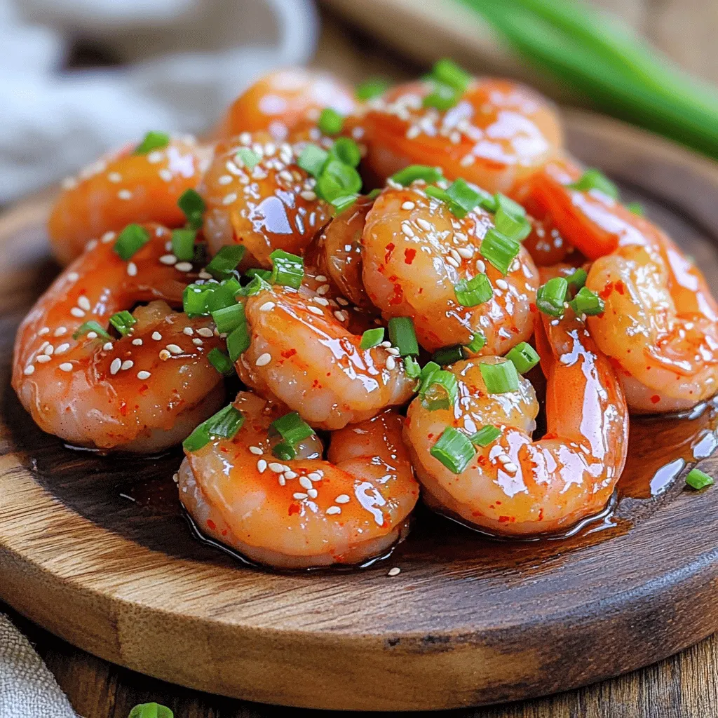 - 1 pound large shrimp, peeled and deveined - 2 tablespoons gochujang (Korean chili paste) - 1 tablespoon honey - 1 tablespoon soy sauce - 1 tablespoon rice vinegar - 1 teaspoon sesame oil - 3 cloves garlic, minced - 1 inch fresh ginger, grated - 1 tablespoon vegetable oil - Green onions & sesame seeds for garnish - Lime wedge for serving - Sesame oil for drizzling - Additional spices for heightened flavor For the Sweet & Spicy Gochujang Shrimp, you'll want fresh shrimp. They taste best and cook quickly. Gochujang gives this dish its sweet and spicy kick. Honey balances the heat, while soy sauce adds depth. Rice vinegar provides a bit of tang. Use minced garlic and grated ginger for extra flavor. Sautéing shrimp in hot oil makes them juicy and tender. Green onions and sesame seeds add a nice touch when you serve. If you want to brighten the dish, a lime wedge works great. You can adjust the heat by adding more gochujang or spices. Get creative! For a full recipe, check the full recipe section. To start, you need to make the marinade. Combine the gochujang, honey, soy sauce, rice vinegar, sesame oil, minced garlic, and grated ginger in a medium bowl. Whisk these ingredients well. This mix gives the shrimp a sweet and spicy kick. Next, add the peeled and deveined shrimp to the bowl. Make sure each shrimp is coated in the marinade. Cover the bowl and let it sit for at least 15 minutes. This time helps the shrimp soak up all the tasty flavors. Now, it’s time to cook. Heat vegetable oil in a large skillet over medium-high heat. When the oil is hot, gently add the marinated shrimp in a single layer. Sauté the shrimp for about 2-3 minutes on one side. They should turn a pink color and become opaque. Flip the shrimp and cook for another 2 minutes. This quick cooking keeps the shrimp tender and juicy. Once the shrimp are cooked, remove the skillet from heat. Drizzle any remaining marinade over the shrimp and let it heat for about a minute. This adds even more flavor. Now, it’s time to plate! Garnish the shrimp with finely chopped green onions and a sprinkle of sesame seeds. This touch makes the dish look great and adds a nice crunch. For a full recipe, check out the Full Recipe section. - Use fresh shrimp for best flavor and texture. - Adjust cooking time based on shrimp size. Using fresh shrimp makes a big difference. They taste better and have a nice texture. If your shrimp are smaller, cook them for less time. Larger shrimp need a bit more time. Watch them closely as they cook to avoid overcooking. - Consider adding lime juice before serving for a zesty touch. - Experiment with additional spices for a custom flavor profile. Adding lime juice before serving brightens the dish. It gives a fresh taste that pairs well with the gochujang. You can also try adding spices like paprika or cumin. This can change the flavor in fun ways. Play around until you find what you like best! - Serve over steamed rice or with stir-fried vegetables. - Use colorful garnishes like green onions for visual appeal. For a great presentation, serve the shrimp over a bed of rice. This makes the dish look nice and adds a filling base. You could also add stir-fried vegetables for color and nutrition. Top your dish with green onions and sesame seeds. This adds a pop of color and crunch, making your meal even more appealing. {{image_4}} - Substitute gochujang with Sriracha for a different heat profile. - Use coconut aminos for a soy-free option. You can switch out gochujang for Sriracha if you want a milder kick. Sriracha gives a tangy flavor that many love. Coconut aminos work great if you avoid soy. It adds a sweet, umami taste to your shrimp. - Grill shrimp for a smoky flavor. - Bake in the oven for a healthier option. Grilling shrimp brings a smoky depth to the dish. Just marinate as usual, then grill for about 2-3 minutes on each side. Baking is a healthier method. Place the shrimp on a baking sheet and bake at 400°F for 10 minutes or until pink. - Serve with quinoa or cauliflower rice for a low-carb alternative. - Pair with Asian-style salads for a refreshing complement. Quinoa or cauliflower rice makes a filling side that’s low in carbs. These sides soak up the shrimp’s sauce nicely. Asian-style salads with fresh veggies add crunch and balance. They offer a great contrast to the sweet and spicy shrimp. For those looking for a complete meal, check out the Full Recipe for Sweet & Spicy Gochujang Shrimp. To keep your leftover shrimp fresh, store them in an airtight container. They will stay good for up to 3 days in the fridge. Make sure to cool them down before sealing. You can freeze the marinated shrimp before cooking. This method keeps them tasty for up to 2 months. When you’re ready to cook, thaw them in the refrigerator overnight. This step helps maintain their texture. For reheating, use a skillet over medium heat. This method keeps the shrimp from becoming rubbery. Adding a splash of water or broth helps keep them moist as they warm up. Enjoy that sweet and spicy flavor again! For the full recipe, check the earlier section. Yes, but make sure to thaw them completely before marinating. Frozen shrimp can work well, but the best flavor comes from fresh shrimp. Thawing helps the shrimp soak up the marinade better. Sriracha or chili paste can be good alternatives if you want similar heat. These options can give you a nice kick without losing the flavor. Adjust the amount to find your perfect spice level. Reduce honey or substitute with a sugar-free sweetener; serve with more vegetables. Adding veggies can boost the nutrients and add crunch. Consider bell peppers, broccoli, or snap peas for color and taste. Yes, marinated shrimp can be prepared in advance and stored for future meals. You can keep them in the fridge for up to a day. This makes it easy to enjoy a quick, tasty dinner later. Generally, shrimp cook quickly, 2-3 minutes per side depending on size. Watch them closely; overcooked shrimp can become tough. Cook until they turn pink and opaque for the best texture. This blog post covered all the essentials for a delicious shrimp dish. You learned about the key ingredients, how to marinate and cook the shrimp, and ways to serve them. We also discussed tips for flavor and presentation, plus variations and storage options. In quick summary, you can make a tasty meal with fresh shrimp and simple steps. Enjoy experimenting with flavors to make it your own. You now have the knowledge to impress anyone at the dinner table. Happy cooking!