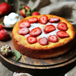 - 1 ½ cups whole wheat flour - 1 cup coconut sugar (or you can substitute with granulated sugar) - 1 teaspoon baking powder - ½ teaspoon baking soda - ¼ teaspoon salt - 1 cup unsweetened applesauce - 1 teaspoon pure vanilla extract - 2 large egg whites - 1 cup fresh strawberries, hulled and sliced These ingredients create a light and tasty cake. Whole wheat flour adds fiber and nutrition. Coconut sugar gives a subtle sweetness with a lower glycemic index. Baking powder and baking soda help the cake rise. Applesauce keeps the cake moist while lowering fat. The vanilla adds depth, and the egg whites keep it light. Fresh strawberries burst with flavor and color. - ½ cup plain Greek yogurt - Powdered sugar for dusting - Other possible substitutions Plain Greek yogurt adds creaminess and protein to the cake. You can use it instead of some applesauce if you like. Dusting with powdered sugar gives the cake a nice finish. You can also swap in other sweeteners or flour types that fit your diet. Experimenting with these can create a cake that is perfect for you! For the full recipe, check out the section labeled Full Recipe. 1. Start by preheating your oven to 350°F (175°C). This step gets the oven ready for baking. 2. Prepare a 9-inch round cake pan. You can grease it lightly or line the bottom with parchment paper for easy removal. 3. In a large bowl, mix the dry ingredients. Combine 1 ½ cups of whole wheat flour, 1 cup of coconut sugar, 1 teaspoon of baking powder, ½ teaspoon of baking soda, and ¼ teaspoon of salt. Whisk these together until well blended. 1. In a separate bowl, blend the wet ingredients. Use 1 cup of unsweetened applesauce, 1 teaspoon of pure vanilla extract, and 2 large egg whites. 2. Whisk these until the mix is smooth and combined. This step adds moisture and flavor to our cake. 1. Gradually pour the wet mix into the dry mix. Stir gently with a spatula until just combined. Be careful not to over-mix, as this can make the cake dense. 2. Fold in the sliced strawberries and ½ cup of plain Greek yogurt. Ensure they are evenly mixed without breaking the strawberries. 3. Carefully pour the batter into the prepared cake pan. Use a spatula to smooth the top for an even surface. 4. Bake in the oven for about 25-30 minutes. Check doneness by inserting a toothpick into the center. If it comes out clean, your cake is ready. 5. Once baked, remove the cake from the oven. Let it cool in the pan for about 10 minutes, then transfer it to a wire rack to cool completely. 6. For a sweet finish, dust the top with powdered sugar before serving. This adds a lovely touch! For the full recipe, check the initial section. - Avoiding over-mixing: When you mix your ingredients, do it gently. Over-mixing makes the cake tough. Stop mixing once the flour disappears. This keeps your cake light and fluffy. - Ensuring strawberries are evenly distributed: Fold the sliced strawberries into the batter carefully. This helps them spread throughout the cake. It also prevents them from breaking apart too much. You want to see those lovely strawberry pieces in every bite! - Presentation ideas: Serve the cake on a nice plate. Add a few sliced strawberries around the edges. This makes the cake look fresh and inviting. You can also place a dollop of Greek yogurt next to it for a creamy touch. - Optional toppings and garnishes: If you want extra sweetness, dust the top with powdered sugar. You can also drizzle a bit of honey or maple syrup on top. These small touches elevate your cake's look and taste. - Lower calorie swaps and ingredient alternatives: Use applesauce instead of oil or butter. This cuts calories and adds moisture. You can also swap coconut sugar for a sugar substitute. This helps reduce sugar content while keeping the flavor. Consider using almond or oat flour for a gluten-free option. These swaps keep your cake healthy and delicious! {{image_4}} You can switch up the fruit in your Skinny Strawberry Cake. Try using other berries like blueberries, raspberries, or blackberries. Each berry brings a unique flavor. You can also use seasonal fruits. Peaches, cherries, or even apples work well in this cake. Adding citrus zest can give your cake a fresh twist. Consider using lemon or orange zest for a bright flavor. You can also mix in chocolate chips or nuts. Both options add rich taste and texture. If you need a gluten-free option, substitute the whole wheat flour with almond or coconut flour. This keeps the cake light and fluffy. For a dairy-free option, replace Greek yogurt with a plant-based yogurt. This keeps the cake moist without dairy. To store leftovers in the fridge, first let the cake cool completely. Once cool, cover the cake with plastic wrap or place it in an airtight container. This helps keep the cake moist. You can store it in the fridge for up to five days. If you want to keep it fresh longer, consider slicing it before storing. For long-term storage, freezing is a great option. To freeze the strawberry cake, first wrap it tightly in plastic wrap. Then, place it in a freezer bag or an airtight container. This protects it from freezer burn. The cake can last in the freezer for up to three months. When you're ready to enjoy it, just thaw it in the fridge overnight. To reheat the cake, the best method is to use the oven. Preheat your oven to 350°F (175°C). Place the cake in a baking dish and cover it with foil. Heat for about 10-15 minutes or until warm. This keeps the cake soft and moist. You can also microwave individual slices for about 20-30 seconds. Just be careful not to overheat, as it can dry out the cake. For the full recipe, check out the [Full Recipe]. This cake has about 150 calories per slice. It uses whole wheat flour and coconut sugar, which keeps calories lower. By using applesauce and egg whites, it also cuts down on fat. This makes it a tasty and healthier choice. Yes, you can use frozen strawberries! They work well in this recipe. Just be sure to thaw them first and drain any excess liquid. This helps keep the cake from getting soggy. To make this cake vegan, replace the egg whites with flax eggs. Mix one tablespoon of flaxseed meal with three tablespoons of water. Let it sit until it thickens. You can also use a dairy-free yogurt in place of Greek yogurt. You can serve this cake with fresh whipped cream or a dollop of Greek yogurt. Adding more fresh strawberries on top makes it look pretty. Ice cream or a fruit sauce can also be great choices to enhance the dessert. For the full recipe, check out the complete guide. This blog post covered how to make a delicious Skinny Strawberry Cake. We explored essential and optional ingredients, from whole wheat flour to fresh strawberries. I shared step-by-step instructions for mixing and baking, along with tips for perfect results. You learned about variations, storage, and common FAQs. Baking can be easy and fun, especially with this recipe. Try it with your favorite fruits or toppings. Enjoy a tasty treat that fits your lifestyle!