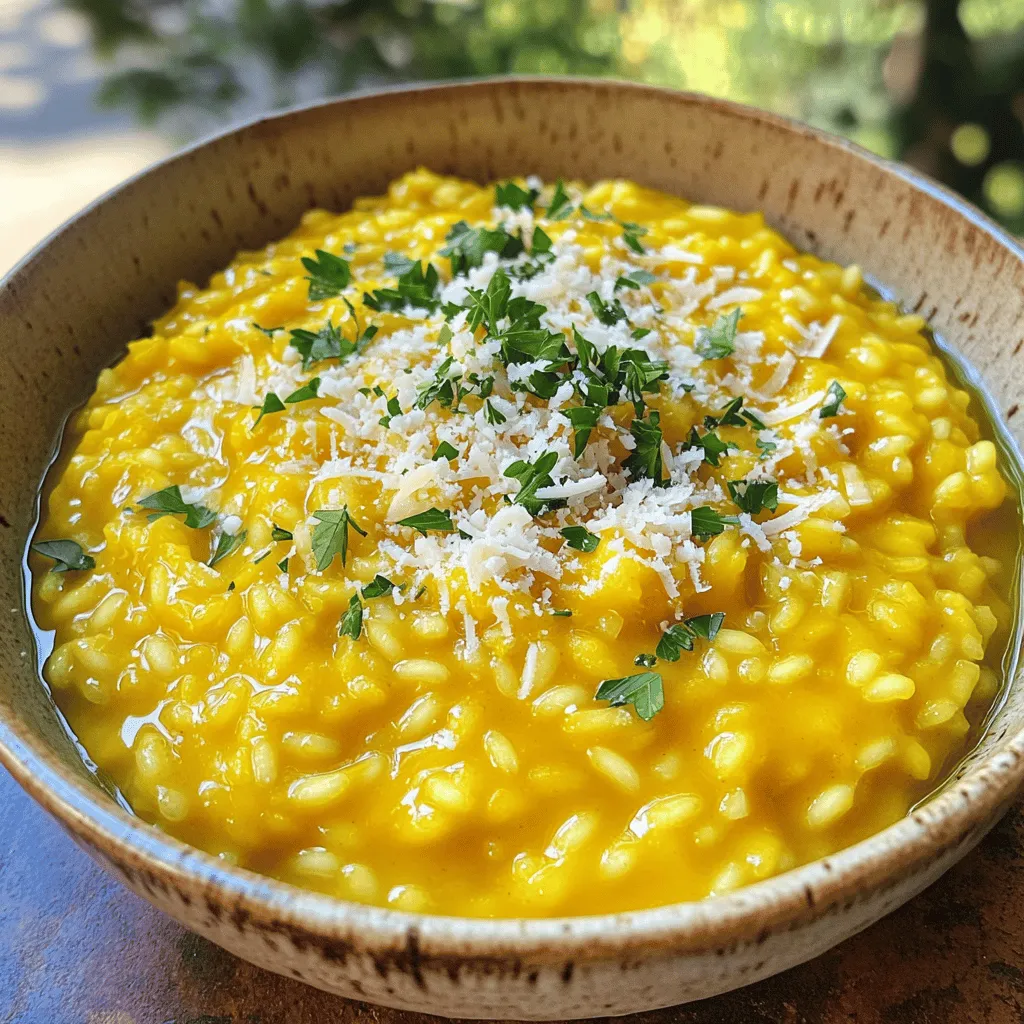 To make creamy pumpkin risotto, you will need: - 1 cup Arborio rice - 2 cups pumpkin puree (fresh or canned) - 4 cups vegetable broth - 1 medium onion, finely chopped - 2 cloves garlic, minced - 1/2 cup grated Parmesan cheese - 1 tablespoon olive oil - 1 tablespoon butter - 1 teaspoon thyme (fresh or dried) - Salt and pepper to taste - Fresh parsley, chopped (for garnish) If you lack any ingredients, try these swaps: - Use jasmine rice instead of Arborio for a lighter texture. - Swap pumpkin puree for butternut squash puree for a different taste. - Replace vegetable broth with chicken broth for a richer flavor. - Use nutritional yeast instead of Parmesan for a vegan option. - Try coconut oil instead of olive oil for a hint of tropical flavor. Fresh ingredients make your risotto shine. Here’s how to pick them: - Choose plump, firm pumpkins. Look for rich, vibrant color. - Select onions that feel heavy for their size. They should be firm with dry skins. - Pick garlic bulbs that are tight and firm, avoiding any that feel soft or sprouted. - When selecting herbs, look for bright green leaves without brown spots. - For cheese, choose a block of Parmesan over pre-grated for better flavor. With these ingredients and tips, you can create a rich and creamy pumpkin risotto that warms the soul. For the complete recipe, check out the full recipe. Start by heating the vegetable broth in a saucepan. Use medium-low heat. Keep it warm and at a gentle simmer. This helps the rice cook evenly. In a large skillet, add olive oil and butter over medium heat. Once hot, add the chopped onion. Sauté the onion until it becomes soft and translucent, which takes about 5 minutes. Stir it often to prevent burning. Next, add the minced garlic. Sauté for another minute until it smells great. This builds a solid base for your risotto. Now, stir in the Arborio rice. Mix it well for 2-3 minutes. You want to lightly toast the grains. The edges should look slightly translucent, while the center stays opaque. Gradually add the warm vegetable broth, one ladle at a time. Stir often, allowing the rice to absorb most of the liquid. This process creates a creamy texture. Continue until the rice is tender but still firm, which takes about 18-20 minutes. Once the rice reaches the right texture, mix in the pumpkin puree and thyme. Stir well until the risotto turns a vibrant orange and looks creamy. Remove the pan from the heat. Fold in the grated Parmesan cheese until it melts. Taste your risotto and season it with salt and pepper. Let the risotto rest off the heat for a couple of minutes. This helps develop its perfect creamy texture. For the full recipe, check the details above. Enjoy your delicious, creamy pumpkin risotto! To make your risotto creamy, use Arborio rice. This rice has high starch, which creates a smooth texture. Always add warm vegetable broth slowly. Don’t rush this step. Stir often to help the rice release more starch. This stirring is key to that creamy finish. If it seems too thick, add a bit more broth. You can also add a splash of cream at the end for extra richness. One common mistake is adding all the broth at once. This can make the rice cook unevenly and lose creaminess. Another mistake is not stirring enough. If you let the rice sit, it can stick and burn. Overcooking the rice will turn it mushy. You want al dente, which gives a nice bite. Finally, don’t forget to taste. Seasoning at the end is important for flavor. You need a few key tools for perfect risotto. A heavy-bottomed pot or a wide skillet helps distribute heat evenly. A wooden spoon is great for stirring. This allows you to scrape the bottom without scratching your pan. A ladle is essential for adding broth gradually. Lastly, a good knife and cutting board are important for chopping onions and garlic. These tools will make your cooking easier and more enjoyable. For the full recipe, check out the [Full Recipe]. {{image_4}} You can make your creamy pumpkin risotto even better by adding extra flavors. Cheese is a great choice. Try different types, like goat cheese or feta, for a tangy kick. Fresh herbs also brighten the dish. Basil or sage can add a nice touch. For protein, think about adding cooked chicken, shrimp, or even crispy bacon. These add-ins make the risotto more filling and fun! You can change the risotto with the seasons. In the spring, add asparagus or peas for a fresh taste. Summer brings tomatoes and zucchini for a light option. In the fall, consider using butternut squash instead of pumpkin for a sweet twist. Winter brings root veggies like carrots or parsnips to warm you up. Feel free to swap any ingredients based on what you like or have! If you want a vegan version, skip the cheese and butter. Use a vegan cheese, or just leave it out. You can also use coconut milk for a creamier texture. For gluten-free risotto, Arborio rice is naturally gluten-free, so you’re already set. Just make sure your broth is gluten-free too. These changes make the dish suitable for everyone while keeping it delicious. For the full recipe, check the details above! To store leftover risotto, place it in an airtight container. Make sure the risotto has cooled down before sealing. This helps keep it fresh and safe. Store it in the fridge for up to three days. If you want to keep it longer, freezing is a good option. When reheating your creamy risotto, add a splash of broth or water. This keeps it moist and creamy. Heat it slowly on the stove over low heat. Stir often to ensure even warming. You can also use the microwave, but stir halfway through for best results. To freeze risotto, place it in a freezer-safe container. Make sure to leave some space for expansion. It can last up to three months in the freezer. To thaw, move it to the fridge overnight. Reheat it as mentioned above. Enjoy your creamy pumpkin risotto later with ease! Yes, you can use other rice types, but Arborio rice works best. Arborio rice has a high starch content. This starch gives risotto its creamy texture. If you use jasmine or basmati rice, your dish will be less creamy. These types will also cook faster. You may need to adjust the cooking time. To make risotto without stirring, use a different cooking method. You can try the oven method. First, heat your broth in a pot. Then, sauté the onion and garlic as usual. After that, add the rice and broth to an oven-safe pot. Cover the pot tightly and bake it at 375°F (190°C) for about 25 minutes. This method reduces the need for constant stirring. Creamy pumpkin risotto pairs well with many dishes. Here are some great options: - A simple green salad with a light vinaigrette - Roasted vegetables like Brussels sprouts or carrots - Grilled chicken or shrimp for protein - A glass of white wine, like Pinot Grigio These pairings enhance the flavors and create a complete meal. You can find the Full Recipe to explore more ways to enjoy this dish! We covered how to make a creamy pumpkin risotto with fresh ingredients. I shared step-by-step instructions and tips for the perfect texture. You learned about tasty add-ins and how to store leftovers. Remember, good risotto needs the right tools and care. Experiment with flavors and find what you love. Cooking should be fun! Enjoy your dish and share it with friends. Looking to try new twists is a great way to grow your skills.
