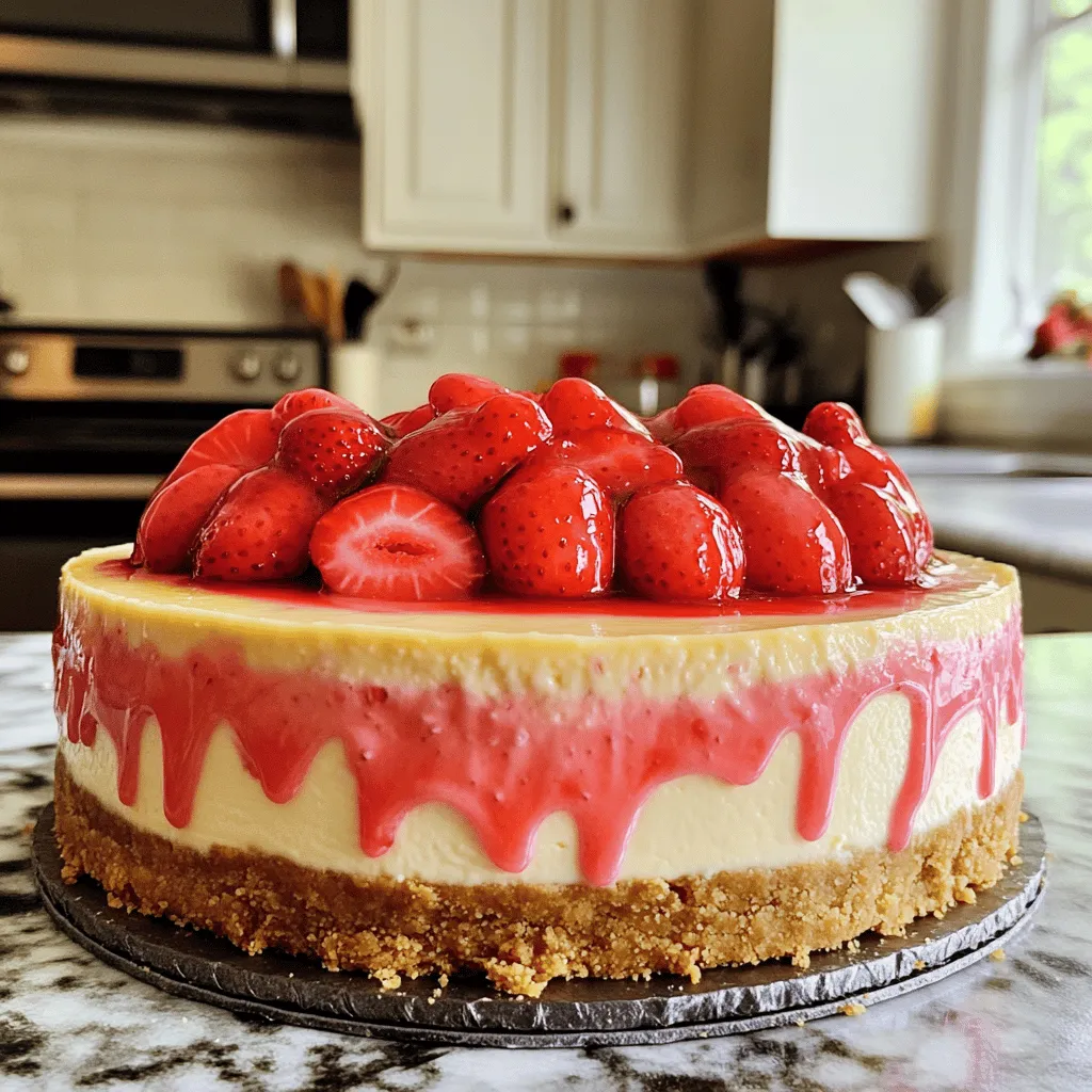 To make a delicious strawberry cheesecake, you need some key ingredients: - 1 ½ cups digestive biscuits, finely crushed - ½ cup unsalted butter, melted - 16 oz (450 g) cream cheese, softened to room temperature - 1 cup granulated sugar - 2 teaspoons pure vanilla extract - 3 large eggs, at room temperature - 1 cup sour cream, not low-fat - 1 ½ cups fresh strawberries, pureed until smooth - 2 tablespoons cornstarch - Fresh strawberries, whole, for garnish These ingredients work together to create a creamy and rich cheesecake. The digestive biscuits form a crunchy base, while cream cheese gives it that signature flavor. You can add a twist to your cheesecake with these optional ingredients: - Lemon zest for a citrusy kick - A splash of almond extract for added depth - Dark chocolate chips for a chocolatey treat - Different berries like raspberries or blueberries for variety Feel free to mix and match! Each option adds its own flair to the classic strawberry cheesecake. If you can't find some ingredients, here are smart substitutes: - Use graham crackers instead of digestive biscuits for the crust. - Swap cream cheese for mascarpone cheese for a lighter texture. - Use Greek yogurt instead of sour cream for a tangy taste. - Replace fresh strawberries with frozen ones if needed; just thaw and drain excess water. These substitutes can help you whip up a fantastic cheesecake even if you're out of some key ingredients. For the full recipe, you can refer to the Heavenly Strawberry Cheesecake section! First, gather your ingredients. You need 1 ½ cups of finely crushed digestive biscuits and ½ cup of melted unsalted butter. Preheat your oven to 325°F (163°C). Next, grease a 9-inch springform pan lightly or line the bottom with parchment paper. In a medium bowl, mix the crushed biscuits and melted butter. Stir until it looks like wet sand. Now, press this mixture firmly into the bottom of the pan. Make sure it's even. Bake the crust for 10 minutes, then take it out to cool completely. Now, let’s focus on the filling. You will need 16 oz of softened cream cheese, 1 cup of granulated sugar, and 2 teaspoons of pure vanilla extract. In a large bowl, beat the cream cheese with an electric mixer until smooth, about 2-3 minutes. Gradually add the sugar in thirds, mixing well after each addition. Then, mix in the vanilla extract. Add 3 large eggs one at a time, mixing on low speed after each. Be careful not to overmix! Fold in 1 cup of sour cream and 1 ½ cups of pureed fresh strawberries. Finally, sift in 2 tablespoons of cornstarch and mix just until combined. Carefully pour the cheesecake filling over the cooled crust. Smooth the top with a spatula. Bake in the oven for 50-60 minutes. The center should be set but still jiggle a bit. Once it’s done, turn off the oven and leave the door slightly open. Let the cheesecake cool in the oven for 1 hour. After that, take it out and let it cool to room temperature. Cover it and refrigerate for at least 4 hours or, even better, overnight. When ready to serve, unlock the springform pan and lift off the sides. Decorate with whole fresh strawberries on top. Enjoy your delicious creation! For the complete recipe, check the Full Recipe above! When making strawberry cheesecake, avoid common mistakes to ensure success. Here are some key points: - Overmixing the batter can make your cheesecake dense. Mix just until smooth. - Skipping room temperature ingredients will lead to lumps. Always soften cream cheese and eggs. - Opening the oven door too soon can cause cracks. Wait until the baking time is over. Achieving the ideal texture is crucial for a great cheesecake. Follow these tips: - Use a water bath while baking. It helps maintain moisture. - Don’t bake too long. The center should jiggle slightly when done. - Cool slowly in the oven with the door ajar. This helps prevent cracks. Serving your cheesecake beautifully enhances the experience. Here’s how: - Slice neatly using a hot knife for clean edges. - Garnish with fresh strawberries on top for a pop of color. - Drizzle with strawberry puree for extra flavor and visual appeal. - Add mint leaves for a fresh touch and a splash of green. For the full recipe, check out Heavenly Strawberry Cheesecake. Enjoy the fun of creating this delightful dessert! {{image_4}} You can skip the oven with a no-bake strawberry cheesecake. This method uses a creamy filling that sets in the fridge. Start with the same crust made from crushed digestive biscuits and melted butter. For the filling, mix softened cream cheese, sugar, and pureed strawberries. Add whipped cream for extra fluffiness. Pour the filling over the crust, then chill it for at least four hours. This option is easy and perfect for warm days. If you want a vegan option, you can use cashews instead of cream cheese. Soak raw cashews in water for a few hours. Then blend them until smooth. Use maple syrup for sweetness and coconut cream for richness. For the crust, you can use nuts and dates. Press the mixture into a pan and pour the cashew mix on top. Chill it until firm. This cheesecake is creamy and full of flavor, without any dairy. For a low-sugar version, replace regular sugar with a sugar substitute like erythritol. This keeps the sweetness without the extra calories. You can also use a gluten-free cookie for the crust. Many brands offer tasty gluten-free digestive biscuits. Follow the same steps as the original recipe. This way, you can enjoy cheesecake while being mindful of sugar and gluten. For more details, check out the Full Recipe for all variations. To keep your strawberry cheesecake fresh, follow these tips: - Cool completely before storing. - Use an airtight container or wrap it tightly with plastic wrap. - Store in the fridge for up to 5 days. - Avoid direct sunlight or heat sources. These steps help keep the flavor and texture just right. Freezing your cheesecake is a great option. Here’s how: - Slice the cheesecake into portions for easy thawing. - Wrap each slice in plastic wrap, then foil. - Place in an airtight container or freezer bag. - Label with the date and freeze for up to 3 months. When you’re ready to enjoy, just remove it from the freezer. Reheating cheesecake isn’t common, but here’s what to do: - Let it sit at room temperature for about 30 minutes. - If it’s too cold, you can place it in a low oven (200°F) for 10 minutes. - Avoid microwaving as it can change the texture. You can also refresh flavors by adding fresh strawberries or a drizzle of sauce before serving. Enjoy the deliciousness! To prevent cracks, keep the oven temperature low. Bake at 325°F (163°C). Also, avoid overmixing. Overmixing adds air, which can cause cracks. Another tip is to use a water bath. Place the cheesecake pan in a larger pan filled with water. This helps keep the cheesecake moist. Finally, let the cheesecake cool slowly. Leave it in the oven with the door ajar for an hour after baking. Yes, you can make strawberry cheesecake ahead of time. In fact, it tastes better when chilled overnight. Prepare it a day before your event. After baking, let it cool at room temperature. Then, cover it and place it in the fridge. This allows the flavors to blend well. You can also freeze it for longer storage. Just wrap it tightly and store it for up to a month. Serving strawberry cheesecake can be fun and creative! You can slice it into wedges and place it on pretty plates. Drizzle extra strawberry puree on top for added flair. Garnish with whole fresh strawberries for a pop of color. Add mint leaves for a fresh touch. For a twist, serve with whipped cream or chocolate sauce. You can also pair it with coffee or tea for a delightful treat. For the full recipe, check out the Heavenly Strawberry Cheesecake section above. You now know the key steps to make a great strawberry cheesecake. We covered the ingredients, from the base to fun options for variations. You learned easy steps for the crust and filling, plus tips to avoid mistakes. We also discussed storing leftovers and answered common questions. Enjoy creating this treat at home. With the right ingredients and care, you'll impress everyone with your skills. Happy baking!