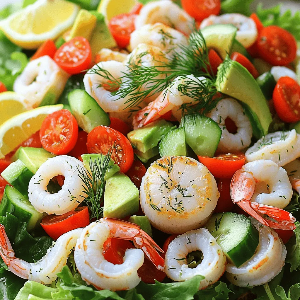 - 200g shrimp, peeled and deveined - 200g calamari rings - 100g scallops - 1 small red bell pepper, diced - 1 small cucumber, diced - 1 ripe avocado, diced - 1 cup cherry tomatoes, halved - 2 tablespoons extra virgin olive oil - 1 tablespoon freshly squeezed lemon juice - 1 tablespoon fresh dill, finely chopped - Salt and freshly cracked black pepper to taste When preparing seafood salad, the ingredients make all the difference. Start with fresh seafood. The shrimp, calamari, and scallops bring a taste of the ocean. Each piece adds its own flavor and texture. For the vegetables, choose bright and crunchy options. The red bell pepper gives a sweet crunch. The cucumber adds a cool bite. The ripe avocado brings creaminess, while the cherry tomatoes add juicy sweetness. Together, they make the salad colorful and appealing. The dressing pulls it all together. Extra virgin olive oil gives a rich taste. Fresh lemon juice adds zing. Dill brings a fragrant touch. Salt and pepper enhance every bite. Using these fresh ingredients will elevate your seafood salad. You can find the full recipe to guide you through the process. Enjoy the fresh and flavorful delight! 1. Boil water in a medium pot and add a pinch of salt. 2. Add the shrimp and cook for 2-3 minutes until they turn pink. 3. Use a slotted spoon to remove the shrimp and set them aside to cool. 4. In the same water, add calamari rings and cook for 1-2 minutes until tender. 5. Remove the calamari and let it cool. 6. Finally, add the scallops to the pot and cook for 4-5 minutes until opaque. 7. Drain all seafood and let it cool completely. 1. In a large bowl, combine the diced red bell pepper, cucumber, avocado, and halved cherry tomatoes. 2. Mix gently to keep the avocado in good shape. 1. Once the seafood is cool, add it to the vegetable mixture. 2. Stir carefully to combine without mashing the avocado. 1. Drizzle the olive oil over the seafood and vegetables. 2. Squeeze fresh lemon juice on top. 3. Add dill, salt, and pepper to taste. 4. Toss everything gently for even coverage. 1. Take a generous handful of mixed salad greens. 2. Place the greens on plates or a large platter. 3. Top with the seafood salad mixture for a bright and lively dish. This seafood salad is a fresh and flavorful delight, perfect for any occasion. For more detailed cooking steps, check out the Full Recipe. To cook seafood well, timing is key. For shrimp, cook for 2-3 minutes until they turn pink. Calamari needs just 1-2 minutes until it is tender. For scallops, 4-5 minutes is perfect until they are opaque. Remember, overcooking seafood makes it tough. Keep an eye on it! Avocado browns quickly after cutting. To keep it fresh, add lemon juice right after dicing. The acid slows browning. You can also keep the pit in the salad for a bit longer freshness. Cover the salad tightly with plastic wrap if you need to store leftovers. This helps keep air out. To enhance your seafood salad, think about flavors. You can add a splash of hot sauce for heat or mix in some garlic for depth. Fresh herbs like parsley or cilantro can brighten the dish. For a twist, try a dash of sesame oil. It adds a nutty flavor that pairs well with seafood. For the full recipe, check out the Seafood Delight Salad! {{image_4}} You can mix things up by using various seafood in your salad. Try adding crab for a sweet taste. Tuna brings a nice, meaty flavor. Lobster adds a touch of luxury and richness. Each seafood option brings its unique taste and texture. Feel free to experiment with what you love! Not everyone eats seafood, and that’s okay! You can create a tasty salad using beans or tofu. Chickpeas add protein and heartiness. Cubed tofu soaks up flavors well and gives a nice bite. You can also try lentils for a different texture. These options make your salad just as satisfying. To make your salad even better, add spices and herbs. A pinch of paprika gives a warm kick. Fresh parsley or basil brightens up the dish. You can also drizzle a different dressing, like balsamic vinaigrette. This adds a tangy profile that pairs nicely with seafood or veggies. Enjoy the endless ways to enhance your salad! To keep seafood salad fresh, store it in an airtight container. Place it in the fridge right after serving. This helps keep the seafood and veggies crisp. Use it within two days for the best taste. If the salad has dressing, it can make the veggies soggy. Keep the dressing separate if you plan to store it for later. Can you freeze seafood salad? I do not recommend freezing it. Seafood and veggies do not freeze well together. The texture changes, and it may become watery. If you have extra seafood, cook it and freeze it separately. You can add it fresh when you're ready to enjoy the salad again. How to properly reheat seafood salad? You should not reheat seafood salad. It tastes best cold or at room temperature. If you need to use leftover seafood, heat it gently in a pan over low heat. Just warm it through, so it does not overcook. Always check the salad for freshness before eating. For the complete recipe, refer to the Full Recipe details above. Yes, this seafood salad is gluten-free. Most ingredients are naturally gluten-free. Here’s a quick list of gluten-free items in the recipe: - Shrimp - Calamari - Scallops - Red bell pepper - Cucumber - Avocado - Cherry tomatoes - Olive oil - Lemon juice - Dill - Salad greens Always check labels when buying pre-packaged items. This helps avoid any hidden gluten. You can store seafood salad in the fridge for up to three days. Make sure to keep it in an airtight container. The seafood stays fresh, and the flavors remain bright. If you notice any odd smells or changes in texture, it's best to toss it. Yes, you can make seafood salad in advance. Prepare the salad up to a day ahead. Store it in the fridge until you are ready to serve. This allows the flavors to meld and taste even better. However, add avocado right before serving to keep it fresh. Seafood salads offer many health benefits. They are low in calories but high in protein. Seafood is rich in omega-3 fatty acids, which are good for your heart. Plus, the fresh vegetables add vitamins and fiber to your meal. Eating seafood salad helps keep your diet balanced and nutritious. In this post, we explored the best seafood salad recipe. We covered essential ingredients like shrimp, calamari, and fresh veggies. You learned step-by-step instructions, along with tips for perfect cooking and storage. With this knowledge, you can create a bright, tasty dish. Enjoy mixing flavors and trying variations. Seafood salads offer nutrition and delight, making them a perfect meal choice. Dive in and enjoy!