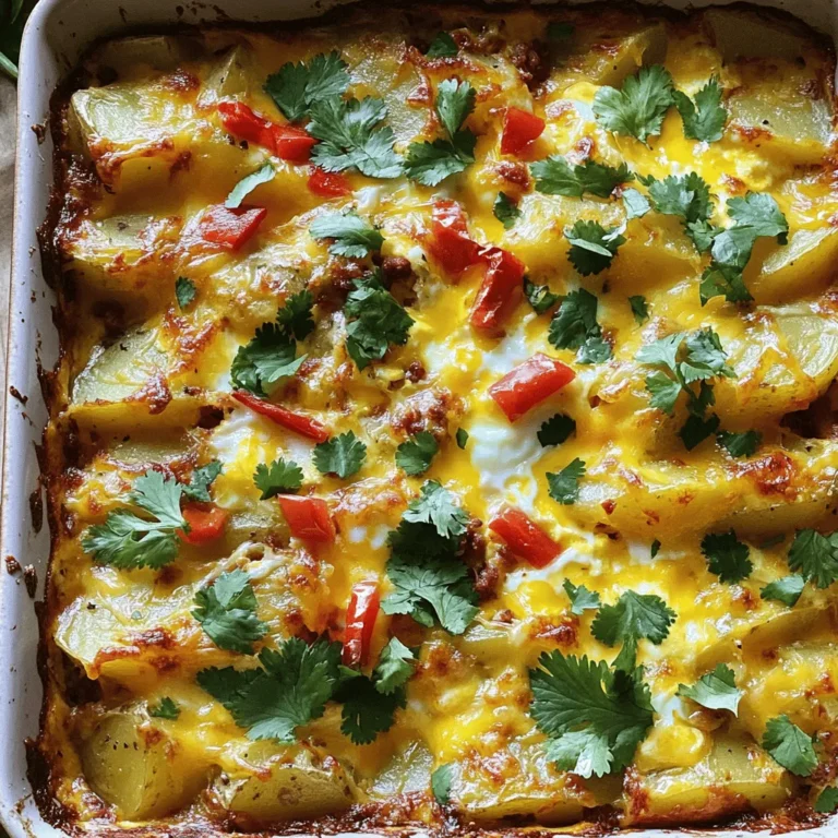 - 1 pound chorizo sausage - 4 medium potatoes - 1 medium onion - 1 red bell pepper - 4 large eggs - 1 cup whole milk - 1 cup shredded sharp cheddar cheese For this casserole, the chorizo sausage is key. It packs a punch of flavor that blends well with the other ingredients. You’ll need four medium potatoes, which add heartiness to the dish. Onions and a red bell pepper bring sweetness and color. The eggs and milk create a creamy base, while cheddar cheese adds a melty finish. - 1 teaspoon smoked paprika - 1 teaspoon garlic powder - Salt and black pepper to taste Seasonings are simple but effective. Smoked paprika gives a nice depth. Garlic powder adds a savory touch. Don’t forget salt and black pepper to enhance all the flavors. - Fresh cilantro - Hot sauce - Slices of avocado Garnishing makes your dish pop. Fresh cilantro adds a bright touch. If you like heat, hot sauce is your friend. Slices of avocado bring creaminess that balances the spice. For the Full Recipe, check the complete instructions and tips that will guide you through this delicious journey. Enjoy the process and the meal! - Preheat the oven to 375°F (190°C). - Prepare and dice the potatoes, onion, and bell pepper. Start by setting your oven. A hot oven helps the casserole cook evenly. While it heats, chop your veggies. Dice the potatoes into half-inch cubes. This size cooks well. Finely chop the onion for nice flavor. Dice the red bell pepper too. All these ingredients make a great base for the casserole. - Brown the chorizo in a skillet. - Drain excess fat if necessary. Next, take a large skillet and add the chorizo. Cook it over medium heat. Break it apart with a spoon. This helps it brown evenly. Cook for about 5 to 7 minutes. If there's a lot of fat, drain it. This step keeps your dish from being too greasy. - Sauté potatoes and onion until softened. - Add in the red bell pepper and cook until tender. In the same skillet, add your diced potatoes and onion. Sauté these for 10 to 12 minutes. Stir often; this helps them cook evenly. When the potatoes start to soften, add the red bell pepper. Cook for another 5 minutes until all veggies are tender and fragrant. - Whisk together eggs, milk, and seasonings. While your veggies cook, grab a mixing bowl. In it, whisk together the eggs and milk. Add smoked paprika, garlic powder, salt, and black pepper. This mixture adds flavor and richness to your casserole. Make sure it's well combined and a bit frothy. - Layer chorizo and vegetables in a baking dish. - Pour the egg mixture over the top. - Sprinkle with cheese. Now, it's time to build your casserole. Grease a 9x13 inch baking dish. Start by layering the chorizo at the bottom. Next, add the sautéed veggies on top. Pour your egg mixture evenly over everything. Finally, sprinkle shredded cheese on top. This will melt and become gooey during baking. - Bake for 25-30 minutes until set. - Cool and slice before serving. Place your baking dish in the preheated oven. Bake it for 25 to 30 minutes. You want the eggs to be set and the cheese to bubble. To check, insert a knife in the center. It should come out clean. Once done, let the casserole cool for 5 minutes. Then slice it into squares and serve. For the full recipe, check out the details provided. Enjoy your hearty meal! To get the best egg consistency, use fresh eggs. Fresh eggs give a rich and fluffy texture. Mix them well with the milk and seasonings. This helps create a smooth mix. Avoid overcooking the casserole to keep the eggs soft. Bake until the eggs are just set. If you see a slight jiggle in the center, that’s okay! Let the casserole rest for a few minutes after baking. This helps it firm up. If you want a lighter dish, try using turkey or chicken sausage. They add flavor with less fat. For a dairy-free option, swap whole milk for almond milk or coconut milk. These alternatives work well in the egg mix. If you want to skip the cheese, try nutritional yeast for a cheesy flavor without dairy. This casserole pairs well with a fresh salad or some sliced avocado. The coolness of avocado balances the warm dish. For a kick, serve with hot sauce on the side. Garnish with fresh cilantro for color and flavor. You can also drizzle some salsa on top for extra zest. It not only looks nice but adds a burst of flavor! {{image_4}} You can make a great version with plant-based chorizo. This swap keeps all the flavor but makes it meat-free. When using vegetarian chorizo, reduce cooking time. Cook it just until heated through. This change helps maintain the texture and taste. Cheese can change the whole dish! You might try pepper jack for spice or mozzarella for creaminess. If you want a lighter dish, skip the cheese. The casserole will still be tasty without it. Want more color and nutrition? Add veggies like spinach or mushrooms. Just chop them small so they cook well. For spinach, toss it in the last few minutes of cooking. For mushrooms, add them early like the potatoes. This way, they become tender and flavorful. Store your leftover chorizo and potato egg casserole in an airtight container. This keeps it fresh and tasty. The maximum shelf life in the refrigerator is about four days. Always let it cool before you store it. This prevents excess moisture build-up, which can make the casserole soggy. Freezing this dish is a great option if you want to save some for later. First, ensure it is fully cooled. Cut it into portions for easy thawing. Wrap each portion tightly in plastic wrap and then place them in a freezer bag. This helps stop freezer burn. You can freeze it for up to three months. When you’re ready to eat, thaw it overnight in the fridge. To reheat your casserole, I recommend using the oven for the best texture. Preheat the oven to 350°F (175°C). Place the casserole in a baking dish, cover it with foil to keep moisture in, and heat for about 20-25 minutes. If you prefer using the microwave, place a portion on a microwave-safe plate. Heat it in short bursts of 1-2 minutes until heated through. Be careful not to overcook it, as this can make the eggs tough. Enjoy your delicious leftovers! For the full recipe, check out the details above. Yes, you can prepare the casserole ahead of time. To do this, follow these steps: - Cook the chorizo and the vegetables as usual. - Layer them in the baking dish. - Whisk the egg mixture and pour it over the layers. - Cover and store in the fridge overnight. - When ready, take it out, let it sit at room temperature for 30 minutes, then bake as directed. Yes, this dish is gluten-free. The main ingredients like chorizo, potatoes, and eggs do not contain gluten. Just check labels on each product to ensure there are no hidden gluten sources. To add some heat to your casserole, try these tips: - Use spicy chorizo instead of mild. - Add diced jalapeños or crushed red pepper flakes. - Mix in some hot sauce into the egg mixture for extra flavor. For a complete meal, consider these side dishes: - A simple green salad with vinaigrette. - Sliced avocado for creaminess. - Fresh fruit for a sweet balance. Look for these signs to know if your casserole is done: - The eggs should be set and no longer runny. - The cheese should be bubbly and golden brown. - Insert a knife in the center; it should come out clean. For the full recipe of this delicious dish, check out the [Full Recipe]. This blog post outlined a tasty Chorizo & Potato Egg Casserole. We covered key ingredients like chorizo, potatoes, and cheese. You learned each step, from prepping to baking. Plus, we shared tricks for the perfect texture and ideas for variations. In the end, this dish is easy to make and perfect for sharing. Enjoy it with family or friends. With the right tips, you can make it your own. Dive into this recipe and have fun in the kitchen!