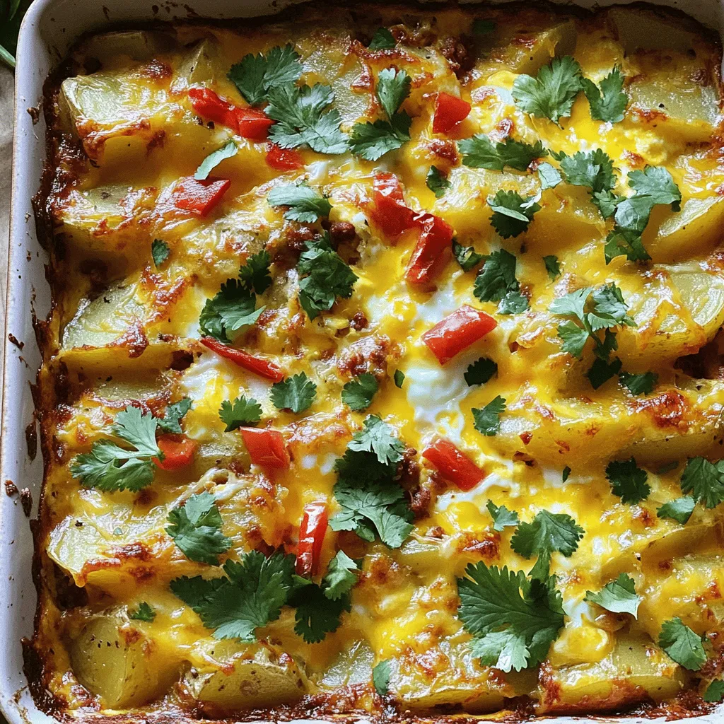 - 1 pound chorizo sausage - 4 medium potatoes - 1 medium onion - 1 red bell pepper - 4 large eggs - 1 cup whole milk - 1 cup shredded sharp cheddar cheese For this casserole, the chorizo sausage is key. It packs a punch of flavor that blends well with the other ingredients. You’ll need four medium potatoes, which add heartiness to the dish. Onions and a red bell pepper bring sweetness and color. The eggs and milk create a creamy base, while cheddar cheese adds a melty finish. - 1 teaspoon smoked paprika - 1 teaspoon garlic powder - Salt and black pepper to taste Seasonings are simple but effective. Smoked paprika gives a nice depth. Garlic powder adds a savory touch. Don’t forget salt and black pepper to enhance all the flavors. - Fresh cilantro - Hot sauce - Slices of avocado Garnishing makes your dish pop. Fresh cilantro adds a bright touch. If you like heat, hot sauce is your friend. Slices of avocado bring creaminess that balances the spice. For the Full Recipe, check the complete instructions and tips that will guide you through this delicious journey. Enjoy the process and the meal! - Preheat the oven to 375°F (190°C). - Prepare and dice the potatoes, onion, and bell pepper. Start by setting your oven. A hot oven helps the casserole cook evenly. While it heats, chop your veggies. Dice the potatoes into half-inch cubes. This size cooks well. Finely chop the onion for nice flavor. Dice the red bell pepper too. All these ingredients make a great base for the casserole. - Brown the chorizo in a skillet. - Drain excess fat if necessary. Next, take a large skillet and add the chorizo. Cook it over medium heat. Break it apart with a spoon. This helps it brown evenly. Cook for about 5 to 7 minutes. If there's a lot of fat, drain it. This step keeps your dish from being too greasy. - Sauté potatoes and onion until softened. - Add in the red bell pepper and cook until tender. In the same skillet, add your diced potatoes and onion. Sauté these for 10 to 12 minutes. Stir often; this helps them cook evenly. When the potatoes start to soften, add the red bell pepper. Cook for another 5 minutes until all veggies are tender and fragrant. - Whisk together eggs, milk, and seasonings. While your veggies cook, grab a mixing bowl. In it, whisk together the eggs and milk. Add smoked paprika, garlic powder, salt, and black pepper. This mixture adds flavor and richness to your casserole. Make sure it's well combined and a bit frothy. - Layer chorizo and vegetables in a baking dish. - Pour the egg mixture over the top. - Sprinkle with cheese. Now, it's time to build your casserole. Grease a 9x13 inch baking dish. Start by layering the chorizo at the bottom. Next, add the sautéed veggies on top. Pour your egg mixture evenly over everything. Finally, sprinkle shredded cheese on top. This will melt and become gooey during baking. - Bake for 25-30 minutes until set. - Cool and slice before serving. Place your baking dish in the preheated oven. Bake it for 25 to 30 minutes. You want the eggs to be set and the cheese to bubble. To check, insert a knife in the center. It should come out clean. Once done, let the casserole cool for 5 minutes. Then slice it into squares and serve. For the full recipe, check out the details provided. Enjoy your hearty meal! To get the best egg consistency, use fresh eggs. Fresh eggs give a rich and fluffy texture. Mix them well with the milk and seasonings. This helps create a smooth mix. Avoid overcooking the casserole to keep the eggs soft. Bake until the eggs are just set. If you see a slight jiggle in the center, that’s okay! Let the casserole rest for a few minutes after baking. This helps it firm up. If you want a lighter dish, try using turkey or chicken sausage. They add flavor with less fat. For a dairy-free option, swap whole milk for almond milk or coconut milk. These alternatives work well in the egg mix. If you want to skip the cheese, try nutritional yeast for a cheesy flavor without dairy. This casserole pairs well with a fresh salad or some sliced avocado. The coolness of avocado balances the warm dish. For a kick, serve with hot sauce on the side. Garnish with fresh cilantro for color and flavor. You can also drizzle some salsa on top for extra zest. It not only looks nice but adds a burst of flavor! {{image_4}} You can make a great version with plant-based chorizo. This swap keeps all the flavor but makes it meat-free. When using vegetarian chorizo, reduce cooking time. Cook it just until heated through. This change helps maintain the texture and taste. Cheese can change the whole dish! You might try pepper jack for spice or mozzarella for creaminess. If you want a lighter dish, skip the cheese. The casserole will still be tasty without it. Want more color and nutrition? Add veggies like spinach or mushrooms. Just chop them small so they cook well. For spinach, toss it in the last few minutes of cooking. For mushrooms, add them early like the potatoes. This way, they become tender and flavorful. Store your leftover chorizo and potato egg casserole in an airtight container. This keeps it fresh and tasty. The maximum shelf life in the refrigerator is about four days. Always let it cool before you store it. This prevents excess moisture build-up, which can make the casserole soggy. Freezing this dish is a great option if you want to save some for later. First, ensure it is fully cooled. Cut it into portions for easy thawing. Wrap each portion tightly in plastic wrap and then place them in a freezer bag. This helps stop freezer burn. You can freeze it for up to three months. When you’re ready to eat, thaw it overnight in the fridge. To reheat your casserole, I recommend using the oven for the best texture. Preheat the oven to 350°F (175°C). Place the casserole in a baking dish, cover it with foil to keep moisture in, and heat for about 20-25 minutes. If you prefer using the microwave, place a portion on a microwave-safe plate. Heat it in short bursts of 1-2 minutes until heated through. Be careful not to overcook it, as this can make the eggs tough. Enjoy your delicious leftovers! For the full recipe, check out the details above. Yes, you can prepare the casserole ahead of time. To do this, follow these steps: - Cook the chorizo and the vegetables as usual. - Layer them in the baking dish. - Whisk the egg mixture and pour it over the layers. - Cover and store in the fridge overnight. - When ready, take it out, let it sit at room temperature for 30 minutes, then bake as directed. Yes, this dish is gluten-free. The main ingredients like chorizo, potatoes, and eggs do not contain gluten. Just check labels on each product to ensure there are no hidden gluten sources. To add some heat to your casserole, try these tips: - Use spicy chorizo instead of mild. - Add diced jalapeños or crushed red pepper flakes. - Mix in some hot sauce into the egg mixture for extra flavor. For a complete meal, consider these side dishes: - A simple green salad with vinaigrette. - Sliced avocado for creaminess. - Fresh fruit for a sweet balance. Look for these signs to know if your casserole is done: - The eggs should be set and no longer runny. - The cheese should be bubbly and golden brown. - Insert a knife in the center; it should come out clean. For the full recipe of this delicious dish, check out the [Full Recipe]. This blog post outlined a tasty Chorizo & Potato Egg Casserole. We covered key ingredients like chorizo, potatoes, and cheese. You learned each step, from prepping to baking. Plus, we shared tricks for the perfect texture and ideas for variations. In the end, this dish is easy to make and perfect for sharing. Enjoy it with family or friends. With the right tips, you can make it your own. Dive into this recipe and have fun in the kitchen!