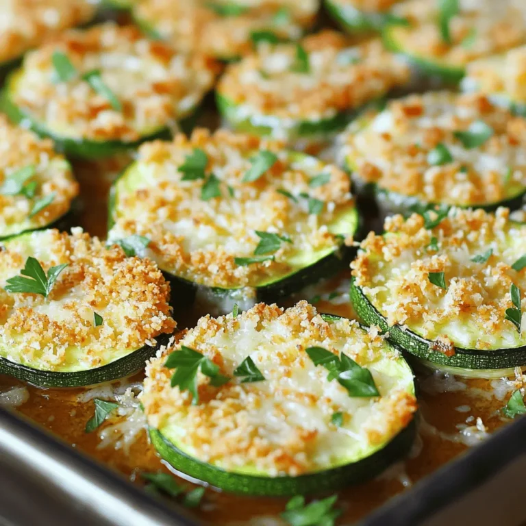 To make Baked Parmesan Zucchini, you need: - 3 medium zucchinis, sliced into 1/4-inch rounds - 1 cup freshly grated Parmesan cheese - 1 cup whole wheat breadcrumbs - 2 tablespoons extra virgin olive oil - 2 teaspoons garlic powder - 1 teaspoon Italian seasoning blend - Salt and freshly ground black pepper to taste - Fresh parsley, finely chopped (for garnish) When measuring, use a dry measuring cup for the cheese and breadcrumbs. This ensures you get the right amount. Slice the zucchini evenly to help them cook at the same rate. Use a sharp knife for clean cuts. Toss the sliced zucchini in olive oil thoroughly. This helps the coating stick better. If you do not have whole wheat breadcrumbs, regular breadcrumbs work well too. For a dairy-free option, try nutritional yeast instead of cheese. You can mix different herbs if you enjoy new flavors. Oregano or thyme can add a nice touch. If you prefer a spicier kick, add red pepper flakes to the mix. You can find the full recipe [here]. Start by gathering your ingredients. You'll need three medium zucchinis, freshly grated Parmesan cheese, whole wheat breadcrumbs, and a few spices. Slice the zucchinis into 1/4-inch rounds. This size helps them cook well and get crispy. In a mixing bowl, combine the cheese, breadcrumbs, garlic powder, Italian seasoning, salt, and black pepper. Mix it until everything blends nicely. Next, drizzle the zucchini slices with olive oil. Toss them gently to coat. This oil helps the coating stick and adds flavor. Now, it's time to coat the zucchini. Take each slice and dip it into the cheese mixture. Press lightly to help it stick well. Make sure every slice gets an even coat for the best crunch. Place the coated zucchini on a lined baking sheet. Keep space between each slice so they can cook evenly. Preheat your oven to 400°F (200°C) and bake the zucchini for 20-25 minutes. Watch for them to turn golden brown. This color shows they are crispy and ready to eat. Once they are done, take them out of the oven. Let them cool for a few minutes. This makes them easier to handle. Transfer the baked zucchini to a serving platter. For a pop of color, garnish with chopped parsley. This adds freshness and makes the dish look nice. You can serve this as a side dish or a snack. Pair it with marinara sauce for dipping, or enjoy it on its own. For the full recipe, you can check the complete instructions and measurements. You can use any zucchini type for this dish. Green zucchini is common and easy to find. Yellow squash offers a sweet taste and vibrant color. Both create a lovely texture. Try using smaller zucchini for a more tender bite. Larger zucchinis can be watery and less flavorful. For crispy Baked Parmesan Zucchini, follow these tips: - Slice evenly: Cut zucchini into 1/4-inch rounds. This helps them cook evenly. - Pat dry: Use a paper towel to remove excess moisture. This prevents sogginess. - Space them out: Arrange zucchini slices on the baking sheet without overlap. This allows hot air to circulate. - Use a wire rack: If you have one, place it on your baking sheet. This helps air flow and adds extra crisp. You can easily boost the flavor of your zucchini. Try these ideas: - Add spices: Include smoked paprika or cayenne pepper for a kick. - Fresh herbs: Mix in fresh basil or thyme with the Parmesan for a fresh taste. - Zesty twist: Add lemon zest to the breadcrumb mix for brightness. - Cheese options: Blend the Parmesan with other cheeses like mozzarella or cheddar for a different flavor. These tips will help you create a delicious and crispy treat! For the full recipe, check the earlier sections. {{image_4}} You can mix up your Baked Parmesan Zucchini by adding other cheeses. Try mozzarella for a gooey twist. Cheddar can add a sharper taste. If you want a bolder flavor, use aged Gouda. Each cheese brings its own charm. Feel free to experiment and find your favorite combo. Zucchini is great, but you can add more veggies. Slice up some eggplant or bell peppers. They bake well and add color. You can also use yellow squash for a fun mix. Just remember to adjust the cooking time if needed. This keeps your dish fresh and exciting. If you need a gluten-free option, swap the breadcrumbs. Use almond flour or crushed cornflakes. They give a nice crunch too. Always check labels to ensure no gluten sneaks in. This way, everyone can enjoy this tasty treat. For the full recipe, check out the Baked Parmesan Zucchini Delight. To store your leftover Baked Parmesan Zucchini, let it cool first. Place the slices in an airtight container. You can keep them in the fridge for up to three days. Use parchment paper between layers to avoid sticking. This keeps them fresh and ready for your next meal! When you're ready to eat the leftovers, preheat your oven to 350°F (175°C). Place the zucchini slices on a baking sheet. Heat them for about 10-15 minutes. This method keeps the crispiness. Avoid microwaving, as it can make the zucchini soggy. Baked Parmesan Zucchini stays good in the fridge for about three days. If you want to keep it longer, you can freeze it. Wrap each slice in plastic wrap and put them in a freezer bag. They will last for about two months in the freezer. For the best taste, enjoy it fresh! For the full recipe, check out Baked Parmesan Zucchini Delight. Baked Parmesan Zucchini pairs well with many dishes. You can serve it with grilled chicken or fish for a balanced meal. It also goes great with pasta dishes or a fresh salad. If you want a lighter option, try it with quinoa or couscous. The crispy texture adds a nice crunch to any plate. Yes, you can make Baked Parmesan Zucchini in advance. You can prepare the zucchini slices and coat them with the cheese and breadcrumb mix. After that, place them in the fridge for up to 24 hours. When you are ready to bake, just pop them in the oven. This makes meal prep easy and fun! You will know the zucchini is fully cooked when it is tender. The cheese and breadcrumbs should be golden brown and crispy. You can easily pierce the zucchini with a fork to check for softness. If it feels soft and the coating is crispy, it’s ready to eat. Enjoy your delicious Baked Parmesan Zucchini Delight! In this post, we explored the key ingredients for baked Parmesan zucchini, plus how to prep and measure. We broke down step-by-step cooking instructions and shared smart serving tips. I offered ways to enhance flavor and achieve crispiness using different zucchini types. You also learned about variations and how to store leftovers effectively. Baked Parmesan zucchini is simple, tasty, and perfect for many meals. Try it out and enjoy!