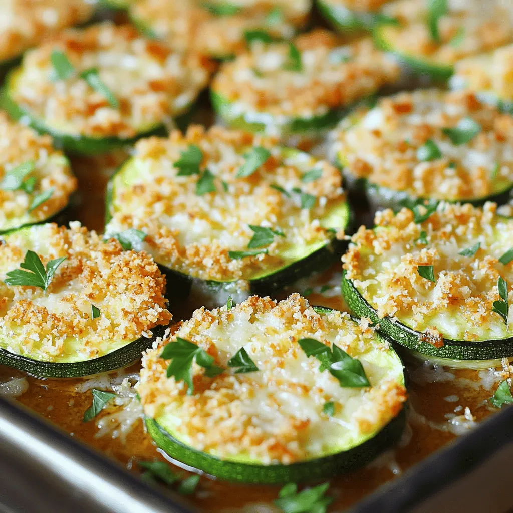 To make Baked Parmesan Zucchini, you need: - 3 medium zucchinis, sliced into 1/4-inch rounds - 1 cup freshly grated Parmesan cheese - 1 cup whole wheat breadcrumbs - 2 tablespoons extra virgin olive oil - 2 teaspoons garlic powder - 1 teaspoon Italian seasoning blend - Salt and freshly ground black pepper to taste - Fresh parsley, finely chopped (for garnish) When measuring, use a dry measuring cup for the cheese and breadcrumbs. This ensures you get the right amount. Slice the zucchini evenly to help them cook at the same rate. Use a sharp knife for clean cuts. Toss the sliced zucchini in olive oil thoroughly. This helps the coating stick better. If you do not have whole wheat breadcrumbs, regular breadcrumbs work well too. For a dairy-free option, try nutritional yeast instead of cheese. You can mix different herbs if you enjoy new flavors. Oregano or thyme can add a nice touch. If you prefer a spicier kick, add red pepper flakes to the mix. You can find the full recipe [here]. Start by gathering your ingredients. You'll need three medium zucchinis, freshly grated Parmesan cheese, whole wheat breadcrumbs, and a few spices. Slice the zucchinis into 1/4-inch rounds. This size helps them cook well and get crispy. In a mixing bowl, combine the cheese, breadcrumbs, garlic powder, Italian seasoning, salt, and black pepper. Mix it until everything blends nicely. Next, drizzle the zucchini slices with olive oil. Toss them gently to coat. This oil helps the coating stick and adds flavor. Now, it's time to coat the zucchini. Take each slice and dip it into the cheese mixture. Press lightly to help it stick well. Make sure every slice gets an even coat for the best crunch. Place the coated zucchini on a lined baking sheet. Keep space between each slice so they can cook evenly. Preheat your oven to 400°F (200°C) and bake the zucchini for 20-25 minutes. Watch for them to turn golden brown. This color shows they are crispy and ready to eat. Once they are done, take them out of the oven. Let them cool for a few minutes. This makes them easier to handle. Transfer the baked zucchini to a serving platter. For a pop of color, garnish with chopped parsley. This adds freshness and makes the dish look nice. You can serve this as a side dish or a snack. Pair it with marinara sauce for dipping, or enjoy it on its own. For the full recipe, you can check the complete instructions and measurements. You can use any zucchini type for this dish. Green zucchini is common and easy to find. Yellow squash offers a sweet taste and vibrant color. Both create a lovely texture. Try using smaller zucchini for a more tender bite. Larger zucchinis can be watery and less flavorful. For crispy Baked Parmesan Zucchini, follow these tips: - Slice evenly: Cut zucchini into 1/4-inch rounds. This helps them cook evenly. - Pat dry: Use a paper towel to remove excess moisture. This prevents sogginess. - Space them out: Arrange zucchini slices on the baking sheet without overlap. This allows hot air to circulate. - Use a wire rack: If you have one, place it on your baking sheet. This helps air flow and adds extra crisp. You can easily boost the flavor of your zucchini. Try these ideas: - Add spices: Include smoked paprika or cayenne pepper for a kick. - Fresh herbs: Mix in fresh basil or thyme with the Parmesan for a fresh taste. - Zesty twist: Add lemon zest to the breadcrumb mix for brightness. - Cheese options: Blend the Parmesan with other cheeses like mozzarella or cheddar for a different flavor. These tips will help you create a delicious and crispy treat! For the full recipe, check the earlier sections. {{image_4}} You can mix up your Baked Parmesan Zucchini by adding other cheeses. Try mozzarella for a gooey twist. Cheddar can add a sharper taste. If you want a bolder flavor, use aged Gouda. Each cheese brings its own charm. Feel free to experiment and find your favorite combo. Zucchini is great, but you can add more veggies. Slice up some eggplant or bell peppers. They bake well and add color. You can also use yellow squash for a fun mix. Just remember to adjust the cooking time if needed. This keeps your dish fresh and exciting. If you need a gluten-free option, swap the breadcrumbs. Use almond flour or crushed cornflakes. They give a nice crunch too. Always check labels to ensure no gluten sneaks in. This way, everyone can enjoy this tasty treat. For the full recipe, check out the Baked Parmesan Zucchini Delight. To store your leftover Baked Parmesan Zucchini, let it cool first. Place the slices in an airtight container. You can keep them in the fridge for up to three days. Use parchment paper between layers to avoid sticking. This keeps them fresh and ready for your next meal! When you're ready to eat the leftovers, preheat your oven to 350°F (175°C). Place the zucchini slices on a baking sheet. Heat them for about 10-15 minutes. This method keeps the crispiness. Avoid microwaving, as it can make the zucchini soggy. Baked Parmesan Zucchini stays good in the fridge for about three days. If you want to keep it longer, you can freeze it. Wrap each slice in plastic wrap and put them in a freezer bag. They will last for about two months in the freezer. For the best taste, enjoy it fresh! For the full recipe, check out Baked Parmesan Zucchini Delight. Baked Parmesan Zucchini pairs well with many dishes. You can serve it with grilled chicken or fish for a balanced meal. It also goes great with pasta dishes or a fresh salad. If you want a lighter option, try it with quinoa or couscous. The crispy texture adds a nice crunch to any plate. Yes, you can make Baked Parmesan Zucchini in advance. You can prepare the zucchini slices and coat them with the cheese and breadcrumb mix. After that, place them in the fridge for up to 24 hours. When you are ready to bake, just pop them in the oven. This makes meal prep easy and fun! You will know the zucchini is fully cooked when it is tender. The cheese and breadcrumbs should be golden brown and crispy. You can easily pierce the zucchini with a fork to check for softness. If it feels soft and the coating is crispy, it’s ready to eat. Enjoy your delicious Baked Parmesan Zucchini Delight! In this post, we explored the key ingredients for baked Parmesan zucchini, plus how to prep and measure. We broke down step-by-step cooking instructions and shared smart serving tips. I offered ways to enhance flavor and achieve crispiness using different zucchini types. You also learned about variations and how to store leftovers effectively. Baked Parmesan zucchini is simple, tasty, and perfect for many meals. Try it out and enjoy!