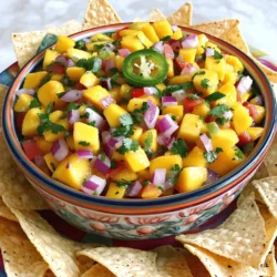 - 2 ripe mangoes, diced - 1 red bell pepper, finely chopped - 1 small red onion, finely chopped - 1 jalapeño pepper, minced - 1/4 cup fresh cilantro - Juice of 2 limes - Salt to taste - Tortilla chips for serving - Sharp knife for dicing - Cutting board - Medium-sized mixing bowl - Large spoon for mixing Gathering the right ingredients is key to making fresh mango salsa. You want ripe mangoes, as they add sweetness and a nice texture. Look for mangoes that give a little when you press them gently. They should smell sweet too. The red bell pepper adds crunch and a sweet taste. Finely chop it to mix well with the other flavors. The small red onion brings a mild bite that balances the sweetness of the mango. For heat, the jalapeño pepper is perfect. Mince it finely, and be careful! Wear gloves while you chop, as it can be spicy. You can adjust the amount based on your heat preference. Fresh cilantro adds a burst of flavor and brightens the salsa. Chop it finely so it blends in well. Lime juice is crucial. It adds zest, balancing the sweetness of the mango. Finally, salt brings all the flavors together. Adjust to your taste. Don’t forget the tortilla chips! They are the perfect crunchy partner for this salsa. When you gather these ingredients, you're on your way to a fresh flavor explosion. For the full recipe, check out the Tropical Mango Fiesta Salsa. - Dice mangoes into small cubes. Choose ripe mangoes for the best flavor. - Chop red bell pepper and onion. This adds a nice crunch and color. - Mince the jalapeño pepper (use gloves). This keeps the heat from sticking to your skin. - Combine all chopped ingredients in a bowl. Mix them carefully to keep the mango intact. - Add fresh cilantro and lime juice. The lime brightens the dish and adds zest. - Toss gently to combine without mashing. Be delicate to keep the salsa fresh and vibrant. - Adjust salt to taste. Start with a pinch and add more if needed. - Let sit for at least 15 minutes for flavors to meld. This resting time enhances the taste. When you prepare this mango salsa, remember to check out the Full Recipe for more tips and details. Enjoy with crispy tortilla chips! When you choose mangoes, look for ripe and fragrant ones. A ripe mango feels slightly soft when you press it gently. The skin may show some yellow or red hue. You can also smell the stem area; it should have a sweet aroma. To check for ripeness, gently squeeze the mango. If it gives just a little, it’s ready. Avoid mangoes that feel too hard or have dark spots. Pair your mango salsa with various tortilla chip types. You can use classic corn chips for crunch. For a twist, try blue corn chips or even pita chips. Present your salsa in a colorful bowl to catch the eye. You can also add garnishes like extra cilantro leaves or lime wedges. This adds a nice touch for your guests. Feel free to enhance your salsa flavors. Adding minced garlic gives a savory depth. You can also sprinkle in spices like cumin or smoked paprika. These add warmth and complexity. Adjust the lime juice to make your salsa tangier. Start with a little, then taste and add more if you like. This lets you customize the flavor to your liking. {{image_4}} You can make your mango salsa even more exciting by adding other fruits. Pineapples work great! Their sweet and tangy flavor pairs well with mango. Just chop them like mango and mix them in. Avocados are another fantastic choice. They add creaminess and a different texture. For a tropical twist, try adding coconut flakes. This gives the salsa a fun, chewy texture and a burst of flavor. Want to change the heat? You can adjust the jalapeño in your salsa. If you like it hot, add more jalapeño or some chili flakes. If you prefer it mild, use less jalapeño or remove the seeds. You can also try different peppers. Poblano peppers are a good choice for a milder heat. Serrano peppers add a nice kick if you want something spicier. Mango salsa isn’t just for chips! You can use it as a topping for grilled meats. It tastes amazing on chicken or fish. The fresh flavors brighten up any dish. You can also serve mango salsa as a salad or side dish. Pair it with rice or quinoa for a light meal. It adds color and flavor to your plate, making every meal feel special. To keep your mango salsa fresh, store leftovers in the fridge. Use an airtight container to seal in flavors. I prefer glass containers, as they do not absorb odors. Make sure to let the salsa cool before sealing it for best results. Mango salsa can last up to three days in the fridge. After that, its quality may decline. Signs that your salsa has gone bad include a sour smell or changes in color. Discard it if you notice any mold or an off taste. Yes, you can freeze mango salsa! To freeze it, pour the salsa into a freezer-safe container. Leave some space at the top for expansion. When you're ready to use it, thaw in the fridge overnight. Enjoy the full recipe for a tasty mango salsa treat! Yes, you can use frozen mangoes. However, they may change the texture. Frozen mangoes tend to be softer when thawed. This can make your salsa a bit mushy. If you prefer a firmer bite, fresh mangoes are best. If you only have frozen mangoes, make sure to drain any excess liquid. This will help keep your salsa from becoming too watery. If you dislike cilantro, try using fresh parsley. It has a mild flavor and adds a nice color. You can also use basil for a different taste. Mint is another option that can bring a fresh twist. Just remember to chop any herb finely for a better mix. To add heat, increase the amount of jalapeño. You can also add some chopped serrano peppers for more spice. Another option is to sprinkle in red pepper flakes. Start with a small amount, then taste and adjust as needed. If you want a smoky flavor, try adding a bit of smoked paprika. Mango salsa is a fresh and vibrant dish packed with flavor. We explored the key ingredients, tools, and simple steps to create it. Remember to let your salsa sit for a bit to mix those great tastes. You can also customize it with fruits or spices for added flair. Whether you pair it with chips or use it on meats, this salsa shines in its versatility. Enjoy this cheerful dish at your next gathering or as a tasty treat any day!