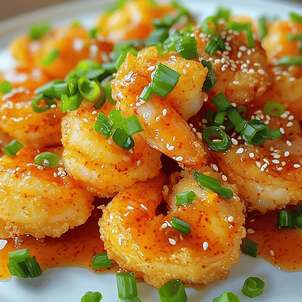 - Shrimp specifics: Choose large shrimp for the best texture. Ensure they are peeled and deveined. Fresh shrimp offer the best flavor, but frozen is fine too. Just make sure they are fully thawed before cooking. - Importance of buttermilk in the recipe: Buttermilk is key for tenderness. Soaking shrimp in buttermilk helps them stay juicy. It also adds a slight tang that enhances the taste. - Role of seasonings and spices: The mix of paprika, garlic powder, salt, and pepper gives the shrimp great flavor. Each spice adds its own unique taste, making every bite exciting. This blend creates a crunchy, savory coating that is hard to resist. - Key ingredients in the sauce: The sauce combines mayonnaise, sweet chili sauce, and lime juice. These ingredients create a creamy, spicy mix that pairs perfectly with the shrimp. - Adjusting spice levels with Sriracha: Sriracha adds heat and flavor. You can adjust how much you use based on your spice preference. A little gives a nice kick, while more makes it fiery. - Presentation garnishes to enhance the dish: Garnish with thinly sliced green onions and sesame seeds. These not only add flavor but also make the dish look beautiful. A well-presented dish is more appealing and makes every meal special. For the full recipe, check the [Full Recipe]. First, soak the shrimp in buttermilk for flavor and tenderness. This step is key. Let them sit for at least 30 minutes. It makes the shrimp juicy and tasty. After soaking, drain off any excess buttermilk. This helps the batter stick better. Next, it's time to make the batter. In a large bowl, whisk together the all-purpose flour, cornstarch, paprika, garlic powder, salt, and black pepper. Whisking helps blend the ingredients evenly. Cornstarch is vital here. It gives the shrimp that perfect crispy texture. Now, let’s cook the shrimp. Heat about 2 cups of oil in a skillet. Get the oil to around 350°F (175°C). You can check if it's hot enough by dropping a bit of batter in. If it sizzles, you're ready! Carefully place the shrimp in the oil. Don't overcrowd the pan; this can make them soggy. Cook for 2-3 minutes on each side. Look for a golden brown color. Once done, transfer them to a plate lined with paper towels. This removes excess oil. For the Bang Bang sauce, mix mayonnaise, sweet chili sauce, Sriracha, and lime juice in a bowl. Stir until smooth. Adjust the spice to your liking. Now, toss the hot shrimp in the sauce. Ensure each shrimp is well coated. This gives them that delightful flavor explosion. Serve them on a plate and enjoy your creation! For the complete details, check the Full Recipe. To get that crispy shrimp, follow these tips: - Avoid Soggy Batter: The secret is the buttermilk soak. It tenderizes the shrimp. Drain off excess buttermilk before coating. This keeps the batter dry and crispy. - Adjust Frying Times: Larger shrimp need more time to cook. Fry them for 3-4 minutes on each side. Smaller shrimp cook faster, about 2-3 minutes. Always check for a golden brown color. Pair your Bang Bang Shrimp with delightful sides: - Ideal Sides: Serve with a fresh green salad or steamed rice. These sides balance the rich flavors. You can also add crispy vegetable spring rolls for extra crunch. - Plating Techniques: For a stunning presentation, use a large white plate. Lay down some lettuce leaves for color. Arrange the shrimp in a circle. Add a small bowl of extra Bang Bang sauce in the center for dipping. Garnish with green onions and sesame seeds to impress your guests. For a full recipe, check out the Bang Bang Shrimp Delight. {{image_4}} You can change up the flavor of your Bang Bang shrimp by using different sauces. For instance, try using garlic aioli or a spicy ranch sauce. Both add a fresh twist that can surprise your taste buds. Adding herbs or spices to the batter can also give your shrimp a new taste. Try adding fresh parsley or cilantro for a burst of flavor. A pinch of cayenne pepper can give it a nice kick too. Mix and match to find your favorite combo! You can bake or fry your Bang Bang shrimp. Frying gives you a crispy texture, but baking is healthier. When baking, preheat your oven to 425°F (220°C). Spread the shrimp on a baking sheet and spray with oil. Bake for about 15-20 minutes or until golden. Using an air fryer is another great method. It cooks shrimp evenly while using less oil. Set the air fryer to 400°F (200°C) and cook for about 8-10 minutes. Shake the basket halfway through for even cooking. This method keeps the shrimp crispy and tasty without the extra fat. For the complete recipe, check out the Full Recipe. To keep Bang Bang Shrimp fresh, store it in the fridge. Place the shrimp in an airtight container. This helps keep the shrimp crispy and flavorful. For best results, eat leftovers within three days. If you think you won't finish it, store the shrimp sauce separately. This way, the shrimp won’t get soggy. Use glass or plastic containers with tight lids. These containers prevent air from drying out the shrimp. If you have a lot, consider a larger container. Just make sure it seals well. Label your container with the date. This helps you remember when you made it. To enjoy your Bang Bang Shrimp again, reheating is key. Avoid using the microwave if possible. Instead, use the oven for better results. Preheat your oven to 375°F (190°C). Spread the shrimp on a baking sheet. Bake for about 10 minutes. This helps the shrimp regain some crispiness. If you must use a microwave, place the shrimp on a microwave-safe plate. Heat it in 30-second intervals. Check to ensure it doesn't lose its crunch. You want it warm but not soggy. For a quick fix, an air fryer works great too. Set it to 350°F (175°C) and cook for about 5 minutes. This will keep the shrimp crispy and tasty. Enjoy your Bang Bang Shrimp again with its delightful flavor! For full instructions, check the [Full Recipe]. Bang Bang Shrimp is a tasty dish made with crispy fried shrimp. It features a creamy, spicy sauce. This dish comes from Asian cuisine, but it gained fame in American restaurants. The name may come from the sound of the shrimp frying. People love it for its crunchy texture and bold flavors. You can prepare parts of Bang Bang Shrimp ahead of time. Soak the shrimp in buttermilk the night before. This keeps them tender. You can also mix the Bang Bang sauce in advance. Store both in the fridge until you're ready to cook. Fry the shrimp right before serving for the best crunch. If you need gluten-free options, use gluten-free flour. For dairy-free, replace buttermilk with a plant-based milk. You can mix in a little lemon juice to mimic the tanginess of buttermilk. These swaps keep the dish tasty while fitting your diet. You can change the flavor of your Bang Bang Shrimp easily. Add herbs like cilantro for a fresh twist. You can also mix in different spices, like chili powder, for extra heat. For a sweet touch, try adding honey to the sauce. Experiment to find your favorite version! Bang Bang Shrimp pairs well with many sides. Serve it with a fresh salad for a light meal. Rice or noodles make great choices for a filling option. Slaw adds a nice crunch and balances the dish. These sides enhance the overall dining experience. Many popular restaurants serve Bang Bang Shrimp. Look for Asian fusion or seafood places in your area. Some chain restaurants also feature it on their menus. You can check local reviews to find the best spots. Enjoying this dish out can inspire your cooking at home. Bang Bang Shrimp is all about balance—fresh shrimp, rich buttermilk, and zesty sauce. Whether you fry, bake, or use an air fryer, mastering this dish is easy. Don’t forget to customize the sauce and enjoy it with your favorite sides. With these tips and tricks, you can impress anyone with your cooking skills. Remember, practice makes perfect. So, dive in and make your own Bang Bang Shrimp today! It’s a delicious treat you won't regret.