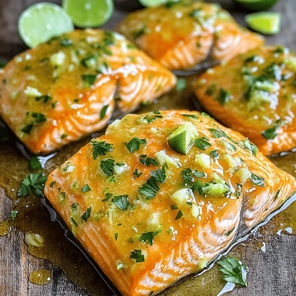 To make this dish, you need a few key ingredients. Here’s the list: - 4 salmon fillets (approximately 6 oz each) - 4 tablespoons unsalted butter, melted - 3 tablespoons honey - 2 tablespoons freshly squeezed lime juice - 3 cloves garlic, finely minced - Zest of 1 lime - Salt, to taste - Freshly ground black pepper, to taste - Fresh parsley, finely chopped, for garnish - Lime wedges, for serving These ingredients work together to create a bright, tangy taste that pairs perfectly with the rich salmon. You can take this dish up a notch with some optional add-ins. Try these: - Red pepper flakes for a spicy kick - Fresh ginger for warmth and depth - Sesame oil for a nutty note - Fresh herbs like dill or cilantro for added freshness Experimenting with these options lets you customize the dish to your taste. Having the right tools makes cooking easier. Here’s what you’ll need: - Baking dish - Parchment paper or cooking spray - Small mixing bowl - Whisk - Measuring spoons These tools help make the cooking process smooth and efficient. You can find the full recipe for Honey-Lime Garlic Butter Baked Salmon to help guide you through the steps. Start by preheating your oven to 375°F (190°C). This step is key for even cooking. While the oven warms up, take the salmon fillets and pat them dry with a paper towel. This helps the skin crisp up nicely. Next, season both sides of the salmon with salt and freshly ground black pepper. You want to make sure each fillet gets a good amount of seasoning. Place the seasoned fillets in a baking dish lined with parchment paper. This will help with cleanup later! Now, let’s whip up the honey-lime garlic butter sauce. In a small mixing bowl, combine 4 tablespoons of melted unsalted butter, 3 tablespoons of honey, and 2 tablespoons of freshly squeezed lime juice. Add 3 cloves of finely minced garlic and the zest of one lime to the mix. Whisk everything together until it’s smooth. This sauce is where the magic happens! The sweet honey and zesty lime really bring out the best in the salmon. Once your sauce is ready, drizzle it evenly over the salmon fillets in the baking dish. Use a spoon to ensure each piece is coated well. Your salmon will soak up all that tasty flavor! Place the dish in the preheated oven and bake for 15-20 minutes. Keep an eye on it; the salmon is ready when it flakes easily with a fork. After baking, let it rest for a couple of minutes. This helps the juices settle, making your salmon even more tender. Finish with a sprinkle of fresh parsley and serve with lime wedges for a burst of freshness. For the complete guide, check out the Full Recipe. To get perfectly cooked salmon, follow a few easy steps. First, choose fresh salmon fillets. Look for bright color and a clean smell. Then, pay close attention to cooking time. Bake salmon for 15 to 20 minutes. A fork should easily flake the fish. If you have a thick fillet, it may need a bit longer. Always let the salmon rest for a couple of minutes after baking. This helps keep it juicy. You can boost the flavor of the honey-lime garlic butter baked salmon in simple ways. Add herbs like dill or cilantro for a fresh twist. You can also sprinkle some chili flakes for a kick. If you like a touch of sweetness, try maple syrup instead of honey. For a tangy twist, swap lime juice for lemon juice. These small changes can make your dish stand out. When you serve honey-lime garlic butter baked salmon, think about great sides. Pair it with steamed broccoli or a light salad. Quinoa or rice works well too. These sides balance the rich flavors of the salmon. For a refreshing touch, serve with lime wedges. They add brightness to each bite. This meal is not just tasty; it looks beautiful too! Serve it on a white platter, drizzled with leftover sauce and parsley. For the full recipe, check the section above. {{image_4}} If you want to switch things up, consider using different fish. You can use trout or cod instead of salmon. Both have a mild flavor and work well with the honey-lime garlic butter. For those who avoid dairy, substitute the butter with olive oil or a dairy-free butter. This keeps the dish light and tasty while meeting your needs. You can easily grill or pan-sear the salmon. For grilling, preheat your grill to medium heat. Place the salmon directly on the grill grates and cook for about 6-8 minutes per side. This method adds a nice smoky flavor. If you prefer pan-searing, heat a non-stick skillet over medium-high heat. Add a bit of oil and cook the salmon for about 4-5 minutes on each side. This gives a crispy skin that many love. Pair this salmon with simple sides for a complete meal. Roasted or steamed veggies work well. Think broccoli, asparagus, or green beans. A refreshing salad with mixed greens and a citrus vinaigrette adds brightness. For something heartier, serve it with quinoa or rice. These sides balance the rich flavor of the salmon beautifully. Check out the full recipe for more tips! To keep your baked salmon fresh, store it in an airtight container. Make sure the salmon cools down first. Place it in the fridge within two hours of cooking. This helps prevent bacteria from growing. You can also wrap the salmon tightly with plastic wrap. It will keep moisture in and flavor intact. When you want to enjoy leftovers, reheating is key. Preheat your oven to 275°F (135°C). Place the salmon on a baking sheet. Cover it with foil to lock in moisture. Heat for about 15 minutes. This method helps keep the salmon juicy and flavorful. You can also microwave it, but be careful not to overcook. Heat in short bursts of 30 seconds. Cooked salmon stays fresh in the fridge for up to three days. If you want to keep it longer, freeze it. Wrap the salmon in plastic wrap and then in foil. It can last up to three months in the freezer. Just remember to label it with the date. When ready to eat, thaw it in the fridge overnight before reheating. For a tasty meal, follow the Full Recipe. The best salmon for baking is wild-caught salmon. It has better flavor and texture. King salmon or sockeye salmon are excellent choices. They stay juicy and flaky when cooked. Farmed salmon can work too, but it may be less rich in taste. Yes, you can use maple syrup or agave nectar. Both options add sweetness without changing the flavor much. If you prefer a low-carb option, try using a sugar substitute. Just remember to use less, as they can be sweeter than honey. Lemon juice is a great substitute for lime juice. It offers a similar tangy flavor. You can also use vinegar, like apple cider or white vinegar, but use less. The taste will change a bit, but it still works well in the recipe. The salmon is done when it flakes easily with a fork. You can also check if it reaches an internal temperature of 145°F (63°C). If it’s still a bit rare in the center, it’s okay. Let it rest for a few minutes to finish cooking. Yes, you can easily double this recipe for more servings. Just make sure to use a larger baking dish. Keep an eye on the cooking time, as it may need a few extra minutes. You want to ensure all the fillets cook evenly and stay juicy. For the full recipe, visit the link in the article. This blog post covered everything you need for Honey-Lime Garlic Butter Baked Salmon. We discussed essential ingredients, optional flavors, and the right tools. You learned the steps to prepare and bake the salmon perfectly. Tips for cooking and serving ensure a tasty meal. We also explored variations and storage methods. In summary, this dish is easy, delicious, and versatile. Try it out and enjoy a great meal!