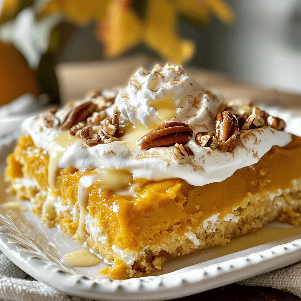 - 1 can (15 oz) pumpkin puree - 1 can (12 oz) evaporated milk - 1 cup granulated sugar - 3 large eggs - 1 teaspoon vanilla extract - 2 teaspoons pumpkin pie spice - 1 box (15.25 oz) yellow cake mix - 1/2 cup unsalted butter, melted Using fresh ingredients is key. Fresh pumpkin puree gives a rich taste. Evaporated milk adds creaminess. Granulated sugar sweetens the dish just right. Eggs bind everything together. Vanilla extract enhances the flavors. Pumpkin pie spice brings that warm autumn flavor. A good yellow cake mix adds a light texture. Melted butter gives a nice finish. - 1 cup chopped pecans (optional) - Whipped cream, for serving (optional) You can add chopped pecans for crunch. They also give a nice nutty flavor. Whipped cream on top makes it extra special. You can use whipped cream to balance the sweetness. Try adding a sprinkle of cinnamon or nutmeg for extra spice. You can even swap pumpkin pie spice for ginger or cardamom. Mix it up based on what you like! 1. Start by preheating your oven to 350°F (175°C). This is key for even baking. 2. Next, grab a 9x13 inch baking dish. Grease it well with cooking spray or butter. This helps the cake come out easily. 3. In a large bowl, mix together the pumpkin puree, evaporated milk, sugar, eggs, vanilla, and pumpkin pie spice. Use a whisk for a smooth blend. No lumps, please! 4. Once mixed, pour the pumpkin blend into your greased dish. Spread it out evenly using a spatula. 1. Now, take the box of yellow cake mix. Sprinkle it evenly over the pumpkin layer. Do not stir it! 2. Melt your butter and drizzle it over the cake mix. This gives it a nice golden top. 3. If using pecans, sprinkle them on top of the buttered cake mix for crunch. 4. Place the baking dish in the oven. Bake for 50-60 minutes. Look for a golden brown top and use a toothpick to check. If it comes out clean, it’s ready! 5. Once it’s done, remove the dish from the oven. Let it cool for 10-15 minutes before serving. This helps the flavors mix well. 6. For a tasty touch, serve with whipped cream on top. Enjoy your Pumpkin Pie Dump Cake! For the complete recipe, check out the [Full Recipe]. To make your pumpkin pie dump cake perfect, follow these tips: - Mix well: Blend the pumpkin puree, milk, sugar, eggs, and spices until smooth. - Layer properly: Pour the pumpkin mix into the dish first. Then sprinkle the cake mix on top. Do not stir. - Butter it up: Drizzle melted butter evenly over the cake mix. This helps it bake evenly. - Watch your time: Bake for 50-60 minutes. Look for a golden top and clean toothpick. Common mistakes to avoid include: - Skipping the whisking: If the mix is lumpy, your cake won't be smooth. - Not greasing the dish: A greased dish helps the cake come out easily. - Overbaking: Keep an eye on your cake. Too long in the oven makes it dry. Serving your pumpkin pie dump cake is simple and fun. Here are some ideas: - Serve warm: This cake tastes best when it’s warm from the oven. - Top with whipped cream: A dollop of whipped cream adds a creamy touch. - Add spices: Dust some pumpkin pie spice over the whipped cream for extra flavor. For drinks, try pairing it with: - Hot apple cider: The warm spices match perfectly with pumpkin flavors. - Coffee: A cup of coffee can balance the sweetness of the cake. - Spiced tea: This adds a cozy element to your dessert experience. Enjoy your delightful pumpkin pie dump cake! {{image_4}} You can change the flavor of your Pumpkin Pie Dump Cake with different cake mixes. Try chocolate or spice cake mixes for a fun twist. Each mix gives the cake a unique taste. You can also add seasonal spices like nutmeg or ginger. These spices bring warmth and depth to the dish. For a sweeter touch, consider using brown sugar or maple syrup instead of white sugar. These swaps create a richer flavor profile. If you need a gluten-free option, use a gluten-free cake mix. It works just as well as regular cake mix. For a dairy-free version, swap the evaporated milk with coconut milk or almond milk. These alternatives add a nice creaminess without dairy. You can also replace the butter with dairy-free margarine. If you have nut allergies, skip the pecans or use pumpkin seeds for crunch. These swaps keep your dessert safe and tasty. To keep your pumpkin pie dump cake fresh, store it in an airtight container. This helps to lock in moisture. If you don't have one, you can cover it tightly with plastic wrap. Place it in the fridge to keep it cool. You can store leftovers for up to four days. The flavors will still taste great during this time. When you're ready to enjoy your leftovers, you can reheat them in the oven or microwave. For the oven, set it to 350°F (175°C) and warm the cake for about 15 minutes. This helps maintain the cake's texture. In the microwave, heat a slice for about 30 seconds. Be careful not to overheat it, as it can become dry. For serving, add a dollop of whipped cream on top. You can also sprinkle some extra pumpkin pie spice for a fun twist. Enjoy your delicious cake warm! You can easily make this cake festive for special occasions. Consider adding a layer of cream cheese frosting on top for extra sweetness. You might also sprinkle some festive colored sprinkles. For Thanksgiving, use cute leaf-shaped cookie cutters to cut out pie crusts. Bake these and place them on top. Serve your cake with a side of spiced apple cider for a seasonal touch. Yes, you can freeze your Pumpkin Pie Dump Cake. Allow it to cool completely before wrapping it tightly in plastic wrap. Then, place it in an airtight container or a freezer bag. This way, it will stay fresh for up to three months. When you're ready to enjoy it, thaw it in the fridge overnight. To warm it up, bake it at 350°F for about 15-20 minutes. This keeps the texture nice and tasty. To know if your cake is done, look for a golden brown top. You can also insert a toothpick in the center. If it comes out clean, your cake is ready. The baking time is crucial. Bake it for 50-60 minutes at 350°F. Keep an eye on it in the last few minutes to avoid overbaking. In this post, we explored the joys of making Pumpkin Pie Dump Cake. We covered key ingredients, preparation steps, and tips for perfecting your dessert. Don't forget to add your favorite toppings and try variations for extra flavor. Store leftovers properly and enjoy them later without losing texture. With easy baking cues and festive ideas, you can impress any guest. Remember, every bite should be fun and delicious! Enjoy your baking adventure and create sweet memories.