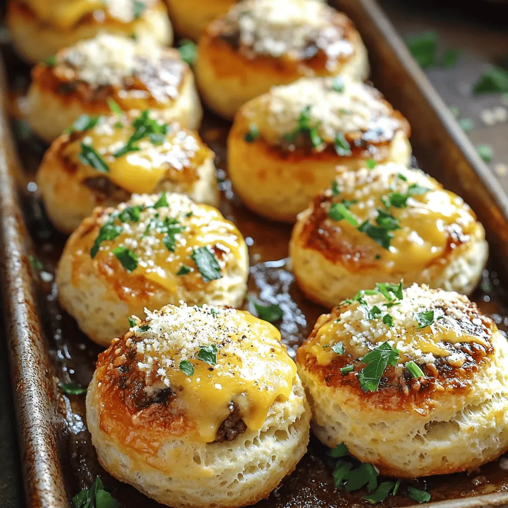 To make these Garlic Parmesan Cheeseburger Bombs, you need a few key ingredients. Each one brings great taste and texture. Here’s what you’ll need: - 1 pound ground beef - 1 cup shredded sharp cheddar cheese - 1/2 cup shredded mozzarella cheese - 1/4 cup grated Parmesan cheese - 1 tablespoon garlic powder - 1 teaspoon onion powder - 1/2 teaspoon ground black pepper - 1 teaspoon salt - 1 package (8 pieces) of refrigerated biscuit dough - 1/4 cup fresh parsley, finely chopped (for garnish) - 2 tablespoons unsalted butter, melted - Extra grated Parmesan for topping These ingredients create a flavor-packed explosion in every bite. The mix of cheeses gives a creamy, savory taste. The garlic powder adds a punch that pairs well with beef. Plus, the biscuit dough forms a soft, buttery shell. When shopping, look for fresh ground beef and quality cheeses. Fresh herbs like parsley brighten the dish. You can find all these ingredients at your local grocery store. For the full recipe, check out the entire guide. Enjoy the fun of cooking these tasty bombs! Start by preheating your oven to 375°F (190°C). This step is key for getting that perfect golden brown crust on your cheeseburger bombs. In a large bowl, mix 1 pound of ground beef with the following ingredients: - 1 cup shredded sharp cheddar cheese - 1/2 cup shredded mozzarella cheese - 1/4 cup grated Parmesan cheese - 1 tablespoon garlic powder - 1 teaspoon onion powder - 1/2 teaspoon ground black pepper - 1 teaspoon salt Use your hands or a spatula to blend everything together. Make sure the beef and cheese are well combined. This mixture brings all the flavors together. Open 1 package of refrigerated biscuit dough. Carefully separate each biscuit. Flatten each one a bit with your hands or a rolling pin. Aim for circles about 4 inches wide. This will hold your filling well. Spoon about 2 tablespoons of the beef and cheese mixture into the center of each biscuit. Gently fold the edges over the filling. Pinch the seams tightly to keep the filling inside. Shape them into balls. This step is fun and satisfying! Place the filled biscuits seam side down on a greased baking tray. Space them at least an inch apart. In a small bowl, mix melted butter with a bit of garlic powder. Brush this mixture on top of each bomb. Sprinkle extra grated Parmesan over them. Bake in the preheated oven for 15-20 minutes. They are done when golden brown and cooked through. Once baked, let them cool for a few minutes. Serve warm and enjoy! For the full recipe, check out the details above. To make sure your Garlic Parmesan Cheeseburger Bombs cook evenly, follow a few simple steps. First, space the bombs on the baking tray with at least one inch between them. This allows hot air to flow around each bomb. Second, preheat your oven properly. A hot oven cooks the bombs evenly. Finally, check for doneness by looking for a golden brown color. You can use a meat thermometer; the filling should reach 160°F. For a flavor boost, consider adding fresh herbs. Chopped fresh basil or thyme pairs well with the beef. You can also mix in diced jalapeños for a spicy kick. Another way to enhance flavor is by adding a dash of Worcestershire sauce to the meat mixture. For a richer taste, use a blend of cheeses. A mix of gouda or pepper jack can add depth. Serve your Garlic Parmesan Cheeseburger Bombs warm for the best taste. Let them cool for about five minutes after baking. This cooling time helps the filling set slightly, making them easier to eat. If you want to keep them warm longer, place them in a low-temperature oven. Serve them with dipping sauces like ketchup or ranch for added fun. Enjoy the cheesy goodness! {{image_4}} You can change the filling of your cheeseburger bombs to fit your taste. Try using ground turkey or sausage instead of beef. You can mix in different cheeses like pepper jack for some heat or gouda for a smoky flavor. Adding sautéed onions or peppers gives a sweet touch. Want a fun twist? Use BBQ sauce instead of seasonings for a tangy flavor. The options are endless! Besides baking in the oven, you can try cooking these bombs in an air fryer. Set your air fryer to 350°F (175°C) and cook for about 10-12 minutes. This gives you a crispy outside while keeping the filling juicy. You can also grill them for a smoky flavor. Wrap each bomb in foil and place it on the grill for about 15-20 minutes. Just keep an eye on them to avoid burning. If you're looking for vegetarian options, swap the meat for cooked lentils or black beans. You can also use mushrooms as a hearty filling. For a gluten-free version, look for gluten-free biscuit dough. Many brands offer great alternatives that taste just as good. You can also create a crispy crust using mashed potatoes instead of dough. Enjoy experimenting with flavors and textures! After you enjoy your Garlic Parmesan Cheeseburger Bombs, store any leftovers right away. Place them in an airtight container. They will stay fresh in the fridge for up to three days. This helps keep the flavors intact. If you want to keep them longer, consider freezing them. To enjoy your leftovers, preheat your oven to 350°F (175°C). Place the bombs on a baking sheet. Cover them with foil to avoid drying out. Heat for about 10-15 minutes, or until warm. You can also use a microwave. Heat them for 30 seconds to a minute. Check if they are hot before serving. If you want to freeze Garlic Parmesan Cheeseburger Bombs, do it right after they cool. Wrap each bomb in plastic wrap. Then, place them in a freezer bag. They can last up to three months in the freezer. When ready to eat, thaw them in the fridge overnight. Bake them as directed in the Full Recipe for a tasty treat anytime. Yes, you can prepare these bombs in advance. Make the filling and fill the dough. Then, store them in the fridge for up to 24 hours. When you are ready, bake them straight from the fridge. They may need an extra few minutes in the oven. You have many options for substitutes. Ground turkey or chicken works well. You can also use plant-based ground meat for a vegetarian version. Just make sure to adjust the seasoning to match your choice. To change the spice level, add red pepper flakes or hot sauce to the meat mixture. For less heat, simply reduce or omit these ingredients. You can make these bombs as mild or spicy as you like! We’ve covered the key ingredients, steps, and tips to make delicious cheeseburger bombs. You learned how to prepare the beef and cheese mixture, shape the bombs, and bake them to perfection. Remember, you can customize your bombs with different fillings or cooking methods. Store any leftovers properly for later enjoyment. Making these treats can be fun and tasty. Now, get in the kitchen and whip up your own cheeseburger bombs! Enjoy!