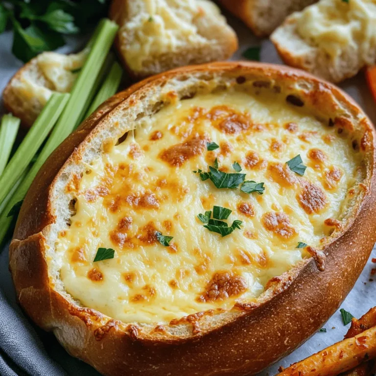 For my Baked Garlic Bread Dip, you need a few key ingredients. This dish is creamy, cheesy, and full of flavor. It is simple to prepare and perfect for gatherings. You can serve it warm with bread or veggies. 1. Large French baguette: This forms the base of the dip. It holds the creamy filling and adds crunch. 2. Cream cheese: It gives the dip its rich and smooth texture. 3. Sour cream: This adds tanginess and balances the cream cheese. 4. Mayonnaise: It makes the dip extra creamy and rich. 5. Shredded mozzarella cheese: This adds stretch and gooeyness when melted. 6. Grated Parmesan cheese: It brings a savory flavor and depth to the dip. 7. Garlic: Fresh garlic gives the dip its signature flavor. 8. Fresh parsley: This adds color and a fresh note. 9. Dried oregano: It enhances the savory taste. 10. Red pepper flakes (optional): These give a spicy kick if you like heat. 11. Salt and black pepper: These enhance all the flavors. If you need to make changes, here are some ideas: - Cream cheese: Use Greek yogurt for a lighter option. - Sour cream: You can swap this for plain yogurt. - Mayonnaise: Try using avocado for a healthier twist. - Mozzarella: Any cheese that melts well, like cheddar, works too. - Fresh parsley: Use basil or chives for a different flavor profile. - Red pepper flakes: Omit these for a milder dip. Feel free to mix and match based on what you have. The dip will still taste great! To start, preheat your oven to 375°F (190°C). This step is key for even baking. Next, take your large French baguette and slice it in half lengthwise. Use your fingers or a spoon to scoop out some soft bread from the inside. This creates a nice well for the dip. Save the scooped-out bread for later; it will be great for dipping. In a large mixing bowl, combine 1 cup of softened cream cheese, 1/2 cup of sour cream, and 1/2 cup of mayonnaise. Blend these ingredients well until smooth. Then, add 4 cloves of finely minced garlic, 1 cup of shredded mozzarella cheese, 1 cup of grated Parmesan cheese, and 1 tablespoon of finely chopped fresh parsley. Mix in 1 teaspoon of dried oregano and, if you like spice, 1/2 teaspoon of red pepper flakes. Stir until everything is well combined. Don’t forget to season with salt and black pepper to taste. Now, fill the hollowed baguette halves with the cheesy mixture. Use a spatula for an even spread. Make sure to pack it in tightly so it holds together while baking. Place the filled baguette halves on a baking sheet lined with parchment paper. This makes cleanup easy. Bake in your preheated oven for 25-30 minutes. You want the top to turn golden brown and see some bubbling dip. After baking, let it cool for a few minutes. Then, slice the baguette into bite-sized pieces for serving. Enjoy with the reserved bread pieces and some colorful veggie sticks. This dip is sure to be a hit! To make your dip super creamy, use room temperature cream cheese. Cold cream cheese can clump and stay thick. Mix it well with sour cream and mayonnaise. This blend creates a smooth base. For even more creaminess, add extra mozzarella cheese. It melts beautifully and enhances the texture. Add fresh ingredients for the best taste. Use fresh garlic instead of powder. Fresh parsley brightens the dip. You can also try adding a splash of lemon juice. It adds zest and balances the richness. If you love spice, mix in more red pepper flakes. Adjust to your heat level. This dip works well for many events. Serve it warm at parties, game days, or family gatherings. Pair it with the reserved bread pieces for dipping. Colorful veggie sticks like carrots and bell peppers add crunch. For a fun twist, try using tortilla chips or crackers. Each option brings a new flavor experience. For a special touch, sprinkle some extra parsley on top before serving. {{image_4}} You can easily add heat to this dip. To make a spicy garlic bread dip, add more red pepper flakes. You can also use diced jalapeños for a fresh kick. If you like it extra spicy, try a dash of hot sauce. Mix these spicy ingredients into the cheesy dip before baking. This version brings a fun twist to the classic flavor. To make a lighter version, swap some ingredients. Use Greek yogurt instead of sour cream and mayonnaise. You can also choose low-fat cream cheese to cut calories. For a dairy-free option, try vegan cream cheese. This way, you keep the dip creamy while making it healthier. Your guests won’t even notice the difference. Feel free to get creative with your ingredients. Instead of mozzarella, use cheddar or gouda for a different taste. You can mix in cooked spinach or artichokes for added veggies. Try adding herbs like thyme or basil for a fresh flavor. Even sun-dried tomatoes can give your dip a unique twist. These swaps make the dip truly your own. For the full recipe, check the earlier section. To store leftover baked garlic bread dip, let it cool first. Then, place it in an airtight container. This will keep the dip fresh and tasty. You can store it in the fridge for up to three days. Make sure the container seals tightly to prevent drying out. When you are ready to enjoy the dip again, preheat your oven to 350°F (175°C). Transfer the dip to a baking dish. Cover it with foil to help it warm evenly. Heat for about 15-20 minutes. Check to see if it is hot throughout. You can also reheat it in the microwave. Use a microwave-safe bowl and heat in 30-second bursts, stirring in between. If you want to freeze the dip, prepare it but do not bake it. Place the dip in a freezer-safe container. Leave some space at the top, as it will expand. You can freeze it for up to two months. When you are ready to use it, let it thaw overnight in the fridge. Bake it straight from the fridge, following the full recipe instructions. You can serve many tasty things with this dip. I like to use the extra bread you scooped out. Cut it into pieces for dipping. Veggie sticks are great too. Carrots, celery, and bell peppers add a nice crunch. You can also serve it with crackers for a fun mix. Yes, you can make this dip ahead of time. Prepare the mixture and fill the baguette, then cover it. Keep it in the fridge for up to a day. When you’re ready, bake it straight from the fridge. Just add a few extra minutes to the baking time. You can keep the dip in the fridge for about three days. Make sure to store it in an airtight container. If you notice any change in smell or texture, it's best to throw it out. For the best taste, eat it fresh. This blog post covered making a delicious Garlic Bread Dip. We explored key ingredients, their roles, and suitable substitutions. I provided step-by-step instructions for preparation and baking, ensuring great results. You found tips for a creamy texture and flavor enhancements. Variations let you customize the dip, and storage info ensures freshness. Remember, this dip fits any gathering. Experiment and find your favorite version! Enjoy making every bite delicious.