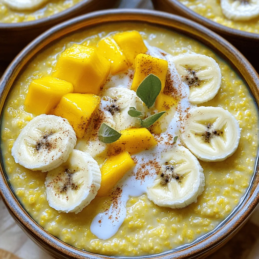 - 1 cup finely ground cornmeal - 4 cups water (divided) - 1 cup coconut milk - 1/4 teaspoon salt - 1/4 cup brown sugar - 1 teaspoon pure vanilla extract - 1/2 teaspoon ground nutmeg - 1/2 teaspoon ground cinnamon - Fresh fruit or nuts for topping For the perfect creamy porridge, you need simple yet key ingredients. Cornmeal is the star of this dish. It gives the porridge its rich texture. I use finely ground cornmeal for a smooth finish. The water helps cook the cornmeal, making it fluffy. Coconut milk adds a lovely creaminess and tropical taste. Flavor is vital in any dish. Salt draws out the taste of the cornmeal. Brown sugar adds sweetness, but feel free to adjust it to your taste. Pure vanilla extract brings warmth and richness to every bite. Spices take this dish to the next level. Nutmeg and cinnamon offer a cozy flavor. They make the porridge comforting and heartwarming. For a personal touch, add fresh fruit or nuts on top. Sliced bananas or diced mangoes work great! You can even use chopped almonds for a nice crunch. For the full recipe, visit the link. Enjoy making your creamy Jamaican cornmeal porridge! Start by heating 3 cups of water in a large saucepan. Place it over medium heat. Wait for the water to reach a rolling boil. While the water heats, take 1 cup of finely ground cornmeal. In a separate bowl, mix it with the remaining 1 cup of cold water. Whisk it well until smooth. Make sure there are no lumps. This step is key for a nice texture in your porridge. Once the water is boiling, carefully whisk in the cornmeal mixture. Stir continuously to avoid lumps. After adding the cornmeal, reduce the heat to low. Let it simmer for about 15 minutes. Stir it often as it thickens. You want a creamy, smooth consistency that feels rich in your mouth. After cooking, stir in 1 cup of coconut milk, 1/4 teaspoon of salt, and 1/4 cup of brown sugar. Mix well to combine all the flavors. Next, add 1 teaspoon of vanilla extract, 1/2 teaspoon of ground nutmeg, and 1/2 teaspoon of ground cinnamon. Cook for another 5 minutes, stirring to keep it smooth. When you’re ready to serve, ladle the porridge into warm bowls. Top it with fresh fruit or nuts. Try sliced bananas or diced mangoes. For a nice touch, drizzle extra coconut milk on top. This makes your dish look great and taste even better. You can find the Full Recipe for a complete guide. Enjoy your creamy Jamaican cornmeal porridge! To make your cornmeal porridge just right, focus on texture. Start with finely ground cornmeal. The finer the cornmeal, the smoother your porridge will be. If you want a creamier mix, add more coconut milk. For a thicker porridge, let it cook longer. Stir often to avoid lumps. You can also add more water if it gets too thick. Want to boost the taste? Consider adding spices. A pinch of allspice or ginger can give it a nice kick. Maple syrup is a great sweetener too. You can also try honey for a floral note. Adjust the brown sugar to your taste. Don’t forget toppings! Fresh bananas or sweet mangoes can take your porridge to the next level. The right tools make cooking easier. Use a heavy saucepan to heat your water. A whisk helps break up lumps when mixing your cornmeal. A wooden spoon is great for stirring, as it won’t scratch your pot. I recommend using a ladle for serving. This way, you can pour the porridge easily into bowls. For the best results, check out the Full Recipe for more tips! {{image_4}} You can add a tropical twist to your Jamaican cornmeal porridge. Fresh fruits bring bright flavors. Try topping it with sliced bananas or diced mangoes. These fruits add sweetness and color. You can also make it vegan by using almond or oat milk instead of coconut milk. This keeps the dish creamy and delicious without dairy. This porridge pairs well with many dishes. Serve it with fresh bread for a hearty breakfast. You can also enjoy it with a side of stewed fruits. The combination creates a balance of flavors and textures. Adjust your recipe with seasonal fruits or spices. In summer, use ripe peaches or berries. In fall, add a pinch of pumpkin spice for warmth. Each season brings unique tastes to this dish. With these variations, you can enjoy creamy Jamaican cornmeal porridge all year round. For the full recipe, check the earlier section. To store leftover porridge, let it cool first. Then, place it in an airtight container. This keeps it fresh for up to three days. When you are ready to eat, just take out the portion you want. For reheating, use a saucepan over low heat. Add a splash of water or coconut milk. Stir frequently to keep it creamy. You can also use a microwave. Heat in short bursts, stirring in between. This way, you avoid hot spots and keep the texture nice. Can you freeze Jamaican cornmeal porridge? Yes, you can! Place it in a freezer-safe container. Make sure to leave some space for expansion. When you are ready to eat it, thaw it overnight in the fridge. Reheat it gently to bring back the creaminess. Enjoy your porridge just like it was fresh! Cornmeal porridge has deep roots in Jamaican culture. This dish is a staple breakfast food. It connects families and communities. Many Jamaicans enjoy it as a comforting start to the day. Porridge is often made for special occasions or Sunday mornings. Each family may have its own twist on the recipe. The dish reflects the island's agricultural heritage, using locally sourced cornmeal. This connection to the land makes it more than just food; it’s a taste of home. To make cornmeal porridge gluten-free, stick with cornmeal. It is naturally gluten-free. If you want more options, try using rice flour or oats. Both can give you a similar texture. Make sure to choose certified gluten-free versions. This way, you avoid any cross-contamination. Each alternative will change the taste slightly, but they can still be delicious. Experiment and find what you like best. Yes, you can substitute coconut milk in this recipe. Almond milk is a great option. It adds a nutty flavor that works well. Soy milk is another choice. It has a creaminess that can mimic coconut milk. If you prefer cow's milk, that works too. Just remember, each milk changes the flavor. Adjust your sugar or spices as needed to keep the taste balanced. In this blog post, we explored how to make creamy Jamaican cornmeal porridge. We covered essential ingredients, from cornmeal to coconut milk, and added flavor enhancers like vanilla and nutmeg. The step-by-step guide helps you cook the porridge perfectly, while tips ensure great texture and taste. Variations let you customize with fruits or seasonal spices. Lastly, we shared storage tips for leftovers. Enjoy this comforting dish and make it your own with simple adjustments!