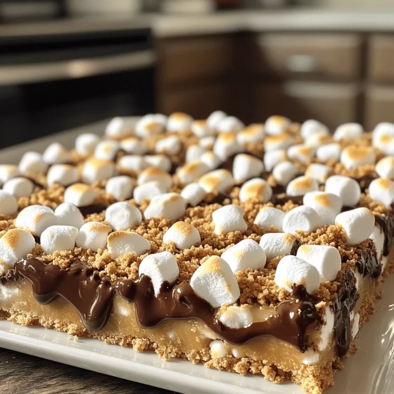 - 1 ½ cups graham cracker crumbs - ½ cup unsalted butter, melted - ½ cup packed brown sugar - 1 teaspoon pure vanilla extract - 1 cup mini marshmallows - 1 cup semisweet chocolate chips - ½ cup chopped walnuts or pecans (optional) You need a few simple items to make these oven-baked s'mores bars. First, gather graham cracker crumbs. This gives the bars a sweet and crunchy base. Next, use unsalted butter; it helps bind the crumbs. You will also need brown sugar for sweetness. Pure vanilla extract adds a warm flavor. Mini marshmallows are a must for that gooey texture. You can’t forget semisweet chocolate chips—they give a rich taste. If you like a little crunch, add chopped walnuts or pecans. They are optional but add a nice touch. - 8x8-inch baking dish - Mixing bowls - Measuring cups and spoons - Rubber spatula To prepare your s'mores bars, you will need some tools. An 8x8-inch baking dish is perfect for this recipe. Mixing bowls help you combine all the ingredients easily. Measuring cups and spoons ensure you get the right amounts. Lastly, a rubber spatula is great for mixing and spreading. Now, you're ready to dive into making these delicious treats. Check out the Full Recipe to get all the details! - Preheat oven to 350°F (175°C). - Grease the baking dish. Start by warming your oven. This step is key for even baking. Greasing the dish helps prevent sticking. Use a bit of butter or cooking spray for this. - Combine graham cracker crumbs, butter, brown sugar, and vanilla. - Achieve wet sand consistency. In a bowl, mix graham cracker crumbs, melted butter, brown sugar, and vanilla extract. Stir until it looks like wet sand. This texture helps form a strong base for your bars. - Press half of the mixture into the baking dish. - Add marshmallows and chocolate chips. - Add remaining mixture as topping. Take half of the crumb mixture and press it into the bottom of the dish. Make sure it’s packed tightly. Next, sprinkle mini marshmallows evenly on top. Add semisweet chocolate chips, too. If you want, toss in nuts for extra crunch. Finally, crumble the rest of the mixture over the top. - Bake for 25-30 minutes. - Check for golden brown and toasted marshmallows. Place the dish in your preheated oven. Bake for 25 to 30 minutes. Look for a golden brown color and some toasted marshmallows on top. This means they are ready! - Allow to cool for at least 10 minutes before slicing. - Tips for easy cutting. After baking, let the bars cool for at least 10 minutes. This cooling time helps set the layers. For easier cutting, use a sharp knife and slice with a gentle sawing motion. Enjoy your warm, gooey s'mores bars! Check out the Full Recipe for more details. To know when your s'mores bars are done, look for a golden top. The marshmallows should be lightly toasted. If the edges bubble slightly, that’s a good sign too. Cooling time is key. Let them sit for at least 10 minutes before cutting. This helps the layers set well and makes slicing easier. You can make your s'mores bars even better by adding nuts. Chopped walnuts or pecans add a nice crunch. You can also toss in extra chocolate chips for a richer taste. If you want gooier bars, add more mini marshmallows. For firmer bars, use less marshmallow and bake them a bit longer. Serving your s'mores bars warm makes them extra special. Drizzle chocolate sauce on top for a sweet touch. You can sprinkle crushed graham crackers as a nice garnish. Pair these bars with a scoop of vanilla ice cream for a treat that feels fancy. The cold ice cream contrasts perfectly with the warm bars. For the full recipe, check the previous section! {{image_4}} You can change the classic s'mores bars to suit your taste. One fun option is peanut butter s'mores bars. Just mix in a half cup of creamy peanut butter into your melted butter. This adds a rich, nutty flavor that pairs well with chocolate and marshmallows. Another tasty twist is mint chocolate variations. Use mint chocolate chips instead of regular ones. You can also add a few drops of mint extract to the mix. This gives your bars a cool and refreshing taste. For gluten-free s'mores bars, start with gluten-free graham crackers. Many brands offer these, and they work just as well in the recipe. Simply crush them like regular graham crackers. You might need to adjust your binding agents too. Instead of butter, you can use coconut oil or vegan margarine. This keeps your bars together without gluten. If you want to make vegan s'mores bars, substitute butter and chocolate with plant-based options. Use coconut oil for the butter. For chocolate, choose dairy-free chocolate chips. Make sure your marshmallows are plant-based as well. Some brands offer vegan marshmallows, which are perfect for this recipe. This way, everyone can enjoy these treats! For the full recipe, refer to the details above. To keep your s'mores bars fresh, use an airtight container. This will prevent them from drying out. You can also wrap them tightly in plastic wrap. Store them at room temperature in a cool, dry place. Avoid areas with sunlight or heat. At room temperature, these bars last about three days. If you refrigerate them, they can last up to a week. When reheating leftovers, warm them in the microwave for about 10 seconds. This will make them gooey again without drying them out. To freeze s'mores bars, wait until they are completely cool. Cut them into squares and wrap each piece in plastic wrap. Then, place them in a freezer-safe bag or container. For thawing, leave them in the fridge overnight. To reheat, use the microwave for a few seconds. This keeps them tasty and soft. For the full recipe, check out the earlier section. Yes, you can make s'mores bars ahead of time. To prepare them in advance, bake the bars and let them cool completely. Wrap them tightly in plastic wrap or store them in an airtight container. Keep them in the fridge for up to a week. When ready to serve, you can warm them in the oven for a few minutes. This will restore that gooey texture we all love! If you don't have graham crackers, you can use other options. Some great substitutes include digestive biscuits or vanilla wafers. You can even crush shortbread cookies for a sweet twist. Each option brings a unique flavor to the bars. Just make sure to adjust the sugar level based on the sweetness of your substitute. Yes, you can bake these s'mores bars in a larger pan. If you use a 9x13-inch pan, double the ingredients. This will ensure you have enough mixture to fill the pan. Keep an eye on your baking time; larger bars may take a bit longer to bake. Check for doneness by looking for a golden top and bubbly marshmallows. To know when your s'mores bars are done, look for a golden brown top. The marshmallows should be slightly toasted and puffy. You can also check the edges; they should pull away from the sides of the pan. If in doubt, give them a few extra minutes in the oven. This ensures a perfect bake every time! S'mores bars are a fun and easy treat to make. We combined simple ingredients like graham crackers, chocolate, and marshmallows. The steps, from mixing to baking, are clear and simple. With tips on flavor and storage, you can enjoy them longer. You can even try different flavors and dietary options. Experiment and have fun with this recipe! Your friends and family will love these sweet treats.