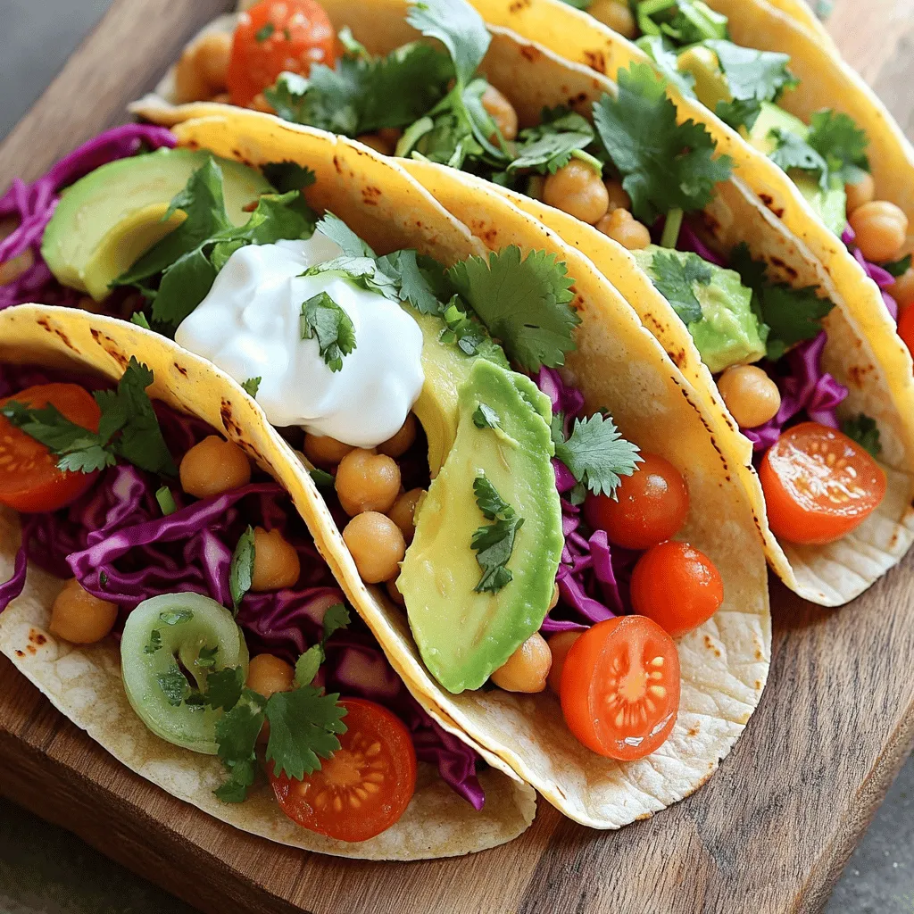 To make tasty spicy chickpea tacos, you need: - 1 can (15 oz) chickpeas, drained and rinsed - 1 tablespoon olive oil - 1 teaspoon smoked paprika - 1 teaspoon ground cumin - ½ teaspoon cayenne pepper (or to taste) - Salt and freshly ground black pepper, to taste - 1 cup shredded red cabbage - 1 ripe avocado, sliced - ½ cup cherry tomatoes, halved - ¼ cup fresh cilantro, roughly chopped - 6 small corn or flour tortillas - 2 tablespoons fresh lime juice - Optional: ¼ cup Greek yogurt or a dairy-free alternative for topping Each serving has about: - Calories: 350 - Protein: 12g - Fat: 16g - Carbohydrates: 43g - Fiber: 12g - Sugar: 3g This dish is rich in protein and fiber, making it filling and nutritious. These tacos are naturally vegan. They are also easy to make gluten-free. Just use corn tortillas instead of flour ones. This way, everyone can enjoy a spicy chickpea taco! For those who need dairy-free options, use a dairy-free yogurt. Enjoy this meal while keeping your dietary needs in mind! To start, drain and rinse the can of chickpeas. This helps remove extra sodium and makes them taste fresher. In a medium bowl, use a fork or a potato masher to gently mash the chickpeas. Aim to mash them enough to break them down but leave some whole. This gives your tacos a nice texture. Next, heat one tablespoon of olive oil in a skillet over medium heat. Once the oil is hot, add the mashed chickpeas. Sprinkle one teaspoon of smoked paprika, one teaspoon of ground cumin, and half a teaspoon of cayenne pepper over the chickpeas. Add salt and black pepper to taste. Stir everything together well. Cook for about five to seven minutes. Stir occasionally until the mixture is hot and slightly crispy. While the chickpeas cook, prepare fresh toppings. In a small bowl, mix one cup of shredded red cabbage with two tablespoons of fresh lime juice. This adds a tasty zing! For the tortillas, warm them in a skillet for about 15-30 seconds on each side. You can also hold them over a low flame for a few seconds. Now, take a warm tortilla and fill it with the spicy chickpea mix. Add a handful of the lime-dressed cabbage, a few slices of avocado, and halved cherry tomatoes. Finish with a sprinkle of fresh cilantro. If you want, add a dollop of Greek yogurt or a dairy-free alternative on top. Enjoy your Spicy Chickpea Tacos! For the full recipe, check the complete guide above. To mash chickpeas well, use a fork or a potato masher. You want them to be mostly smooth but keep some whole for texture. This mix adds a nice bite in your tacos. If you mash them too much, they can turn mushy. Aim for a blend of creamy and chunky. It makes each taco more fun to eat! Seasoning is key to making your chickpeas shine. I love to use smoked paprika and ground cumin. They add a warm, smoky taste. Don't forget the cayenne pepper for a kick! Adjust the spice level to fit your taste. Adding salt and black pepper while cooking brings out the flavors even more. Always taste and adjust as needed. For warm tortillas, you can heat them in a skillet or over a flame. If using a skillet, cook them for 15-30 seconds on each side. If you choose the flame method, hold them for just a few seconds to avoid burning. Warm tortillas make a big difference. They are soft and flexible, perfect for holding all your tasty fillings! For more details, check out the [Full Recipe]. {{image_4}} You can make spicy chickpea tacos even better with simple changes. If you want to boost flavor, add grilled veggies like bell peppers or zucchini. These give a nice crunch and color. For extra protein, mix in black beans or lentils. They pair well with chickpeas. If you love cheese, sprinkle some feta or queso fresco on top. For a vegan option, use a plant-based cheese. Toppings can change your taco game. I love fresh salsa verde or pico de gallo for a zesty kick. You can also try a mango salsa for a sweet twist. If you enjoy heat, drizzle sriracha or a spicy aioli over the tacos. Don’t forget to add lime wedges for a splash of citrus. These choices make each bite unique and tasty. Chickpeas are great, but you can switch things up. Try using black beans for a different flavor. If you’re in the mood for meat, ground turkey or chicken works well. You can season them just like the chickpeas. For a fun twist, use jackfruit for a pulled texture that’s plant-based. Each protein option brings its own flair to the meal. For the full recipe, check out the Spicy Chickpea Tacos 🥙. Store any leftover chickpea mixture in an airtight container. Keep it in the fridge for up to three days. Make sure it cools down before sealing the container. This helps preserve the flavor and texture. Reheat the tacos in a skillet over medium heat. This helps keep the tortillas soft and warm. Add a splash of water to create steam. Cover the skillet with a lid for two minutes. You can also use the microwave. Heat them for 30 seconds or until warm. If you want to freeze the chickpea mixture, place it in a freezer-safe bag. Remove as much air as possible before sealing. The mixture can last up to three months in the freezer. To use, thaw it overnight in the fridge. Then, reheat as mentioned above. These tacos can be as spicy as you like! The cayenne pepper adds heat, but you control it. Start with ½ teaspoon of cayenne pepper. Taste the mixture and add more if you want more kick. Remember, spices can build up, so go slow. The other flavors, like smoked paprika and cumin, balance the heat well. Yes, you can use dried chickpeas, but they need prep. Soak them overnight in water. Then cook them until soft, which takes about 1 to 2 hours. After cooking, drain and rinse them before mashing. This process takes more time but gives a fresher taste. You can serve many sides with these tacos! Here are a few great options: - Mexican rice: It adds a nice texture and flavor. - Corn salad: A fresh side that pairs well with the tacos. - Guacamole: Creamy and rich, it complements the spicy flavors. - Black beans: They add protein and fiber, making your meal heartier. Feel free to mix and match these sides for a complete meal! This blog post covered everything you need to know about chickpea tacos. We talked about the ingredients, preparation steps, and ways to enhance flavors. You learned about storage tips and optional variations for different diets. Chickpea tacos are simple, tasty, and easy to adapt. Whether you choose to keep them vegan or add meat, they fit many diets. Enjoy your cooking and feel proud of your delicious creation!