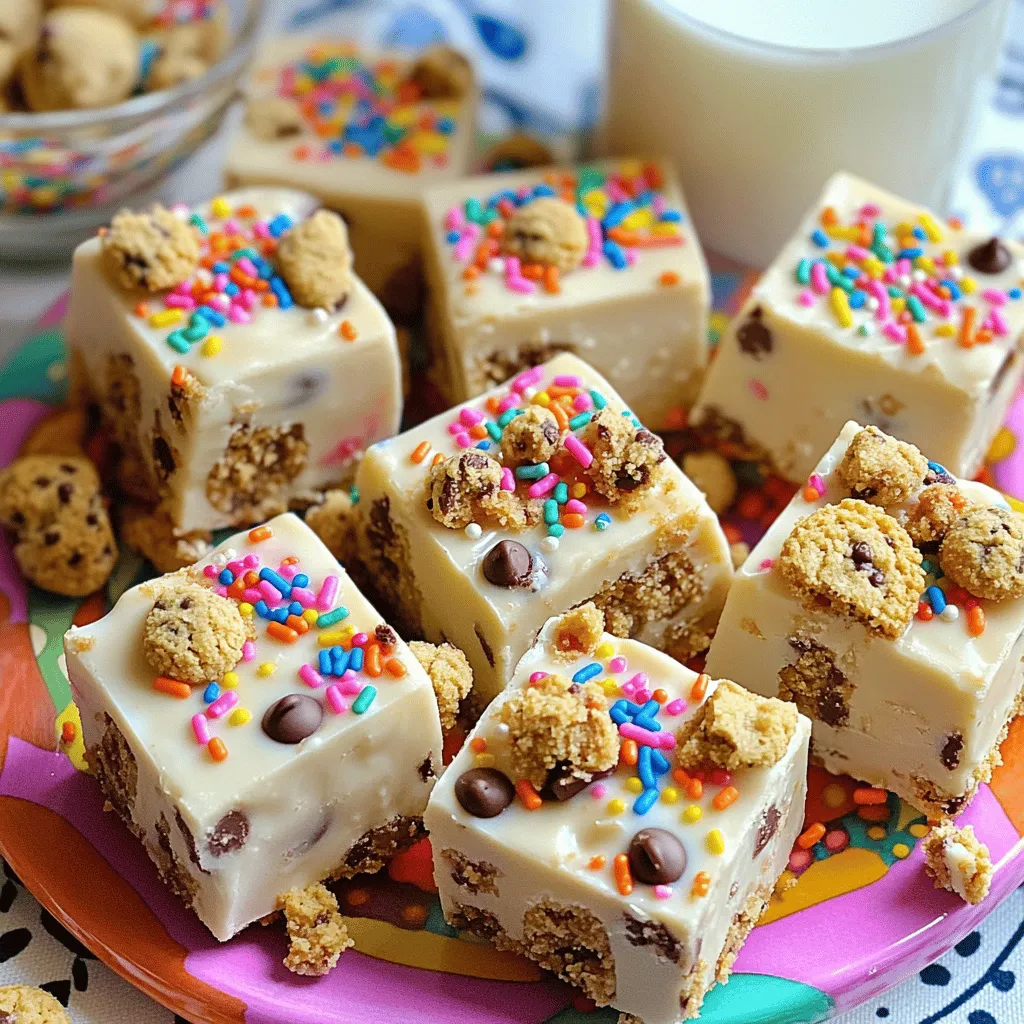 - 1 cup sweetened condensed milk - 2 cups white chocolate chips - 1 cup chocolate chip cookies, crushed - 1/2 teaspoon vanilla extract - A pinch of salt - 1/4 cup rainbow sprinkles (for topping) For sweetened condensed milk, you can use homemade or store-bought. If you want a richer taste, try using dark chocolate chips instead of white. You can substitute crushed cookies with your favorite types, like oatmeal or peanut butter cookies. Sprinkles add color, but you can use crushed nuts or mini marshmallows too. For a twist, add a swirl of peanut butter or caramel on top before it sets. You can even sprinkle some sea salt for a sweet and salty combo. You can find the full recipe above, which outlines the steps to create this tasty treat. Start by taking an 8-inch square baking dish. Line it with parchment paper. Make sure the paper hangs over two sides. This will help you lift the fudge out later. In a medium saucepan, put the sweetened condensed milk and white chocolate chips. Set the heat to low. Stir the mixture continuously. Keep stirring until it becomes smooth and melted. Watch the heat to avoid burning. Once the chocolate is melted, remove the saucepan from the heat. Stir in the vanilla extract and a pinch of salt. These add nice flavor to your fudge. Now, gently fold in the crushed chocolate chip cookies. Make sure they spread evenly without overmixing. Carefully pour the fudge mixture into your prepared baking dish. Use a rubber spatula to spread it evenly. Before it sets, sprinkle rainbow sprinkles on top. This adds a fun touch! Cover the dish and chill in the fridge for at least 2 hours. Once firm, lift it out using the parchment overhang. Cut it into squares for serving. Enjoy your milk and cookies fudge! For the complete process, check the Full Recipe. To get the best texture for your milk and cookies fudge, follow these steps: - Use low heat when melting the chocolate. - Stir constantly to avoid burning. - Once melted, mix in the vanilla and salt quickly. - Gently fold in the cookie pieces without overmixing. This gentle mixing helps keep the cookie bits intact and adds a nice crunch. If you have any fudge left, store it properly: - Place it in an airtight container. - Keep it in the fridge for freshness. - You can also freeze it for longer storage. When you want to enjoy it again, let it sit at room temperature for about 15 minutes before serving. Here are some common mistakes when making fudge: - Not lining the pan with parchment paper. This makes it hard to remove the fudge. - Using high heat while melting chocolate. This can lead to burning and a gritty texture. - Overmixing after adding cookies. This can break them down too much. By avoiding these mistakes, you’ll make a fudge that's smooth and tasty every time. {{image_4}} You can easily change the taste of your milk and cookies fudge. Adding mint gives a fresh twist. Just mix in 1/2 teaspoon of mint extract when adding vanilla. Caramel is another great choice. Swirl in 1/4 cup of caramel sauce right after melting the chocolate. You can also try peanut butter. Just add 1/4 cup of creamy peanut butter to the melted mix for a nutty flavor. If you need gluten-free fudge, swap the chocolate chip cookies for gluten-free ones. Many brands offer great options at stores. For a dairy-free version, use dairy-free chocolate chips. You can find these at most health food stores. Also, look for coconut or almond milk-based sweetened condensed milk as a substitute. To make your fudge look extra fun, serve it on a bright plate. Place colorful sprinkles on top for a festive touch. You can cut the fudge into fun shapes using cookie cutters. Try serving it with a small glass of milk for the classic pairing. Another idea is to stack the fudge squares in a tall jar. This makes a great gift or a lovely centerpiece. For the full recipe, check out the Milk and Cookies Fudge 🥛 section! To keep your Milk and Cookies Fudge fresh, store it in an airtight container. This helps prevent it from drying out and losing flavor. Place a piece of parchment paper between layers if you stack them. This step keeps the fudge from sticking together. Keep the container in a cool, dry place. Avoid direct sunlight or heat. When stored properly, your fudge will last for about a week. If you notice any changes in texture or smell, it’s best to toss it. For the best taste, enjoy it within the first few days. The fudge will lose its creamy texture over time, but it still tastes yummy. You can freeze your fudge for longer storage. Wrap each piece in plastic wrap and then place it in a freezer bag. This helps keep the fudge fresh and tasty. It can last up to three months in the freezer. When you're ready to eat it, just take it out and let it thaw at room temperature. Enjoy your treat whenever you want! For the full recipe, check out the [Full Recipe]. Milk and Cookies Fudge is a sweet treat that mixes flavors of classic cookies with creamy fudge. It uses white chocolate and crushed chocolate chip cookies. This fudge is rich, smooth, and filled with cookie bits. The fun part is the sprinkles on top, which add color and joy. Yes, you can use dark or milk chocolate instead of white chocolate. Each type adds a unique taste. Dark chocolate gives a rich flavor, while milk chocolate adds a creamier touch. Just make sure to adjust the sweetness if needed. You can tell the fudge is set when it feels firm to the touch. After chilling in the fridge for at least two hours, check for a solid texture. If it easily holds its shape when you press it, it’s ready to cut. Absolutely! You can mix in any cookie you like. Oreos, peanut butter cookies, or even ginger snaps work well. Just crush them into small pieces before adding to the fudge. This way, you can create your own flavor twist. To cut the fudge, use a sharp knife. First, lift it out of the pan using the parchment paper overhang. Place it on a cutting board. Cut it into squares or rectangles. For neat edges, wipe the knife with a damp cloth between cuts. You learned how to make delicious milk and cookies fudge. We covered the key ingredients, step-by-step instructions, tips for the best results, and variations to try. Remember to store your fudge well to keep it fresh. This treat is not just tasty; it’s also fun to make. Don’t shy away from experimenting with flavors or toppings. Every batch can be unique. Enjoy sharing it with family and friends or keeping it all for yourself! Happy baking!