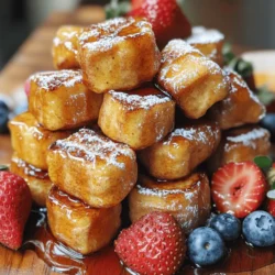 To make Cinnamon Roll French Toast Bites, you need simple ingredients. Here’s what you’ll gather: - 4 cinnamon rolls (store-bought or homemade) - 3 large eggs - ½ cup milk (dairy or non-dairy alternative) - 1 teaspoon pure vanilla extract - 1 teaspoon ground cinnamon - ¼ teaspoon ground nutmeg (optional) - 2 tablespoons unsalted butter (for frying) - Maple syrup (for drizzling) - Powdered sugar (for dusting) These ingredients create a mix of sweet and warm flavors. The cinnamon rolls add a rich taste, while the eggs and milk create a soft texture. The vanilla enhances the sweetness, and the cinnamon gives it that cozy feel. Using nutmeg is optional, but it adds an extra warmth. The butter helps to fry the bites to a golden crisp. Finally, the maple syrup and powdered sugar make it a special treat. For the full recipe, follow the steps outlined to create these delicious bites. Start by slicing the cinnamon rolls into bite-sized pieces. Each roll should yield six pieces. This means you will have 24 small chunks ready for cooking. Make sure the pieces are roughly equal in size. This ensures even cooking and helps them fry nicely. In a large mixing bowl, whisk together the eggs, milk, vanilla, cinnamon, and nutmeg. Mix until the ingredients blend well and become frothy. The eggs will create a rich coating that adds flavor and texture. The cinnamon and nutmeg give warmth and depth to the bites. You can adjust the spices to your taste. Now it’s time to cook! Dip each cinnamon roll piece into the egg mixture. Ensure every piece is coated, but don't soak them too long. Heat a large skillet over medium heat. Add one tablespoon of butter and let it melt. Place the coated pieces in the skillet in a single layer. Fry them for 2-3 minutes on each side. You want them golden brown and crispy. After cooking the first batch, add another tablespoon of butter and repeat with the rest of the pieces. Once done, arrange the bites on a serving platter. Dust them with powdered sugar and serve with maple syrup. Enjoy these tasty treats! For the full recipe, check out the details above. When making cinnamon roll French toast bites, it’s key to coat each piece evenly. Dip the pieces in the egg mix quickly. You want them wet but not soggy. If they soak too long, they may fall apart. Keep an eye on them while cooking. Fry until golden brown. This gives a nice crunch on the outside. A great way to present your bites is to stack them. Use a tall serving plate for a fun look. Start with a layer of bites, then add another layer. Drizzle warm maple syrup over the top. Dust with powdered sugar for sweetness. Add fresh berries like strawberries or blueberries around the plate. This adds color and taste. These bites pair well with many sides. Fresh berries give a nice burst of flavor. You can also serve whipped cream for a creamy touch. If you want something warm, drizzle extra maple syrup. Each bite will be a treat. For the full recipe, check out the complete cooking guide. {{image_4}} You can make these cinnamon roll French toast bites even tastier! Try adding chocolate chips to the egg mixture. This adds a nice chocolatey flavor. You can also sprinkle nuts, like walnuts or pecans, on top. They give a crunchy texture that pairs well with the soft bites. If you want a healthier option, consider gluten-free cinnamon rolls. Many brands offer great gluten-free choices. For a dairy-free version, use almond or oat milk. You can also swap eggs for flaxseed meal. Mix 1 tablespoon of flaxseed with 3 tablespoons of water. Let it sit for a few minutes before using. Make these bites special for the season! In fall, add pumpkin spice to the egg mixture. It gives a warm, cozy taste. For spring, try adding apple chunks or cinnamon apple pie spice. Both options will make your bites taste fresh and exciting. For the full recipe, check out the detailed instructions above. To store your Cinnamon Roll French Toast Bites, place them in an airtight container. Keep them in the fridge for up to 3 days. Make sure they cool down before sealing. This keeps them fresh and delicious for later. For the best taste, reheat your bites in a skillet. Heat it on medium-low and add a little butter. Fry them for about 2 minutes on each side. This keeps them crispy outside while warming them through. You can also use the microwave. Heat in 15-second bursts until warm, but this may make them soft. Yes, you can freeze Cinnamon Roll French Toast Bites! Place them in a single layer on a baking sheet. Freeze until solid, then transfer them to a freezer bag. They stay good for up to a month. When ready to eat, thaw them in the fridge overnight. Reheat as mentioned above for the best flavor. For the full recipe, check out the complete details on how to make these tasty treats! Yes, you can use leftover cinnamon rolls. Day-old rolls work best. They soak up the egg mixture well without falling apart. If your rolls are too dry, a splash of milk in the egg mixture helps. Cut them into bite-sized pieces as usual. This method reduces waste and gives new life to old treats. The total time for this recipe is about 30 minutes. Prep takes around 10 minutes, while cooking takes about 20 minutes. You’ll need 2-3 minutes on each side to achieve that golden brown color. Keep an eye on them while they fry to ensure they cook evenly. These bites shine when served with maple syrup. A dusting of powdered sugar adds sweetness. Fresh berries, like strawberries or blueberries, pair well too. They bring a pop of color and balance the sweetness. You can also serve whipped cream for extra richness. In this blog post, we explored how to make delicious Cinnamon Roll French Toast Bites. We covered the key ingredients, detailed step-by-step instructions, and shared helpful tips for cooking and presentation. I also mentioned fun variations to try, including seasonal flavors and healthier options. Lastly, I provided storage info to keep your bites fresh. Enjoy this tasty twist on a classic dish, and feel free to experiment to find your perfect blend! Happy cooking!