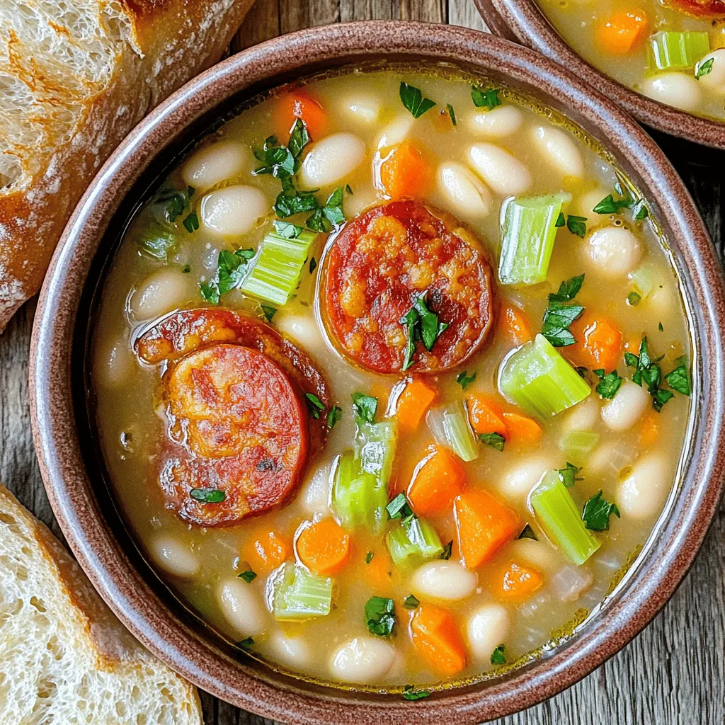 - 200g chorizo sausage, sliced into rounds - 1 medium onion, diced finely - 3 cloves of garlic, minced - 1 large carrot, diced small - 2 stalks of celery, diced - 400g can of white beans (such as cannellini or great northern), drained and rinsed well - 4 cups of vegetable broth - 1 teaspoon smoked paprika - 1/2 teaspoon ground cumin - 1 bay leaf - Salt and freshly ground black pepper to taste - 2 tablespoons extra virgin olive oil To make this soup, start with the chorizo. It adds a rich, smoky flavor that brings the dish to life. White beans are your hearty base. They soak up all the good flavors and keep you full. Next, you’ll need some fresh vegetables. Onion, garlic, carrot, and celery create a strong flavor foundation. Don't forget the spices! Smoked paprika and cumin add warmth and depth. - Fresh parsley - Lemon juice Garnishes make the soup shine. Fresh parsley adds a pop of color and freshness. A squeeze of lemon juice brightens each bite. - Large heavy-bottomed pot - Measuring cups and spoons - Wooden spoon Use a large, heavy pot to cook your soup. It helps distribute heat evenly. Measuring cups and spoons ensure you get the right amounts. A wooden spoon is perfect for stirring and won’t scratch your pot. Get all your tools ready, and you're set to make a comforting bowl of chorizo white bean soup. For the full recipe, check the link provided. First, heat the olive oil in a large pot. Use medium heat to warm the oil. Add the sliced chorizo to the pot. Cook the chorizo for about five minutes. You want it crispy and full of flavor. Stir it occasionally to get an even cook. Once it is crispy, remove the chorizo and set it aside. Keep the oils in the pot; they add great taste. Now, it's time to sauté the veggies. In the same pot, add the diced onion, carrot, and celery. Cook these for five to seven minutes. Stir them often until the onion turns soft and clear. Next, add the minced garlic, smoked paprika, and ground cumin. Stir and cook for one to two more minutes. You want the garlic to smell amazing. Return the crispy chorizo to the pot. Now, add the rinsed white beans and pour in the vegetable broth. Don't forget to add the bay leaf! Increase the heat until the soup gently boils. Once boiling, reduce the heat to low and let it simmer. Let it cook uncovered for 30 minutes. Stir it occasionally to mix the flavors. After 30 minutes, taste the soup and add salt and pepper as needed. Remove the bay leaf before serving. Just before serving, stir in fresh lemon juice for a bright flavor. Enjoy this hearty meal with crusty bread! For the complete details, check the Full Recipe. To get the best taste, always check your seasoning after cooking. If it feels bland, sprinkle in more salt or pepper. A simple trick is to add lemon juice for a fresh kick. This brightens up the soup and balances the flavors nicely. Want to save time? You can cook the soup faster by using canned beans. They cut down cooking time by about 15 minutes. If you plan to make it in advance, the soup keeps well in the fridge for a few days. Just reheat it when you are ready to enjoy. This chorizo white bean soup pairs great with crusty bread. You can also serve it over rice for a filling meal. For a pop of color, add chopped parsley on top before serving. It adds a nice touch and enhances the flavor as well. For the complete recipe, check out the Full Recipe section. {{image_4}} If you want more heat, try adding extra spices. A pinch of cayenne or some crushed red pepper can make a big difference. You can also use hot chorizo sausage. This will add a bold kick right from the start. You can still enjoy this soup without meat. Replace chorizo with plant-based sausage or lentils for texture. Use vegetable broth instead of chicken broth. White beans are still great for protein in this version. Feel free to switch up your beans. Kidney beans or black beans can work well too. If you want to change the vegetables, try adding zucchini or bell peppers. This keeps the soup fresh and exciting. For the full recipe, check out the link above. Store your Chorizo White Bean Soup in the fridge. Use an airtight container for best results. Let the soup cool down before sealing it. This helps keep it fresh for longer. If you want to freeze it, pour the soup into freezer bags. Lay them flat in the freezer. This saves space and makes thawing easier later on. To reheat your soup, the stovetop is best. Pour the soup into a pot and heat it over medium. Stir it often to warm it through. If you use a microwave, place the soup in a microwave-safe bowl. Heat in short bursts, stirring in between, until hot. This helps it heat evenly. In the fridge, your soup lasts about 3 to 4 days. Check for signs of spoilage before eating. If it smells off or has mold, toss it out. Always trust your senses. Keeping an eye on your Chorizo White Bean Soup ensures it stays tasty and safe. Yes, you can make this soup in a slow cooker. Start by cooking the chorizo in a pan until crispy. Then, add the chorizo to the slow cooker with the rest of the ingredients. - Place all ingredients in the slow cooker. - Cook on low for 6-8 hours or high for 3-4 hours. - Stir occasionally, if you can. This method allows the flavors to blend well over time. You’ll enjoy a rich and hearty soup. Chorizo White Bean Soup pairs well with many sides. Here are some great options: - Crusty bread or baguette - A fresh green salad - Cornbread for a sweet contrast - Rice for a filling addition These choices enhance your meal and make it more complete. To make this soup gluten-free, focus on your ingredients. Use gluten-free vegetable broth and ensure your chorizo is free from gluten. - Check labels on all products before use. - Use fresh vegetables and canned beans, which are usually gluten-free. These steps will keep your soup safe for those avoiding gluten. Enjoy a delicious and worry-free bowl! Chorizo white bean soup combines rich flavors and healthy ingredients. We broke down the recipe into simple steps, from cooking chorizo to perfecting flavors. You learned kitchen tips and variations to make it your own. Remember to adjust the seasoning and enjoy with a side. This soup is easy to make and perfect for sharing. Try it today and savor the warmth and taste of this dish. Happy cooking!
