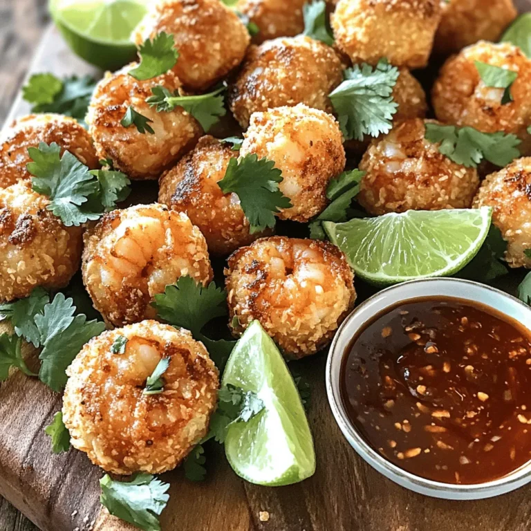 - 1 pound large shrimp, peeled and deveined - 1 cup panko breadcrumbs - 1/2 cup green onions, finely chopped - 1/4 cup fresh cilantro, chopped - 1 large egg, lightly beaten - 2 cloves garlic, minced - 1 teaspoon fresh ginger, grated - 1 tablespoon soy sauce - 1/2 cup sweet chili sauce (store-bought) - 1 tablespoon rice vinegar - 1 teaspoon sesame oil - Salt and black pepper to taste - Oil for frying When I make crispy shrimp balls, I focus on fresh ingredients. You want the shrimp to shine. Use large, peeled, and deveined shrimp for the best flavor. I love panko breadcrumbs for that extra crunch. They add a nice texture to the shrimp balls. Chopped green onions bring a fresh taste. They add both color and flavor. Fresh cilantro also adds brightness. It makes your dish pop with flavor. Garlic and ginger give it a warm, inviting taste. For the dipping sauce, sweet chili sauce is key. It balances the savory shrimp balls perfectly. Adding rice vinegar and sesame oil enhances the sauce. Together, they create a delicious dip. Remember, salt and black pepper are essential. They bring out all the flavors. Oil for frying is important too. Choose vegetable or canola oil for the best results. This recipe will help you create a delightful dish. For the full recipe, make sure to check back. Enjoy cooking! - Chop large shrimp into small pieces. - Mix minced shrimp in a large bowl. Start by taking your large shrimp and chopping them into small bits. This small size helps mix well with other ingredients. If you prefer, you can pulse the shrimp briefly in a food processor until coarsely minced. Once done, transfer the minced shrimp into a large mixing bowl. - Add remaining ingredients to shrimp. - Mix thoroughly until well combined. Now, it’s time to make the shrimp mixture flavorful. In your bowl with minced shrimp, add panko breadcrumbs, green onions, cilantro, beaten egg, minced garlic, grated ginger, soy sauce, and a pinch of salt and pepper. Use your hands or a spoon to mix everything well until all ingredients are evenly combined. - Shape the mixture into 1-inch balls. - Heat oil until shimmering and test readiness. - Fry shrimp balls until golden brown. Next, scoop portions of the mixture and mold them into small balls, about 1 inch wide. Place these balls on a tray, ensuring they do not touch. In a deep skillet, pour enough oil to be about 2 inches deep. Heat the oil over medium heat until it shimmers. You can test if the oil is ready by dropping in a small piece of the mixture; if it sizzles, it’s ready. Carefully add the shrimp balls in batches, frying them for about 4 to 5 minutes. Look for a golden brown color and a crispy outside. Use a slotted spoon to remove them and let them drain on paper towels. - Whisk together sweet chili sauce ingredients. - Adjust to taste. For the sweet chili sauce, take a small bowl and whisk together sweet chili sauce, rice vinegar, and sesame oil until well blended. Taste it and adjust if needed. You want it to be just right for dipping! - Arrange shrimp balls on a platter. - Present with dipping sauce. When you’re ready to serve, arrange the crispy shrimp balls on a decorative platter. Present your sweet chili dipping sauce in a small bowl nearby. This setup makes for a fun and inviting appetizer! You can find the Full Recipe for more details and tips. - Fry in batches to prevent overcrowding. This helps them cook evenly. - Maintain oil temperature for a crispy texture. If it's too cool, they will be soggy. - Garnish with fresh cilantro and lime wedges for a pop of color. - Use decorative serving dishes to make your meal inviting. - Experiment with adding spices or herbs to change the flavor. You can try chili flakes or cilantro. - Adjust dipping sauce ingredients for personal preference. Add more vinegar for tanginess or sesame oil for richness. Using these tips makes your crispy shrimp balls even better. Each bite will burst with flavor, and your guests will be impressed! For the detailed steps, check the Full Recipe. {{image_4}} You can make this dish even more fun by trying new seafood. Crab or fish works great. Both options will give your dish a unique taste. If you want to change the texture, swap panko for regular breadcrumbs. The balls will still be tasty but with a different crunch. You can make your own sweet chili sauce if you want to try something new. It’s easy and fresh, and you can adjust the flavors to your liking. Feel free to explore different dipping sauces too. A tangy soy sauce or a spicy sriracha can add a fun twist to your meal. If you want a healthier option, bake the shrimp balls instead of frying them. Preheat your oven to 400°F and bake until golden. This method cuts down on oil but keeps the flavor. You can also grill the shrimp balls on skewers for a fun party food idea. Just keep an eye on them to prevent burning. For the full recipe, check out the complete details above to get started on your crispy shrimp balls with sweet chili sauce! To keep your crispy shrimp balls fresh, place them in an airtight container in the fridge. They taste best when enjoyed within 2-3 days. After this time, the texture may change, and they can lose their crunch. If you want to save some shrimp balls for later, you can freeze them uncooked. Place the formed balls on a baking sheet and freeze until solid. Once frozen, transfer them to a freezer bag. When you are ready to enjoy them, thaw in the fridge overnight and fry as usual. When reheating, the oven is your best friend. Preheat your oven to 375°F (190°C) and place the shrimp balls on a baking sheet. Heat them for about 10-15 minutes until they regain their crispy texture. Avoid using the microwave, as it can make them soggy. Enjoy your crispy shrimp balls just like when they were freshly made! Yes, just make sure to thaw and drain well before use. Frozen shrimp can work great. Just be careful to remove any extra water. This will help the mixture stick together better. Substitute panko with gluten-free breadcrumbs. Many brands offer good options. This way, everyone can enjoy them, even with gluten sensitivities. Serve with a side salad, rice, or as part of a platter. They pair well with many dishes. You can also add some fresh veggies for color and crunch. Look for a golden brown color and a crispy exterior. This means they are done inside. You can also check if they float in the oil; this is a good sign! You learned how to make tasty shrimp balls from fresh ingredients and seasonings. We covered step-by-step instructions, tips for cooking and presentation, and variations to keep it interesting. These shrimp balls are fun to serve at any gathering. Remember to store leftovers properly and reheat them to stay crispy. Enjoy trying out different sauces and ingredients to make this dish your own! This recipe can be a great addition to your cooking skills.