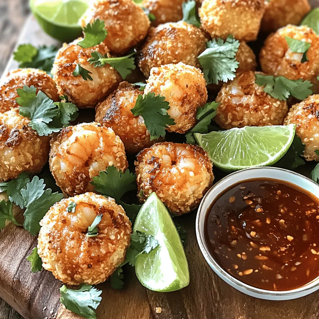 - 1 pound large shrimp, peeled and deveined - 1 cup panko breadcrumbs - 1/2 cup green onions, finely chopped - 1/4 cup fresh cilantro, chopped - 1 large egg, lightly beaten - 2 cloves garlic, minced - 1 teaspoon fresh ginger, grated - 1 tablespoon soy sauce - 1/2 cup sweet chili sauce (store-bought) - 1 tablespoon rice vinegar - 1 teaspoon sesame oil - Salt and black pepper to taste - Oil for frying When I make crispy shrimp balls, I focus on fresh ingredients. You want the shrimp to shine. Use large, peeled, and deveined shrimp for the best flavor. I love panko breadcrumbs for that extra crunch. They add a nice texture to the shrimp balls. Chopped green onions bring a fresh taste. They add both color and flavor. Fresh cilantro also adds brightness. It makes your dish pop with flavor. Garlic and ginger give it a warm, inviting taste. For the dipping sauce, sweet chili sauce is key. It balances the savory shrimp balls perfectly. Adding rice vinegar and sesame oil enhances the sauce. Together, they create a delicious dip. Remember, salt and black pepper are essential. They bring out all the flavors. Oil for frying is important too. Choose vegetable or canola oil for the best results. This recipe will help you create a delightful dish. For the full recipe, make sure to check back. Enjoy cooking! - Chop large shrimp into small pieces. - Mix minced shrimp in a large bowl. Start by taking your large shrimp and chopping them into small bits. This small size helps mix well with other ingredients. If you prefer, you can pulse the shrimp briefly in a food processor until coarsely minced. Once done, transfer the minced shrimp into a large mixing bowl. - Add remaining ingredients to shrimp. - Mix thoroughly until well combined. Now, it’s time to make the shrimp mixture flavorful. In your bowl with minced shrimp, add panko breadcrumbs, green onions, cilantro, beaten egg, minced garlic, grated ginger, soy sauce, and a pinch of salt and pepper. Use your hands or a spoon to mix everything well until all ingredients are evenly combined. - Shape the mixture into 1-inch balls. - Heat oil until shimmering and test readiness. - Fry shrimp balls until golden brown. Next, scoop portions of the mixture and mold them into small balls, about 1 inch wide. Place these balls on a tray, ensuring they do not touch. In a deep skillet, pour enough oil to be about 2 inches deep. Heat the oil over medium heat until it shimmers. You can test if the oil is ready by dropping in a small piece of the mixture; if it sizzles, it’s ready. Carefully add the shrimp balls in batches, frying them for about 4 to 5 minutes. Look for a golden brown color and a crispy outside. Use a slotted spoon to remove them and let them drain on paper towels. - Whisk together sweet chili sauce ingredients. - Adjust to taste. For the sweet chili sauce, take a small bowl and whisk together sweet chili sauce, rice vinegar, and sesame oil until well blended. Taste it and adjust if needed. You want it to be just right for dipping! - Arrange shrimp balls on a platter. - Present with dipping sauce. When you’re ready to serve, arrange the crispy shrimp balls on a decorative platter. Present your sweet chili dipping sauce in a small bowl nearby. This setup makes for a fun and inviting appetizer! You can find the Full Recipe for more details and tips. - Fry in batches to prevent overcrowding. This helps them cook evenly. - Maintain oil temperature for a crispy texture. If it's too cool, they will be soggy. - Garnish with fresh cilantro and lime wedges for a pop of color. - Use decorative serving dishes to make your meal inviting. - Experiment with adding spices or herbs to change the flavor. You can try chili flakes or cilantro. - Adjust dipping sauce ingredients for personal preference. Add more vinegar for tanginess or sesame oil for richness. Using these tips makes your crispy shrimp balls even better. Each bite will burst with flavor, and your guests will be impressed! For the detailed steps, check the Full Recipe. {{image_4}} You can make this dish even more fun by trying new seafood. Crab or fish works great. Both options will give your dish a unique taste. If you want to change the texture, swap panko for regular breadcrumbs. The balls will still be tasty but with a different crunch. You can make your own sweet chili sauce if you want to try something new. It’s easy and fresh, and you can adjust the flavors to your liking. Feel free to explore different dipping sauces too. A tangy soy sauce or a spicy sriracha can add a fun twist to your meal. If you want a healthier option, bake the shrimp balls instead of frying them. Preheat your oven to 400°F and bake until golden. This method cuts down on oil but keeps the flavor. You can also grill the shrimp balls on skewers for a fun party food idea. Just keep an eye on them to prevent burning. For the full recipe, check out the complete details above to get started on your crispy shrimp balls with sweet chili sauce! To keep your crispy shrimp balls fresh, place them in an airtight container in the fridge. They taste best when enjoyed within 2-3 days. After this time, the texture may change, and they can lose their crunch. If you want to save some shrimp balls for later, you can freeze them uncooked. Place the formed balls on a baking sheet and freeze until solid. Once frozen, transfer them to a freezer bag. When you are ready to enjoy them, thaw in the fridge overnight and fry as usual. When reheating, the oven is your best friend. Preheat your oven to 375°F (190°C) and place the shrimp balls on a baking sheet. Heat them for about 10-15 minutes until they regain their crispy texture. Avoid using the microwave, as it can make them soggy. Enjoy your crispy shrimp balls just like when they were freshly made! Yes, just make sure to thaw and drain well before use. Frozen shrimp can work great. Just be careful to remove any extra water. This will help the mixture stick together better. Substitute panko with gluten-free breadcrumbs. Many brands offer good options. This way, everyone can enjoy them, even with gluten sensitivities. Serve with a side salad, rice, or as part of a platter. They pair well with many dishes. You can also add some fresh veggies for color and crunch. Look for a golden brown color and a crispy exterior. This means they are done inside. You can also check if they float in the oil; this is a good sign! You learned how to make tasty shrimp balls from fresh ingredients and seasonings. We covered step-by-step instructions, tips for cooking and presentation, and variations to keep it interesting. These shrimp balls are fun to serve at any gathering. Remember to store leftovers properly and reheat them to stay crispy. Enjoy trying out different sauces and ingredients to make this dish your own! This recipe can be a great addition to your cooking skills.