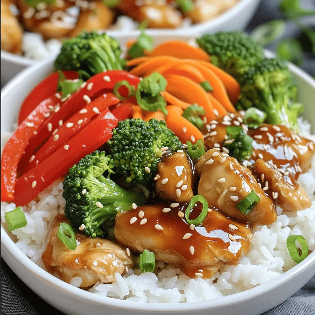 - 1 lb (450g) boneless, skinless chicken thighs, diced - 2 tablespoons vegetable oil - 1 red or yellow bell pepper, sliced - 1 cup broccoli florets - 1 medium carrot, thinly sliced - ½ cup low-sodium soy sauce - ¼ cup honey - 2 tablespoons rice vinegar - 2 cloves garlic, minced - 1 teaspoon fresh ginger, grated - 1 tablespoon sesame seeds - Cooked rice (white or brown) for serving - Chopped green onions for garnish The chicken thighs give this dish a rich flavor. They stay juicy while cooking. The bell pepper adds a sweet crunch, while broccoli brings a healthy green touch. Carrots not only add color but also sweetness. Low-sodium soy sauce keeps the salt level balanced. Honey helps to caramelize and sweeten the sauce. Rice vinegar adds a slight tang to brighten the dish. Finally, sesame seeds and green onions provide a lovely finish, both visually and in taste. - A large skillet for cooking the chicken and vegetables. - A medium mixing bowl for whisking the teriyaki sauce. - A chef’s knife for chopping the vegetables and meat. - A cutting board to keep your workspace clean and organized. - Measuring spoons for precise ingredient amounts. - A spatula for stirring everything together. These tools make the process smooth and enjoyable, allowing you to focus on creating your easy chicken teriyaki bowls. For the full recipe, check the instructions provided. To start, grab a medium bowl. In this bowl, whisk together the soy sauce, honey, rice vinegar, minced garlic, and grated ginger. Mix until all the ingredients blend well. This sauce is sweet, salty, and full of flavor. Set it aside for later. Now, heat a large skillet over medium-high heat. Add two tablespoons of vegetable oil to the pan. Once the oil is hot, add the diced chicken thighs. Spread the chicken evenly in the skillet. Cook for about 5-7 minutes. Turn the chicken occasionally until it's golden brown and cooked through, reaching 165°F (75°C). This step ensures juicy chicken for your teriyaki bowls. Lower the heat to medium. Pour the teriyaki sauce over the cooked chicken. Let it simmer for about 2-3 minutes, stirring gently. The sauce will thicken and coat the chicken beautifully. Next, add the sliced bell pepper, broccoli florets, and carrot to the pan. Stir everything together. Cook for another 3-4 minutes, until the vegetables are tender but still a bit crunchy. This mix of flavors and textures makes the meal exciting. For the complete recipe, check the Full Recipe link. Enjoy your cooking! To make the best chicken for your teriyaki bowls, use boneless thighs. They stay juicy and tender. Cut them into even pieces. This helps them cook at the same rate. Always preheat your skillet. This will give you a nice sear. Cook the chicken for about 5-7 minutes. Look for a golden brown color. Use a meat thermometer to check for doneness. The chicken should reach 165°F (75°C). This ensures your meal is safe and tasty. A great teriyaki sauce makes all the difference. Start with low-sodium soy sauce. This keeps it from being too salty. Mix it with honey for sweetness. Rice vinegar adds a nice tang. Don't forget the garlic and ginger. They bring rich flavors. Whisk these ingredients well until smooth. Let the sauce simmer. This will help thicken it and blend the flavors. Pour it over the chicken at the right time. Let it coat the chicken well for a tasty finish. A beautiful presentation makes your meal more appealing. Start by adding rice to your bowl. Use a generous scoop as your base. Next, layer the chicken and veggies on top. Make sure to drizzle extra sauce over it. This keeps everything moist and flavorful. For a pop of color, sprinkle sesame seeds on top. Add chopped green onions for freshness. You can also use a colorful plate to enhance the look. Enjoy your bowl with a smile! For the full recipe, check the earlier section. {{image_4}} You can swap chicken for other proteins. Tofu works great for a vegan option. Use firm tofu, diced and cooked until golden. For beef lovers, try thin slices of flank steak. Just cook it to your liking and follow the same sauce steps. Each option brings a new flavor twist. Feel free to mix up the veggies! Snap peas, zucchini, or mushrooms add a nice crunch. You can also use bok choy for a different texture. Use what you love or what you have on hand. This recipe is so flexible, it can adapt to seasons or your fridge. You can play with the teriyaki sauce, too. Add chili paste for heat or pineapple juice for sweetness. If you want a thicker sauce, mix in a little cornstarch slurry while it cooks. Experiment with flavors like orange or sesame oil for a unique touch. Making this dish your own is part of the fun! Check out the Full Recipe for more tips on how to make these variations work. To store your easy chicken teriyaki bowls, let them cool first. Use an airtight container. Place the chicken, veggies, and rice in the container. They will stay fresh in the fridge for up to three days. Keep the sauce separate if possible. This helps prevent the rice from getting soggy. When you are ready to eat, heat the leftovers. You can use a microwave or a skillet. If using a microwave, place the food in a bowl. Cover it with a damp paper towel. Heat for 1-2 minutes or until hot. If you prefer a skillet, add a splash of water. Heat over medium until warmed through. Stir occasionally to ensure even heating. If you want to freeze the teriyaki bowls, do it right away. Place them in freezer-safe bags or containers. Remove as much air as you can to prevent freezer burn. You can freeze the chicken and veggies together. Store cooked rice separately. These bowls can last up to three months in the freezer. When ready to enjoy, thaw in the fridge overnight before reheating. For the full recipe, check out the complete instructions above. Making Easy Chicken Teriyaki Bowls takes about 25 minutes. You will spend 10 minutes prepping the ingredients. Cooking the chicken and veggies takes around 15 minutes. This quick meal is perfect for busy days. Yes, you can make this recipe ahead of time. Prepare the chicken and teriyaki sauce, then store them separately in the fridge. You can also chop the veggies in advance. Just warm everything when you are ready to eat. You can serve Chicken Teriyaki Bowls with many tasty sides. Here are some ideas: - Steamed edamame - Miso soup - Asian slaw - Pickled vegetables - Crispy wontons Feel free to mix and match your sides. Enjoy your meal with a refreshing drink like green tea or lemonade. For the complete dish, check the Full Recipe. This blog post covered easy steps to make Chicken Teriyaki Bowls. We discussed essential ingredients, including their key benefits and tools you need for prep. You learned how to cook the chicken and make the sauce, plus handy tips to perfect the dish. We explored alternatives to chicken, veggie swaps, and ways to customize your teriyaki sauce. Finally, we reviewed storage methods and answered common questions. I hope you enjoy creating your own tasty bowls. Happy cooking!