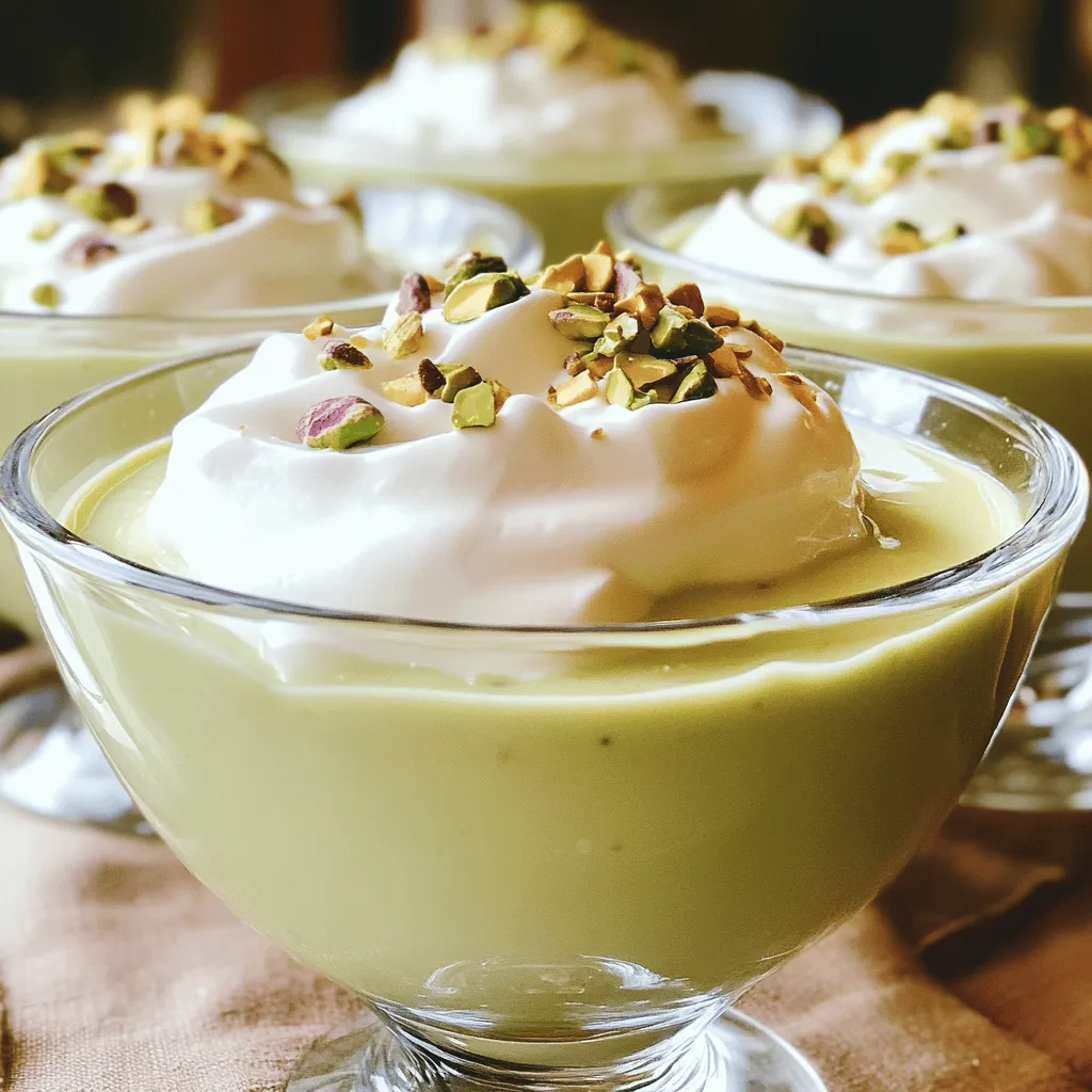 - 1/2 cup unsalted pistachios, shelled and roasted - 2 cups whole milk - 1/2 cup granulated sugar - 3 tablespoons cornstarch - 1/4 teaspoon salt - 1 teaspoon vanilla extract - 2 tablespoons unsalted butter - Optional: whipped cream and crushed pistachios for garnish - Freshness of pistachios: Fresh pistachios give the best flavor. Look for bright green nuts. Old nuts can taste stale and affect your pudding. - Type of milk to use: Whole milk works best for creaminess. You can try other milks, but the texture may change. - Food processor - Medium-sized saucepan - Mixing bowl - Whisk Using the right ingredients and tools makes all the difference. This delightful from-scratch pistachio pudding comes together with ease. For the complete recipe, check the [Full Recipe]. Start by placing the unsalted pistachios in a food processor. Pulse them until they are finely ground. You can leave some larger bits if you want extra texture in your pudding. This step is key for flavor. The ground pistachios will give your pudding a rich taste. In a medium saucepan, combine the ground pistachios and whole milk. Set the heat to medium. Stir the mixture often. This keeps it from sticking to the pan. Heat for about 5 minutes. The milk will soak up the pistachio flavor. This makes your pudding taste amazing. While the milk heats, grab a mixing bowl. Whisk together granulated sugar, cornstarch, and salt until they blend well. This mix will help thicken your pudding. After the milk and pistachios warm up, pour this mixture into the bowl. Whisk as you combine them. Make sure no lumps form; you want it smooth. Pour the combined mixture back into the saucepan. Cook over medium heat. Stir constantly as it cooks. You will see the pudding thicken and bubble, which takes about 5 to 7 minutes. Once it reaches your desired thickness, it’s time to remove it from the heat. Stir in the vanilla extract and unsalted butter. Mix until everything is creamy. Now, transfer the pudding into serving bowls. Cover it with plastic wrap, pressing it directly onto the surface. This stops a skin from forming. Cool the pudding in the fridge for at least 2 hours. Before serving, add whipped cream and crushed pistachios on top for a lovely touch. You can find the full recipe for all the steps above. To make smooth pistachio pudding, avoid lumps by whisking well. When you mix the warm pistachio and milk with the sugar, stir continuously. This keeps lumps from forming. If your pudding is too thick, you can add a splash of milk. Stir it in until you reach your desired thickness. You can boost the flavor of your pudding with extra extracts. Almond extract pairs well with pistachios. A little bit can make a big difference. You can also try adding mini chocolate chips or dried fruits for fun textures. For garnishes, consider fresh fruit or even a drizzle of honey. These add color and taste. One key mistake is heating too fast. This can cause your pudding to cook unevenly. Always use medium heat and stir gently. Another mistake is overcooking the pudding. Once it thickens and bubbles, it’s done. Leaving it on the heat too long can ruin the creamy texture. {{image_4}} You can switch up the nuts in this pudding. Almonds or walnuts work well. For almond pudding, use the same amount of ground almonds instead of pistachios. This gives a sweet and rich flavor. If you choose walnuts, grind them finely too. They add a nice, earthy taste. You can even mix nuts! A blend of pistachios and almonds makes a tasty twist. If you want a dairy-free treat, try coconut milk or almond milk. Coconut milk adds a creamy texture and a hint of sweetness. It works great in this recipe. Simply replace whole milk with coconut milk in the same amount. For almond milk, use the unsweetened kind to keep the taste balanced. Remember, almond milk is thinner, so your pudding may be less thick. Adding flavors can make your pudding even better. You can stir in cocoa powder for chocolate pudding. Just add 2 tablespoons to the sugar mix before cooking. For coffee lovers, add a tablespoon of instant coffee. This gives a nice depth to the flavor. You can also try spices like cinnamon or cardamom for a unique twist. Just a pinch can change everything! To keep your leftover pistachio pudding fresh, use a tight container. A glass or plastic container with a lid works well. This helps prevent air from getting in and keeps the pudding creamy. Store it in the fridge for up to three days. After that, it may lose its texture and flavor. If you want to freeze your pudding, use freezer-safe containers. Make sure to leave some space at the top. Pudding expands when frozen. You can freeze it for up to two months. When you are ready to eat it, thaw it in the fridge overnight. This slow thawing helps keep the pudding smooth and tasty. Avoid using the microwave, as it can change the texture. Yes, you can make pistachio pudding ahead of time. It tastes even better after chilling. Make it a day before serving for best results. Just store it in the fridge with plastic wrap on top. Homemade pudding lasts about 3 to 5 days in the fridge. Store it in an airtight container. This keeps it fresh and tasty for your next treat. Whole milk gives the best creaminess to the pudding. You can use 2% milk, but it may be less rich. Avoid skim milk, as it won't thicken as well. Yes, unsalted pistachios work great in this recipe. They let you control the salt level. If you use salted ones, cut back on added salt. You can use honey or maple syrup as substitutes for granulated sugar. Adjust the amount based on your taste. Remember, these may change the texture slightly. Yes, you can make a vegan version! Use almond milk or coconut milk instead of whole milk. Substitute the butter with coconut oil or a vegan butter. Your pudding will be just as delicious! For the full recipe, check the Heavenly From-Scratch Pistachio Pudding section. Making pistachio pudding from scratch is a fun and tasty project. The flavor is rich, creamy, and just delightful. You will love how easy it is to create this treat. This pudding stands out because it uses real pistachios. They add a fresh taste that mixes well with the milk. You will notice the difference right away. Many store-bought options use artificial flavors, but this recipe is all-natural. Here’s a quick look at what you will need for this recipe: - 1/2 cup unsalted pistachios, shelled and roasted - 2 cups whole milk - 1/2 cup granulated sugar - 3 tablespoons cornstarch - 1/4 teaspoon salt - 1 teaspoon vanilla extract - 2 tablespoons unsalted butter - Optional: whipped cream and crushed pistachios for garnish - Pistachios: They give the pudding its main flavor. - Whole milk: This makes the pudding creamy and rich. - Sugar: It sweetens the dish just right. - Cornstarch: This helps thicken the pudding. - Salt: A tiny bit enhances the flavors. - Vanilla: This adds warmth and depth. - Butter: It makes the pudding extra creamy. Using fresh ingredients makes a big difference. If you can, pick good-quality pistachios. They will add a burst of flavor. To make this pudding, you will need: - A food processor - A medium-sized saucepan - A mixing bowl - A whisk These tools will help you mix, heat, and blend everything well. Follow the full recipe for step-by-step instructions. You’ll enjoy making this treat from scratch. The taste will impress everyone, and you’ll feel proud of your work! In this blog post, we explored how to make delicious pistachio pudding from scratch. We covered key ingredients, helpful tools, and step-by-step instructions. You learned tips to enhance flavor and avoid common mistakes. Variations and storage methods were also discussed. Now, you can create a tasty treat that impresses friends and family. Enjoy this fun and simple recipe in your kitchen!