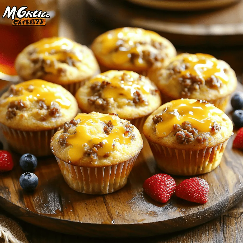 To make McGriddle Muffins, you need simple ingredients. Here’s what you will use: - 1 cup all-purpose flour - 2 tablespoons cornmeal - 1 tablespoon baking powder - 1 teaspoon salt - 1 tablespoon granulated sugar - 1 large egg - 1 cup whole milk - 2 tablespoons unsalted butter, melted - 1 cup cooked breakfast sausage, crumbled - 1 cup sharp cheddar cheese, shredded - 1 tablespoon pure maple syrup (plus extra for drizzling) - ½ teaspoon vanilla extract These ingredients create soft muffins with a nice balance of sweet and savory. You can mix it up with some fun additions! Here are a few optional ingredients: - ½ cup fresh blueberries - ½ cup diced strawberries Adding fruit gives your muffins a fruity twist. It adds a fresh taste that pairs well with the savory sausage and cheese. Each muffin packs a good amount of flavor and nutrition. Here are some key points: - Calories: About 200 per muffin - Protein: Roughly 8 grams - Carbs: Around 25 grams - Fat: About 8 grams These muffins are a filling breakfast choice. They provide energy to start your day right. Plus, the mix of protein and carbs keeps you satisfied. Enjoy them warm with a drizzle of maple syrup for a treat! Start by gathering your ingredients. You need flour, cornmeal, baking powder, salt, sugar, an egg, milk, melted butter, sausage, cheese, maple syrup, and vanilla. First, preheat your oven to 375°F (190°C). This ensures even cooking. Line your muffin tin with paper liners or grease it well. In a big bowl, whisk together the flour, cornmeal, baking powder, salt, and sugar. Make sure this mixture is completely mixed. In another bowl, beat the egg lightly. Add in the milk, melted butter, maple syrup, and vanilla. Whisk until smooth. Now, pour the wet mix into the dry mix. Gently stir with a spatula. Don't overmix; it's okay if there are lumps. Next, fold in the crumbled sausage and cheddar cheese. If you want, add blueberries or strawberries for a fruity kick. Once your batter is ready, it’s time to fill the muffin cups. Use a spoon or ice cream scoop to fill each cup about ¾ full. Don’t overfill them. Place your muffin tin in the oven. Bake for 18-20 minutes. The tops should be golden brown. You can check with a toothpick; it should come out clean. After baking, let the muffins cool in the tin for about 5 minutes. Then, transfer them to a wire rack to cool completely. For a tasty touch, drizzle extra maple syrup on warm muffins just before serving. Serve them on a colorful platter with a small bowl of syrup. You can also add fresh mint and berries for a lovely look. Enjoy your delightful McGriddle Muffins! To make your McGriddle Muffins perfect, follow these tips: - Measure ingredients carefully. Use measuring cups and spoons for accuracy. - Do not overmix the batter. Mix until just combined to keep muffins light. - Fill muffin cups ¾ full. This helps them rise well without overflowing. - Check for doneness. Insert a toothpick; it should come out clean when ready. You can easily change the flavors of your muffins: - Add spices. Mix in a pinch of cinnamon or nutmeg for warmth. - Use different cheeses. Try pepper jack or feta for a new twist. - Incorporate fruits. Fresh blueberries or strawberries add a fruity kick. - Mix in herbs. Fresh chives or parsley can give a savory touch. Prevent common muffin mishaps with these tricks: - Avoid cold ingredients. Use room-temperature eggs and milk for best results. - Don’t skip the baking powder. It helps the muffins rise and stay fluffy. - Watch your oven temperature. Use an oven thermometer to ensure accuracy. - Let muffins cool properly. This helps them set and improves flavor. For more detailed instructions and tips, check the Full Recipe. {{image_4}} You can make sweet McGriddle Muffins by adding fruit. Fresh blueberries or diced strawberries work great. Mix half a cup of your chosen fruit into the batter. This adds a burst of flavor and sweetness. The fruit keeps muffins moist, making each bite delightful. You can also drizzle some extra maple syrup on top for added sweetness. This makes breakfast feel extra special. If you want a savory twist, try different fillings. Instead of sausage, use diced ham or cooked bacon. You can also add veggies like chopped spinach or bell peppers. Mixing in crumbled feta or pepper jack cheese gives a new flavor. These changes make your McGriddle Muffins unique and tasty. Try experimenting to find your favorite combination! For a healthier take, swap out some ingredients. Use whole wheat flour instead of all-purpose flour. You can also replace half the butter with applesauce. This keeps the muffins moist and lowers fat content. Adding more fruits or veggies boosts nutrition. You can even use low-fat cheese. These healthier options let you enjoy breakfast guilt-free while still tasting amazing. For a full recipe, check out the [Full Recipe]. After baking, let your muffins cool completely. Place them in an airtight container. They will stay fresh at room temperature for up to three days. If you want to keep them longer, store them in the fridge for up to a week. To reheat, you can use the microwave or oven. For the microwave, place a muffin on a plate and heat for 15-20 seconds. For the oven, preheat to 350°F (175°C). Wrap the muffin in foil and heat for 10 minutes. This keeps them warm and soft. If you have extra muffins, freezing is a great option. Place cooled muffins in a freezer-safe bag. Squeeze out the air and seal tightly. They will last for up to three months in the freezer. When ready to eat, thaw overnight in the fridge, then reheat as mentioned above. Enjoy your tasty McGriddle Muffins anytime! McGriddle Muffins are a fun twist on classic breakfast. They blend fluffy muffins with savory fillings. You get a nice combo of flavors from cheese and sausage. The hint of maple syrup adds sweetness, making every bite tasty. Yes, you can make these muffins ahead of time! Bake them and let them cool. Store them in an airtight container. They stay fresh for up to three days. Just warm them up when you're ready to eat. It saves time on busy mornings! To make your muffins more savory, add more cheese or sausage. You can also mix in herbs like chives or parsley. Try using different types of cheese, like pepper jack or feta. These small changes can pack your muffins with flavor. McGriddle Muffins pair well with many sides. Consider serving them with fresh fruit or a side of yogurt. You can also add crispy bacon or eggs for extra protein. Drizzle more maple syrup for sweetness. This makes a complete and delicious breakfast! You can find the Full Recipe for these McGriddle Muffins in the article above. It has all the steps and tips for making them perfect. Enjoy making your breakfast treat! This article covered key ingredients, step-by-step instructions, and useful tips for making McGriddle muffins. You learned how to customize flavors and store leftovers, ensuring your muffins stay fresh. Remember, these muffins can be sweet, savory, or healthy. Experiment with different fillings to suit your taste. With these insights, you can create delicious muffins anytime. Enjoy your baking and share these treats with others for a fun time!