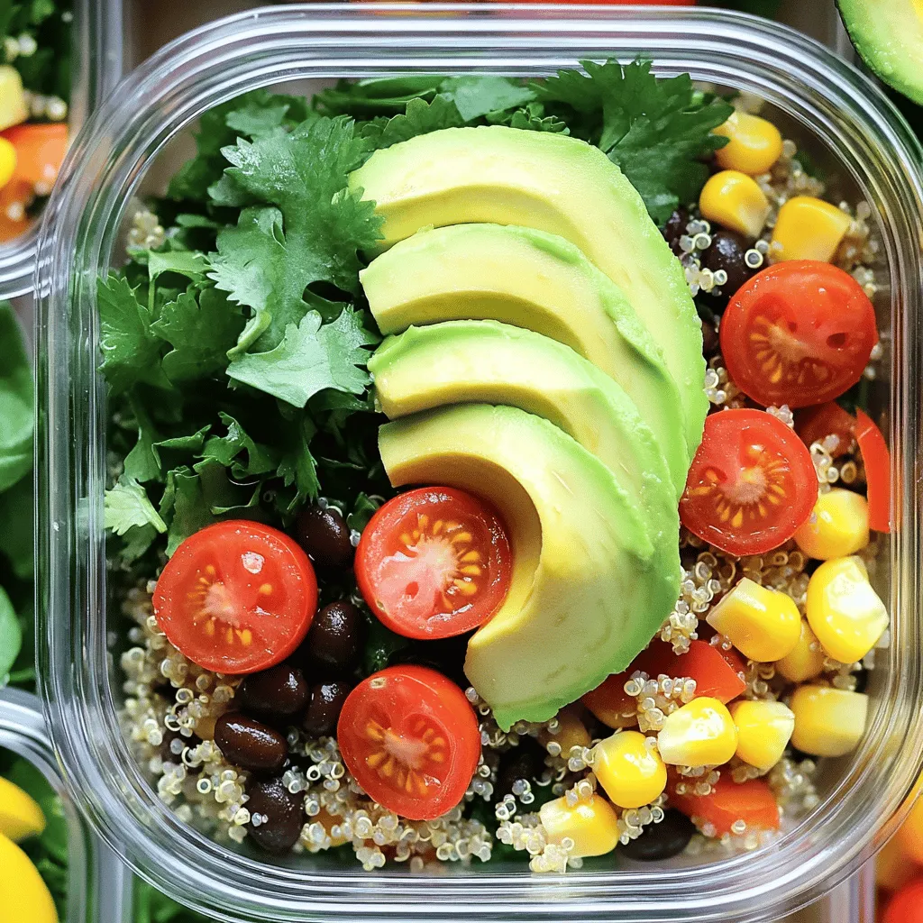 When I think of easy meal prep, colorful quinoa bowls come to mind. They are tasty, healthy, and simple to make. Here’s what you need: - 1 cup quinoa - 2 cups vegetable broth - 1 cup black beans, drained and rinsed - 1 cup cherry tomatoes, halved - 1 bell pepper (any color), diced - 1 cup corn (fresh or frozen) - 1 ripe avocado, sliced - 1 cup fresh spinach or kale, roughly chopped - 1 tablespoon extra virgin olive oil - 1 tablespoon fresh lemon juice - Salt and pepper to taste - Fresh cilantro, chopped, for garnish (optional) These ingredients not only taste great together but also provide many nutrients. Quinoa is a complete protein. It has all nine essential amino acids. Black beans add fiber and iron. The vegetables bring in vitamins and minerals. Plus, the avocado adds healthy fats. When you gather these ingredients, it makes the cooking process smoother. You can customize each bowl with your favorite veggies or toppings. For a full recipe, check out Meal Prep Magic: Colorful Quinoa Bowls. Now, let’s get cooking! - Rinse quinoa in a fine mesh strainer under cold water for 1-2 minutes. - In a medium saucepan, bring 2 cups vegetable broth to a boil over medium-high heat. - Add the rinsed quinoa, reduce heat to a simmer, cover, and cook for 15 minutes. - Fluff cooked quinoa gently with a fork to separate the grains. - Wash all vegetables under cold water. - Chop cherry tomatoes, bell pepper, and spinach or kale. - In a large mixing bowl, combine black beans, chopped veggies, and corn. - Mix the cooked quinoa with the vegetable mixture. - Drizzle 1 tablespoon of olive oil and fresh lemon juice over the mix. - Season with salt and pepper to taste. - Toss everything together until well combined. - Portion the mixture into meal prep containers. - Top each bowl with sliced avocado and fresh cilantro if desired. To save time while meal prepping, use these simple tips: - Batch cooking principles: Cook more than you need. Make extra servings of grains or proteins. This cuts down on cooking time during the week. - Prep ingredients in advance: Wash, chop, and store veggies ahead of time. This makes it easy to toss meals together quickly. - Use efficient chopping methods: Use a sharp knife and a cutting board. Dice, slice, and chop in one go to maximize your effort. Adding flavor is key to a tasty meal prep. Here are some ideas: - Options for herbs and spices: Fresh herbs like cilantro, basil, and parsley add brightness. Use spices like cumin or paprika for warmth. - Incorporating protein variations: Mix it up with grilled chicken, tofu, or beans. Each protein brings a different taste. This keeps meals exciting! A good-looking meal adds to the joy of eating. Here are some tips: - Layering for visual appeal: Use clear containers to show off colors. Put colorful veggies on top for a stunning look. - Avoid browning avocado: Add avocado right before eating. This keeps it fresh and bright. You can also sprinkle lemon juice on it to help prevent browning. By following these tips, meal prep becomes easy and fun. With a bit of planning, you can enjoy tasty meals all week long. For a great recipe to start with, try the Full Recipe for Meal Prep Magic: Colorful Quinoa Bowls! {{image_4}} You can change up the protein in your quinoa bowls. Chicken adds a nice flavor and texture. For a plant-based option, tofu works great. You can also use chickpeas for a hearty, vegan choice. Each protein brings its own taste and nutrition. Mix and match to keep things fun! Using seasonal veggies makes your bowls fresh and tasty. In the summer, try zucchini and bell peppers. They add bright colors and crunch. In winter, butternut squash and carrots bring warmth and sweetness. Picking seasonal veggies helps you eat healthy and enjoy what nature offers. The flavor of your quinoa bowl can change with simple tweaks. For a Mediterranean style, add feta and olives. This gives a salty and creamy touch. If you crave something Asian-inspired, mix in soy sauce and sesame oil. These flavors can take your meal from basic to exciting. To keep your meal prep fresh, use airtight containers. They help seal in moisture and flavor. Choose glass or BPA-free plastic containers for safety. If you stack your containers, vent them properly. This allows steam to escape and prevents sogginess. Quinoa bowls last about four days in the fridge. Make sure they are cool before sealing. For longer storage, freeze them. Just fill containers, leaving some space for expansion. Label each container with the date. It helps you track freshness. When reheating, avoid the microwave if you can. Instead, use a skillet over medium heat. This keeps your quinoa moist. Add a splash of water if needed. For serving, try adding fresh herbs or a drizzle of olive oil to enhance flavor. Enjoy your tasty meals! To meal prep well, start with a plan. Write down your meals for the week. Choose recipes that use similar ingredients. This cuts down on waste and saves time. Gather your tools before you start. Use sharp knives and cutting boards for easy chopping. Set a timer to keep you focused. Clean as you go to make the process smooth. This way, you avoid a messy kitchen at the end. Yes, you can freeze quinoa bowls. They freeze well and taste great later. To freeze, let the bowls cool completely. Use airtight containers to prevent freezer burn. Label each container with the date. When you want to eat one, thaw it in the fridge overnight. Reheat in the microwave or on the stove. Add fresh toppings like avocado after reheating for best flavor. For meal prep, glass containers are great. They don’t stain or hold odors. Glass is safe for microwaves and ovens too. Plastic containers are lighter and less breakable, but choose BPA-free types. Look for containers with tight lids to keep food fresh. Sizes matter too; use larger ones for whole meals and smaller ones for snacks. Compartment options help keep foods separate, which is nice for different textures and flavors. In this guide, I shared how to create colorful quinoa bowls. We discussed key ingredients like quinoa, fresh veggies, and black beans. You learned kitchen tools to ease the prep, plus step-by-step cooking instructions. I offered tips for saving time and enhancing flavors, plus exciting variations to keep meals fun. Finally, I covered best storage practices and answered common meal prep questions. With these strategies, you can enjoy tasty, nutritious meals all week. Dive in and start your meal prep magic today!