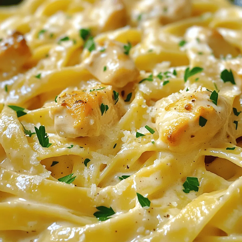To make this dish, you need simple and fresh ingredients. Here’s what you’ll need: - 250g fettuccine or your preferred pasta - 2 tablespoons extra virgin olive oil - 2 boneless, skinless chicken breasts, cut into bite-sized chunks - 4 cloves garlic, finely minced - 1 cup heavy cream - 1 cup low-sodium chicken broth - 1/2 cup freshly grated Parmesan cheese - 1 teaspoon Italian seasoning blend - Salt and freshly ground black pepper, to taste - Fresh parsley, chopped (for vibrant garnish) These ingredients come together to create a rich and creamy sauce. The chicken adds protein, while the pasta serves as a great base. Garlic gives the dish a lovely aroma and flavor. To prepare this creamy garlic chicken pasta, you will need a few key tools: - Large pot for boiling pasta - Skillet for sautéing - Wooden spoon for stirring - Measuring cups and spoons - Knife and cutting board Having the right tools makes cooking easier and more fun. A large pot helps cook the pasta evenly. A good skillet allows for perfect sautéing of the chicken and garlic. This dish is not only tasty, but it also provides important nutrients. Here’s a quick nutrition overview: - Calories: Approximately 550 per serving - Protein: About 30g from chicken and dairy - Carbohydrates: Roughly 60g from pasta - Fat: Around 25g from cream and olive oil Creamy garlic chicken pasta is a balanced meal. It gives you energy from carbs, protein for muscles, and healthy fats for overall wellness. Enjoy this dish as a hearty dinner. For the full recipe, check the earlier section. To start, fill a large pot with water and add salt. Bring the water to a boil. Once boiling, add 250g of fettuccine or your pasta choice. Cook it until it is al dente. This usually takes about 8-10 minutes. When it's done, save a little pasta water in a cup. Then drain the rest and set the pasta aside. Next, heat 2 tablespoons of extra virgin olive oil in a large skillet over medium heat. Cut 2 boneless, skinless chicken breasts into bite-sized pieces. Season these pieces with salt and pepper. Add the chicken to the hot oil. Cook for 5-7 minutes until the chicken turns golden brown and is cooked through. After cooking, take the chicken out of the skillet and place it on a plate. Now, we will make the sauce. Keep the same skillet—don't clean it! Add 4 finely minced garlic cloves. Sauté the garlic for about 1 minute. You want it to smell great but not brown. Next, pour in 1 cup of low-sodium chicken broth. Use a wooden spoon to scrape up any tasty bits stuck to the pan. Turn the heat down low. Pour in 1 cup of heavy cream, 1 teaspoon of Italian seasoning, and 1/2 cup of grated Parmesan cheese. Stir gently for a few minutes. This will help the sauce thicken. If it gets too thick, add a bit of the reserved pasta water. Once it looks creamy, return the chicken to the skillet. Add the cooked pasta and toss everything well. Taste and adjust seasoning if needed. For the full recipe, check out the detailed instructions above. To create a creamy sauce, use heavy cream. It adds richness you will love. Heat the cream gently, so it does not boil. Stir in the cheese slowly for a smooth blend. If the sauce gets too thick, add some water from the pasta. This will help you reach the right texture. Cook the chicken in a hot skillet. This helps it brown nicely. Make sure the pieces are cut small for even cooking. Season well with salt and pepper. Cook for about 5-7 minutes until golden brown. Always check that it is cooked through by cutting into a piece. Juices should run clear. One common mistake is overcooking the garlic. Sauté it only until fragrant, about one minute. Overcooking makes it bitter. Another mistake is not reserving pasta water. This water is key for adjusting sauce thickness. Lastly, don't rush the sauce. Let it simmer for a few minutes to develop flavor. For more details, check the Full Recipe! {{image_4}} You can use many types of pasta for this dish. Fettuccine works great, but penne or spaghetti also taste good. Whole wheat or gluten-free pasta are great options too. Just remember to follow the cooking time on the box. If you want a vegetarian version, skip the chicken. Try using mushrooms instead. They have a nice texture and soak up the sauce well. You can also add spinach or broccoli for some color and nutrition. To make this dish even tastier, try adding a squeeze of lemon juice. It brightens the flavors. Fresh herbs like basil or thyme can also add depth. For a hint of heat, sprinkle in some red pepper flakes. These small changes can make your creamy garlic chicken pasta shine. Check the Full Recipe for more ideas! Store your leftover creamy garlic chicken pasta in an airtight container. This keeps it fresh. Make sure to let it cool down first. Once cooled, place it in the fridge. Enjoy it within three days for the best taste. When you're ready to eat, reheating is easy. You can use a microwave or a skillet. If using a microwave, place it in a bowl and cover it. Heat in short intervals, stirring in between. If using a skillet, add a splash of chicken broth to keep it moist. Warm it slowly over medium heat. You can freeze this dish too! Portion it into airtight containers. Leave some space at the top, as it will expand when frozen. Label the containers with the date. It should last about three months in the freezer. To thaw, place it in the fridge overnight before reheating. Yes, you can. Use coconut cream instead of heavy cream. For cheese, try a nut-based cheese. These swaps keep the dish creamy and delicious without dairy. Add red pepper flakes to the garlic sauce. Start with a small pinch and taste. You can also use spicy sausage instead of chicken for extra heat. Fresh salad is a great choice. Garlic bread adds a nice crunch. Steamed vegetables like broccoli or spinach also work well to balance the meal. Choose gluten-free pasta made from rice or corn. Always check labels to ensure no gluten is in other ingredients. You can also replace the chicken broth with a gluten-free version. For the full recipe, check the section above. Enjoy your cooking! This blog post explored how to make creamy garlic chicken pasta. We covered essential ingredients and tools needed, along with step-by-step cooking instructions. I shared helpful tips for a delicious sauce, perfect chicken, and ways to avoid common mistakes. You can also find variations to suit your taste and info on storing leftovers. Now, you have everything to create a tasty dish that everyone will love. Enjoy cooking!
