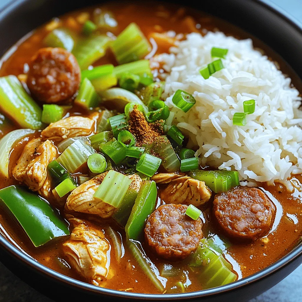 To make a great Cajun chicken and sausage gumbo, you need some key ingredients. Here’s a list: - 1 lb boneless, skinless chicken thighs, cut into bite-sized pieces - 1 lb smoked andouille sausage, sliced into rounds - 1 cup onion, finely diced - 1 cup green bell pepper, finely diced - 1 cup celery, finely diced - 4 cloves garlic, minced - 6 cups chicken broth (preferably low sodium) - 1 can (14.5 oz) diced tomatoes, including the juices - 1 tablespoon Cajun seasoning (adjust to taste) - 1 bay leaf - 2 tablespoons vegetable oil (for cooking) - 1/4 cup all-purpose flour (for the roux) - 1 tablespoon Worcestershire sauce - 2 cups okra, sliced (optional, for added texture) - 2 green onions, thinly sliced (for garnish) - Cooked white rice (for serving) - Salt and pepper to taste Okra is an optional ingredient. It adds a nice texture. You can skip it if you prefer a smoother gumbo. For Cajun seasoning, I often recommend brands like Tony Chachere’s or Zatarain’s. They pack a flavorful punch. When it comes to chicken broth, look for Swanson or Pacific Foods. They offer great taste without too much salt. Using the right tools makes cooking easier and more fun. Here are some must-have items for making gumbo: - Heavy-bottomed pot or Dutch oven: This is perfect for even cooking. - Whisk: You'll need this for making the roux without lumps. - Wooden spoon: Great for stirring your ingredients. - Measuring cups and spoons: For accurate ingredient amounts. These tools help you create a delicious and satisfying Cajun chicken and sausage gumbo. For the full recipe, check out the link provided. A roux is a mix of flour and fat cooked together. It gives gumbo its rich flavor and thick texture. The key to a great roux is patience. You want to cook it slowly over medium heat. Stir it often to avoid burning. Aim for a deep chocolate color. This can take about 10-15 minutes. If it gets too dark too fast, lower the heat. Remember, a darker roux means deeper flavor. In Cajun cooking, the "holy trinity" refers to onion, green bell pepper, and celery. These three ingredients form the base of many dishes. After making your roux, add the diced vegetables. Sauté them for about five minutes. This helps to soften the veggies and release their flavors. You want them tender, not mushy. The smell will be amazing! Now it’s time to add your proteins and liquids. Toss in the sliced sausage and chicken thighs. Stir them in until the chicken is no longer pink. Then, pour in the chicken broth and diced tomatoes. Mix everything well. Add the Cajun seasoning, Worcestershire sauce, and bay leaf next. If you like okra, toss it in now too. Bring the gumbo to a boil, then lower the heat to a gentle simmer. Cover it and let it cook for at least 45 minutes. This slow cooking allows the flavors to blend. Before serving, taste it and adjust the salt and pepper. Enjoy your delicious gumbo over fluffy white rice. For the full recipe, check out the link! To make your gumbo even tastier, consider adding more spices. Bay leaves and thyme add depth. You can also use cayenne for heat. A splash of hot sauce gives a nice kick. Simmering is key. Let your gumbo cook low and slow. This allows flavors to develop fully. Aim for at least 45 minutes of simmering. If you have time, let it go longer for richer taste. One common error is not stirring the roux enough. If you let it burn, the whole dish suffers. Keep stirring until you reach a dark color without burning it. Another mistake is adding too much liquid too fast. If your gumbo is too thick, add broth gradually. For thin gumbo, let it simmer uncovered to reduce liquid. Gumbo pairs well with simple sides. A slice of crusty bread or cornbread works great. Green salads also add a fresh touch. For drinks, consider sweet tea or a light beer. These drinks balance the flavors of the gumbo. Enjoy your meal with friends and family for a true comfort experience. For the full recipe, check out the detailed steps to create this delicious dish. {{image_4}} You can make a great seafood gumbo too. Instead of chicken and sausage, use seafood. Shrimp, crab, and fish are popular choices. They add a nice touch to the rich gumbo flavor. For a seafood gumbo, here’s what you need: - 1 lb shrimp, peeled and deveined - 1 lb crab meat, picked over for shells - 1 cup onion, finely diced - 1 cup green bell pepper, finely diced - 1 cup celery, finely diced - 4 cloves garlic, minced - 6 cups seafood stock - 1 can (14.5 oz) diced tomatoes - 1 tablespoon Cajun seasoning - 1 bay leaf - 2 tablespoons vegetable oil - 1/4 cup all-purpose flour - 2 cups okra, sliced (optional) - Cooked white rice Follow the same steps as the chicken gumbo. Cook the roux first. Add in the "holy trinity." When it’s time to add the protein, toss in the seafood. Cook until just done to keep it tender. If you prefer a plant-based gumbo, you can easily adapt the recipe. Replace the meat with hearty vegetables or beans. Use mushrooms, zucchini, and eggplant for texture. White beans or lentils can add protein. For a vegan version, here’s a simple list: - 1 cup mushrooms, sliced - 1 cup zucchini, diced - 1 cup eggplant, diced - 1 can (14.5 oz) white beans, drained - 6 cups vegetable broth - 1 cup onion, finely diced - 1 cup green bell pepper, finely diced - 1 cup celery, finely diced - 4 cloves garlic, minced - 1 tablespoon Cajun seasoning - 1 bay leaf - 2 tablespoons vegetable oil - 1/4 cup all-purpose flour - 2 cups okra, sliced (optional) - Cooked white rice Use the same cooking method as before. Just remember to season well. The spices will help bring out the flavor in your veggies. You can control the heat in your gumbo. Adjust the amount of Cajun seasoning to your liking. If you want to add more heat, try adding cayenne pepper. Start with a small amount and taste as you go. To add heat without overwhelming the dish, consider using fresh peppers. Diced jalapeños or serranos can add a nice kick. Just remember to remove the seeds for less heat. Keep tasting while cooking. This way, you can find your perfect balance of spice. Enjoy customizing your gumbo to fit your taste! To keep your gumbo fresh, use a clean, airtight container. Place it in the fridge right after it cools down. Gumbo stays good for about three to four days. Always check for any off smells before eating. If it smells fine, it should be safe. When freezing gumbo, pour it into freezer-safe bags or containers. Leave some space at the top for expansion. Gumbo can last up to three months in the freezer. To thaw, move it to the fridge overnight. Reheat it on the stove over low heat. Stir it often to keep it from sticking. If you have leftover rice, store it in a separate container. You can mix it with other dishes or use it for stir-fries. For leftover gumbo, try making a gumbo casserole. Layer it with cheese and bake until bubbly. You can also use it as a filling for tacos or in a hearty soup. Each option gives your leftovers a new life! Gumbo and jambalaya are both classic dishes from Louisiana. The main difference lies in their cooking methods and ingredients. Gumbo is a thick stew served over rice, with a rich base made from roux. Jambalaya is a one-pot dish where rice cooks with meat and vegetables. Both are tasty but have unique textures and flavors. Yes, you can use frozen okra in this gumbo. Frozen okra works well and saves time. It may become softer than fresh okra when cooked. The taste remains similar, and it adds nice texture to the dish. Just add it in the same way as fresh okra. To make gumbo ahead of time, cook it and let it cool before storing. Place it in an airtight container and refrigerate for up to three days. You can also freeze gumbo for longer storage. When ready to eat, reheat it gently on the stove. Add a splash of water or broth to keep it moist. Stir often to avoid sticking. The flavors deepen when it sits, making it even better! Check out the full recipe for Cajun Chicken & Sausage Gumbo [here](#). Gumbo is a rich and flavorful dish that brings comfort to any table. We covered essential ingredients, from Cajun seasoning to quality chicken broth. I shared useful tips for making the perfect roux and sautéing the holy trinity. Exploring variations, we found seafood and vegetarian options to suit different tastes. Storing leftovers and reheating correctly ensures you enjoy every bite. Remember, practice makes perfect. With these steps and insights, you can create a delightful gumbo that impresses friends and family. Enjoy the process and let your creativity shine!