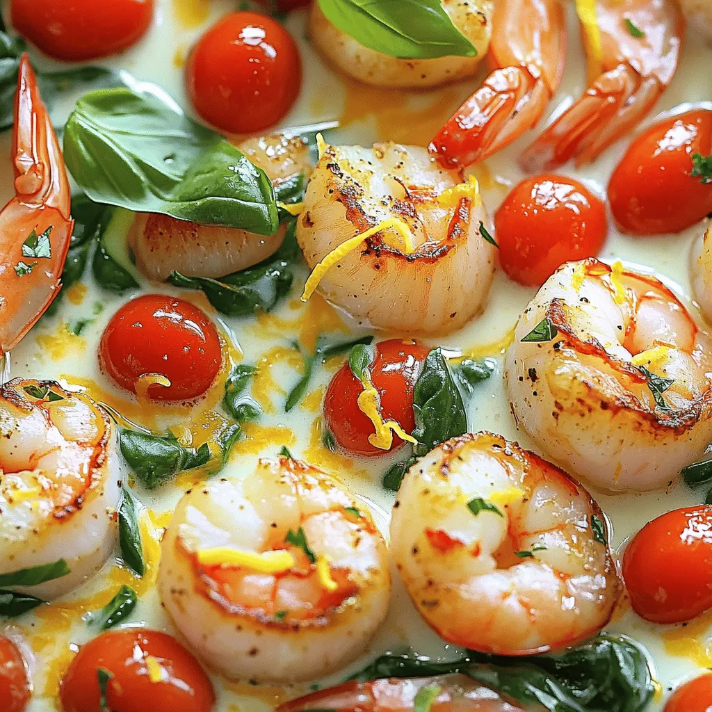 - 1 pound large shrimp, peeled and deveined - 1 pound sea scallops, patted dry - 3 tablespoons extra virgin olive oil - 4 cloves garlic, finely minced - 1 cup cherry tomatoes, halved - 1 cup fresh baby spinach - 1 teaspoon dried Italian herb blend (basil, oregano, thyme) - 1/2 teaspoon crushed red pepper flakes (optional for heat) - 1/2 cup heavy cream - Salt and freshly cracked black pepper, to taste - Fresh basil leaves, for vibrant garnish - Zest of 1 lemon, to brighten the dish Each ingredient plays a key role in the flavor of the dish. I prefer using fresh shrimp and scallops for their sweet taste and firm texture. Fresh shrimp should smell like the ocean, not fishy. Scallops should have a slight sweetness and a milky appearance. For the best taste, use extra virgin olive oil. It has a rich flavor that enhances the dish. Garlic adds warmth and depth, while cherry tomatoes bring a burst of sweetness. Fresh baby spinach adds color and nutrition. Dried Italian herbs give a classic Tuscan flavor. Crushed red pepper flakes are optional. They bring a little heat, but you can skip them if you prefer a milder taste. Heavy cream creates a rich and creamy sauce that ties everything together. If you're in a pinch, you can swap heavy cream with half-and-half or even coconut cream for a dairy-free option. Fresh basil is a must for garnish; it adds a fragrant touch to your dish. Lemon zest brightens the flavors, so don’t skip it. For the Full Recipe, simply follow the steps provided to create this delightful dish. Enjoy the cooking process! To make Tuscan shrimp and scallops, follow these clear steps. This simple guide will help you create a creamy delight. 1. Cook the shrimp: Start with a large skillet. Heat 2 tablespoons of olive oil over medium-high heat. Once the oil is hot, add the shrimp in a single layer. Sprinkle a little salt and pepper on top. Cook for 2 to 3 minutes on each side until they turn pink. 2. Remove the shrimp: After cooking, take the shrimp out of the skillet. Place them on a plate and set aside. 3. Sear the scallops: In the same skillet, add 1 more tablespoon of olive oil. Carefully place the scallops in the pan. Make sure they don’t touch each other. Sear them for about 2 to 3 minutes on each side until golden brown. 4. Set aside the scallops: Once cooked, remove the scallops and place them with the shrimp on the plate. 5. Make the sauce: Lower the heat a bit. Add the minced garlic to the skillet. Sauté for about 30 seconds until it smells good. Be careful not to burn it. 6. Add tomatoes: Toss in the halved cherry tomatoes. Cook for 2 to 3 minutes, stirring occasionally. You want them to soften and release their juices. 7. Mix in spinach and herbs: Add the fresh baby spinach, the dried Italian herb blend, and crushed red pepper flakes if you like some heat. Stir until the spinach wilts down. 8. Pour the cream: Now, add the heavy cream and lemon zest. Let this simmer gently for about 2 minutes. This will help the sauce thicken and blend the flavors. 9. Combine the seafood: Return the shrimp and scallops to the skillet. Toss them gently in the creamy sauce. Heat everything together for about another 2 minutes. This warms up the seafood without cooking it too much. 10. Season to taste: Taste your sauce and add more salt and pepper if needed. Adjust until it tastes just right. 11. Serve beautifully: Serve your Tuscan shrimp and scallops warm. Garnish with fresh basil leaves for color and flavor. For the full recipe, check out the complete details above. Enjoy your meal! - Best practices for searing shrimp and scallops: Start with a hot pan and enough oil. This helps create a nice crust. Place shrimp and scallops in a single layer. Don’t overcrowd the pan. Cook for 2-3 minutes on each side. - How to avoid overcooking seafood: Watch the color change. Shrimp should turn pink and opaque. Scallops need a golden crust. Remove them from heat just when they are done. - Enhancing flavor with herbs and spices: Use fresh herbs like basil for a burst of flavor. Add dried herbs, like Italian blends, during cooking. This releases their oils and enhances taste. - Ideas for garnishing the dish: Place fresh basil leaves on top for color. A sprinkle of lemon zest adds brightness. - Serving suggestions with side dishes: Pair this dish with crusty bread or pasta. A light salad goes well with the creamy sauce. - Visual appeal for plating the dish: Use shallow bowls for a nice look. Drizzle extra sauce around the plate. This makes it more inviting. For more details, check out the Full Recipe for Tuscan Shrimp and Scallops Delight! {{image_4}} You can easily change this recipe to suit your taste. Try adding vegetables like zucchini or bell peppers. Slice them thin and toss them into the skillet with the garlic. This will add color and nutrition. You can also adjust the spice level. If you like heat, add more crushed red pepper flakes. For a milder dish, skip them entirely. If you want a vegetarian or vegan version, replace the shrimp and scallops with hearty vegetables like mushrooms or eggplant. Use coconut cream instead of heavy cream for a dairy-free touch. This keeps the dish rich while making it plant-based. Pair this dish with pasta or rice to soak up the creamy sauce. I recommend serving it over fettuccine or risotto. A fresh green salad on the side adds a nice crunch. For drinks, a crisp white wine like Pinot Grigio works well. It balances the richness of the sauce. You can also serve the dish as an appetizer if you use smaller portions. This way, everyone can enjoy a taste of Tuscan flavors before the main course. For the full recipe, check out the details above and start cooking! After enjoying your Tuscan shrimp and scallops, it's key to store leftovers correctly. First, place them in an airtight container. This keeps them fresh and safe. Refrigerate within two hours of cooking. Leftovers will last up to three days in the fridge. If you want to save them longer, freezing is a great option. Make sure to use a freezer-safe container. You can also wrap them tightly in plastic wrap or aluminum foil. When stored properly, your dish can last up to three months in the freezer. Just remember to label the date for easy tracking. When you're ready to enjoy leftovers, you want to reheat them without overcooking. The best method is to use the stove. Place the dish in a skillet over low heat. Stir gently until warmed through. This keeps the seafood tender and prevents it from becoming rubbery. If you prefer the microwave, use a microwave-safe dish. Cover it with a damp paper towel to keep moisture. Heat in short bursts, stirring in between. Be cautious; seafood can easily overcook. Always check if it’s hot throughout before serving. For safety, ensure your seafood reaches an internal temperature of 145°F. This keeps your meal safe and delicious. Enjoy your creamy delight again with these simple tips! How long does it take to cook shrimp and scallops? Cooking shrimp and scallops usually takes about 10 minutes. Shrimp cooks fast, needing just 2-3 minutes per side. Scallops need about 2-3 minutes on each side too. Watch for color changes to know when they are done. Can I use frozen shrimp or scallops? Yes, you can use frozen shrimp or scallops. Just remember to thaw them first. Place them in the fridge overnight or run them under cold water. This helps them cook evenly in your dish. What is a good substitute for heavy cream in this recipe? You can use coconut milk or cashew cream as a substitute. Both provide a creamy texture. If you want a lighter option, try whole milk mixed with a bit of butter. What’s the difference between sautéing and searing? Sautéing cooks food quickly in a small amount of fat. It’s typically done over medium heat. Searing uses higher heat to create a brown crust on food. It helps lock in flavors and juices. How can I tell if shrimp and scallops are cooked properly? Shrimp should turn pink and opaque when done. Scallops should be golden brown on the outside and firm. They should not be rubbery or translucent. What’s the best way to clean seafood before cooking? For shrimp, peel and devein them under cold water. Rinse scallops gently to remove any sand or grit. Pat them dry with a paper towel before cooking. This helps achieve the best texture in your dish. This guide covered essential ingredients, cooking steps, and tips for shrimp and scallops. You learned how to make a creamy Tuscan sauce and enhance flavors with herbs. We explored simple adaptations for your taste and how to stylishly serve your dish. Remember, proper storage and reheating keep your leftovers fresh. With these insights, you can cook seafood like a pro and impress anyone at your table. Enjoy your culinary adventure!