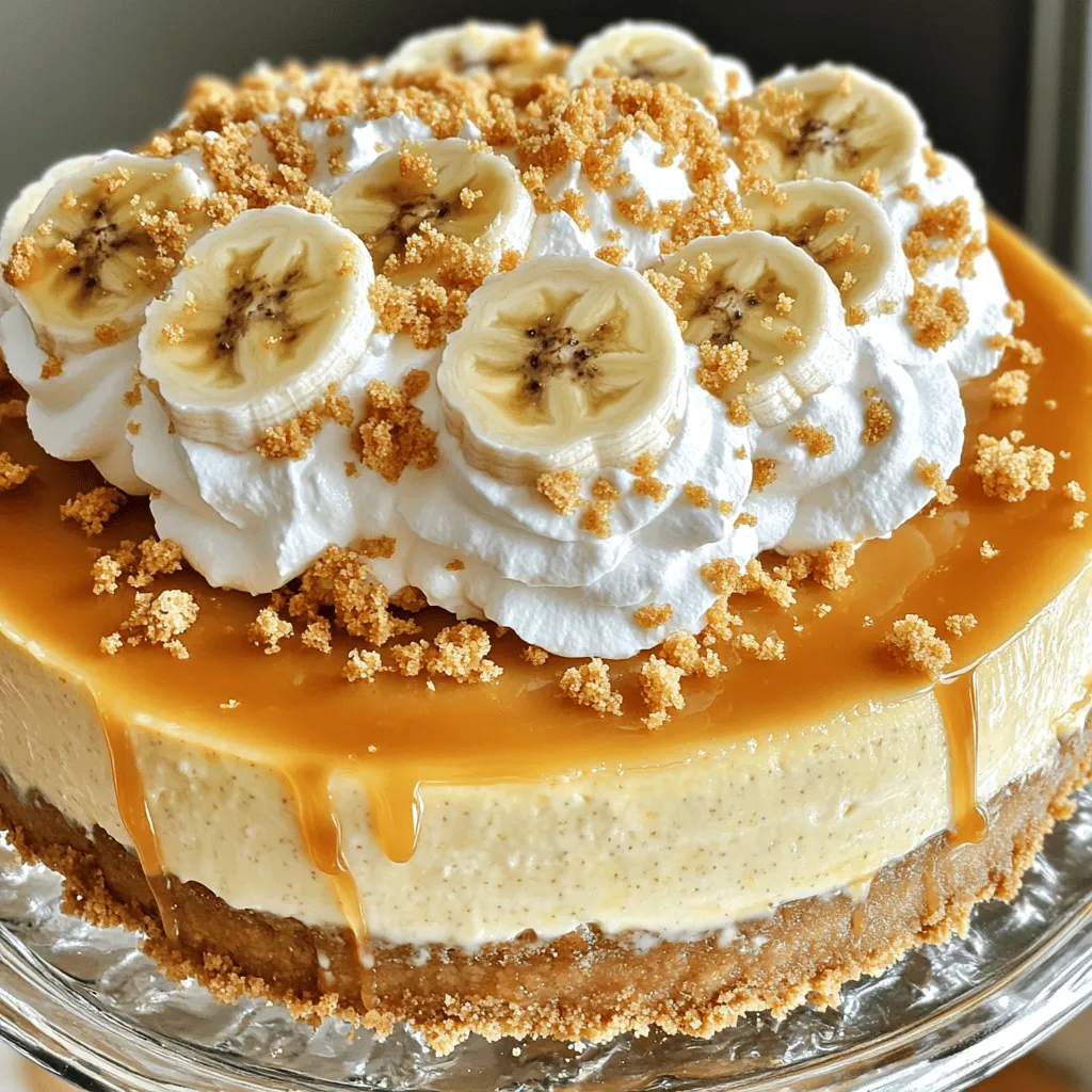 - 1 ½ cups graham cracker crumbs - ½ cup unsalted butter, melted - 2 tablespoons granulated sugar - 3 packages (8 oz each) cream cheese, softened at room temperature - 1 cup granulated sugar - 1 teaspoon pure vanilla extract - 3 large eggs, at room temperature - 1 cup heavy cream - 1 cup ripe bananas, mashed (approximately 2 medium bananas) - 1 teaspoon lemon juice - 1 package (3.4 oz) instant vanilla pudding mix - 2 cups cold milk - Whipped cream and banana slices for garnish - 9-inch springform pan - Mixing bowls - Electric mixer - Whisk - Measuring cups and spoons - Total prep time: 25 minutes - Total chilling time: 4 hours (or overnight) In this recipe, gather all your ingredients first. You want to have everything ready. This makes cooking fun and easy. Start with the graham cracker crumbs. They give a great base for your cheesecake. The butter will bind the crumbs together. Use unsalted butter for the best taste. You will need cream cheese. It makes the cheesecake creamy and rich. Make sure it is soft. This helps it mix well. The sugar adds sweetness. You can also use vanilla extract for a lovely flavor. Don’t forget the eggs! They help the cheesecake set. Make sure they are at room temperature. This helps them blend better. The ripe bananas will add a nice fruity flavor. Mash them well with a fork. The instant pudding mix is key. It adds a thick, smooth texture. Mix it with cold milk for a creamy blend. Finally, we will top the cheesecake with whipped cream and banana slices. This makes for a beautiful presentation. For kitchen equipment, you need a springform pan. It helps the cheesecake come out easily. Mixing bowls and an electric mixer will speed up the process. A whisk is useful for blending the pudding mix. The total prep time for this dish is just 25 minutes. Once you bake and chill, you will have a delicious dessert. The chilling time is important. It helps all the flavors come together. Check out the Full Recipe for more details on how to create this delightful treat! - Preheat the oven to 325°F (162°C). - Mix 1 ½ cups of graham cracker crumbs, ½ cup of melted unsalted butter, and 2 tablespoons of granulated sugar together in a bowl. - Press the mixture firmly into the bottom of a 9-inch springform pan. Bake it for 10 minutes, then let it cool. - In a large bowl, beat 3 packages of softened cream cheese with an electric mixer until smooth. - Gradually mix in 1 cup of granulated sugar and 1 teaspoon of pure vanilla extract until creamy. - Add 3 large eggs one at a time. Mix just until blended to keep the batter smooth. - Stir in 1 cup of mashed ripe bananas and 1 teaspoon of lemon juice until well mixed. - In another bowl, whisk 1 package of instant vanilla pudding mix with 2 cups of cold milk until combined. Let it sit for 5 minutes to thicken. - Gently fold the pudding mixture into the cheesecake batter until you have a smooth blend. - Pour the batter over your cooled crust and bake for 50-60 minutes. The edges should be set, but the center can have a slight jiggle. This step-by-step guide will help you create a delicious Banana Pudding Cheesecake. For the full recipe, check out the [Full Recipe]. - Bake cheesecake with a slight jiggle in the center for best texture. - Gradually cool in the oven to minimize cracking. To avoid cracks, watch the baking time closely. The cheesecake should look set around the edges while the center remains slightly jiggly. This is key for a smooth finish. Once done, turn off the oven but leave the cheesecake inside with the door ajar. This slow cooling step helps prevent sudden temperature changes that can cause cracks. - Ensure cream cheese is softened at room temperature. - Avoid overmixing after adding eggs to prevent air pockets. For a creamy cheesecake, start with room temperature cream cheese. Cold cream cheese will not mix well and can lead to lumps. When you add eggs, mix gently and just until combined. Overmixing adds air, which will create unwanted air pockets in your cheesecake. - Garnish with whipped cream and banana slices. - Drizzle with caramel or chocolate sauce for enhanced flavor. When you’re ready to serve, add a generous dollop of whipped cream on top. Fresh banana slices not only look beautiful but also enhance the banana flavor. A drizzle of caramel or chocolate sauce can elevate the dessert, making it look even more tempting. For an extra touch, sprinkle crushed graham crackers on top for added crunch. For the Full Recipe, feel free to refer back to the main guide. {{image_4}} For a vegan version, you can swap out cream cheese and eggs. Use a vegan cream cheese that is nut-based or made from soy. For eggs, try a mixture of flaxseed meal and water. Just mix one tablespoon of flaxseed meal with two and a half tablespoons of water. Let it sit until it thickens. When making the crust, choose vegan graham crackers. They are a great base and keep the dessert tasty. If you want to skip the oven, you can make a no-bake cheesecake. Start by mixing the cream cheese and sugar until smooth. Add in the mashed bananas and other ingredients as usual. For setting, use gelatin or agar-agar. To use gelatin, bloom it in warm water, then mix it into your batter. For agar-agar, dissolve it in boiling water. Follow the package instructions for the right amount. Want to mix things up? Try adding peanut butter. Just blend in half a cup for a creamy twist. You can also add chocolate chips or chopped nuts. They give a nice crunch and extra flavor. Just fold them into the batter before pouring it into the crust. These variations let you personalize your banana pudding cheesecake. You can find the full recipe to try these ideas! To keep your banana pudding cheesecake fresh, store leftovers in the fridge. Use an airtight container or cover it tightly with plastic wrap. This helps to prevent the cheesecake from drying out or absorbing other flavors in the fridge. Always let the cheesecake cool completely before storing. You can freeze banana pudding cheesecake for long-term storage. First, wrap it tightly in plastic wrap or foil. Then, place it in a freezer-safe container. This helps to keep the cheesecake from getting freezer burn. When you're ready to enjoy it, move the cheesecake to the fridge. Let it thaw overnight for the best texture. Serve it chilled for a delightful treat. For the best taste, enjoy your cheesecake within 5 to 7 days after making it. If you freeze it, it can last up to 3 months. Look for signs that it has gone bad, like a sour smell or unusual texture. If it looks or smells off, it's best to toss it out. Enjoying your cheesecake while it's fresh will always give you the best flavor. Banana pudding cheesecake is a creamy dessert that combines two favorites. It layers rich cheesecake with the delightful flavor of banana pudding. The key components are a graham cracker crust, a creamy cheesecake filling, and a smooth banana pudding mix. This dessert is both sweet and satisfying. Yes, you can make this cheesecake ahead of time. Prepare it a day before you plan to serve it. After baking, let it cool and then chill it in the fridge. This gives the flavors time to blend. It also helps the cheesecake set properly. To make the cheesecake denser, use less heavy cream. You can also add an extra package of cream cheese. Make sure to mix the batter slowly. Avoid overmixing after adding the eggs. This keeps air from getting into the batter. Some common mistakes can ruin your cheesecake. First, don’t skip letting the cream cheese soften. Hard cream cheese creates lumps. Next, don’t overbake the cheesecake. A slight jiggle in the center is key. Finally, avoid mixing too fast after adding eggs. This can add unwanted air. Yes, you can use other types of pudding. Chocolate or butterscotch pudding can be great options. They add a twist to the classic flavor. Just make sure that the pudding mix is instant. This will help it blend well with the cheesecake batter. For the full recipe, check the original guide. You now have everything you need to make a delicious banana pudding cheesecake. We covered the key ingredients, tools, and step-by-step instructions. Remember to chill your cheesecake for the best texture and flavor. Try different variations to keep it fresh and exciting. Store it well to enjoy later. With these tips, your cheesecake will impress everyone! Enjoy making this delightful treat and happy baking!