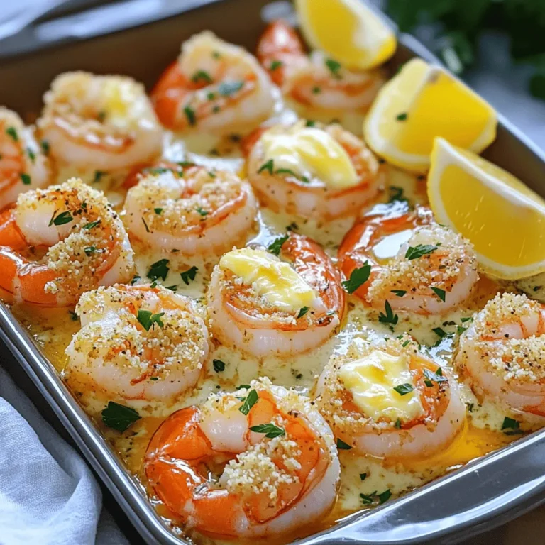 - 1 pound large shrimp, peeled and deveined - 4 tablespoons unsalted butter, melted - 4 cloves garlic, minced - 1 cup panko breadcrumbs - 1/2 cup grated Parmesan cheese - 2 tablespoons fresh parsley, finely chopped - 1 teaspoon fresh lemon juice - 1/2 teaspoon red pepper flakes The main ingredients for Garlic Parmesan Baked Shrimp create a tasty dish. Focus on the quality of your shrimp. Fresh shrimp is best, but frozen can work too. Be sure to thaw frozen shrimp fully. Butter adds rich flavor. Use unsalted for better control over salt. Garlic gives a strong aroma and taste. Mince the garlic finely to spread it well. Panko breadcrumbs create a nice crunch. They are lighter than regular breadcrumbs. Parmesan cheese brings a salty, nutty taste. Fresh parsley adds color and a fresh touch. Lemon juice brightens the dish. Red pepper flakes add a hint of heat, but they are optional. - Additional seasonings - Alternative breadcrumbs or cheeses You can customize this dish using optional ingredients. Try adding extra herbs like thyme or oregano for more flavor. If you prefer, swap panko with traditional breadcrumbs. You can also use different cheeses like mozzarella or cheddar. These changes can make the dish your own. - Baking dish - Mixing bowls - Skillet For this recipe, you need a few tools. A baking dish will hold the shrimp while it cooks. Mixing bowls are vital for combining the ingredients. A skillet helps melt the butter and cook the garlic. Keep these items ready to make your cooking process smooth. Now, you are all set to make a delicious Garlic Parmesan Baked Shrimp. Check out the Full Recipe for more details on each step. - Preheat your oven to 375°F (190°C). - Prepare a baking dish by lightly greasing it with cooking spray or a drizzle of olive oil. - In a skillet, melt the unsalted butter over medium heat. - Once melted, add the minced garlic and sauté for about 1-2 minutes. - Be careful not to let the garlic brown. Burnt garlic makes the dish bitter. - In a medium bowl, mix panko breadcrumbs, Parmesan cheese, parsley, lemon juice, and optional red pepper flakes. - Pour in half of the melted garlic butter and stir until the breadcrumbs are coated. - Season the mixture with salt and freshly ground black pepper to taste. - Place the peeled and deveined shrimp in a single layer in the prepared baking dish. - Drizzle the remaining melted garlic butter over the shrimp, letting it soak in for flavor. - Evenly distribute the breadcrumb mixture over the shrimp. - Use a spoon to gently press down so it sticks well. - Bake the dish in the preheated oven for about 12-15 minutes. - The shrimp should be opaque and cooked through when done. - Look for a golden and crispy topping. - Once baked, let it cool for a few minutes before serving. - If you like, garnish with more fresh parsley for color. This dish is simple yet packed with flavor. For the full recipe, check out the provided link. To prevent shrimp from overcooking, start with fresh or thawed shrimp. Cook them until they turn pink and opaque, which takes about 12-15 minutes. Keep an eye on them. If you leave them too long, they can become rubbery. For a crispy topping, use panko breadcrumbs. They are light and airy. Mix them with melted butter and cheese for extra crunch. Press the mixture firmly onto the shrimp. This helps it stick well while baking. You can add more flavor by using herbs like thyme or oregano. Fresh basil also works great. Try mixing in some paprika or cayenne for a kick. Different types of cheese can change the taste too. Mozzarella adds a stretch, while feta gives a tangy twist. Serve your Garlic Parmesan Baked Shrimp with a side of rice or pasta. A fresh salad with lemon vinaigrette pairs well too. For wine, a crisp white like Sauvignon Blanc works best. Its acidity balances the richness of the dish. Explore these ideas to make your meal more complete. {{image_4}} You can easily swap some ingredients for different diets. Here are a few ideas: - Gluten-free options: Use gluten-free breadcrumbs or crushed cornflakes instead of panko. This keeps the crunch without gluten. - Dairy-free alternatives: Substitute Parmesan cheese with a dairy-free cheese or nutritional yeast. It still gives a nice flavor. You can change how you cook the shrimp for a new twist. - Grilling shrimp: Toss the shrimp with the garlic butter mix. Skewer the shrimp and grill them over medium heat. This adds a smoky flavor that is delicious. - Air frying variations: Place the shrimp in an air fryer instead of the oven. Cook at 375°F for about 8-10 minutes. This method makes the shrimp extra crispy. Add a bit of your favorite spices to make this dish unique. - Adding various international spices: Try mixing in some cumin or paprika for a different taste. You can even add curry powder for a bold flavor. - Integrating local ingredients: Use fresh herbs from your garden or local market. Basil or cilantro can change the flavor profile and make the dish special. After baking, let your Garlic Parmesan Baked Shrimp cool for about 15 minutes. This step helps prevent condensation in the storage container. Use airtight containers to keep your leftovers fresh. Glass containers work well, but plastic ones are also fine. To reheat your shrimp, the oven is best. Preheat it to 350°F (175°C). Place the shrimp on a baking tray and cover with foil. Bake for about 10 minutes. This method keeps the topping crispy. If using a microwave, heat in short bursts. Don't overcook, or the shrimp will become tough. Your Garlic Parmesan Baked Shrimp lasts about 3 days in the fridge. Store it in an airtight container. If you want to freeze it, wrap the shrimp tightly in plastic wrap and place it in a freezer bag. It can last up to 2 months in the freezer. Just remember to thaw it in the fridge before reheating. Yes, you can use frozen shrimp for this dish. Make sure to thaw them first. The best way to thaw shrimp is to place them in the fridge overnight. If you need them quickly, submerge the shrimp in cold water for about 15-20 minutes. Once thawed, pat them dry with paper towels to remove excess water. This step helps the shrimp absorb the flavors well. Perfectly cooked shrimp should be opaque and pink. They should curl up slightly, but not too tightly. If you see a "C" shape, they are just right. Overcooked shrimp become rubbery and tough, so watch them closely. The baking time for this recipe is about 12-15 minutes, but it may vary based on your oven. Yes, you can prepare the dish ahead of time. Pre-assemble the shrimp and breadcrumb mixture, then cover and store in the fridge. It can stay fresh for up to 24 hours. When you’re ready to cook, just pop it in the oven straight from the fridge. This makes it easy to serve a tasty meal without much fuss. This blog post covered everything you need for Garlic Parmesan Baked Shrimp. You learned about main and optional ingredients, essential equipment, and detailed cooking steps. I shared tips to enhance flavor and prevent overcooking. You also discovered fun variations and proper storage techniques. With these steps, you can create a delicious dish that's easy to customize. Enjoy your cooking journey!