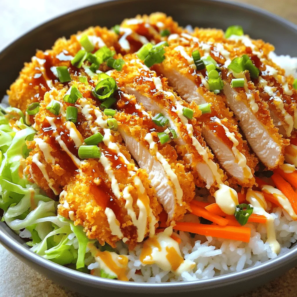 To make a tasty Crunchy Chicken Katsu Bowl, you need the following main ingredients: - 2 boneless, skinless chicken breasts - 1 cup panko breadcrumbs - 1/2 cup all-purpose flour - 2 large eggs - 1 tablespoon soy sauce - 2 cups cooked sushi rice - 1/4 cup tonkatsu sauce - 1/4 cup mayonnaise (optional, for drizzling) - 1 green onion, thinly sliced (for garnish) - 1 cup finely shredded cabbage - 1 small carrot, julienned - Salt and freshly ground pepper to taste - Oil suitable for frying These ingredients create the crunchy and savory flavors you love in a katsu bowl. Feel free to get creative with your katsu bowl! Here are some optional ingredients to enhance your dish: - Sliced avocado for creaminess - Pickled ginger for a tangy kick - Sesame seeds for added crunch - Extra veggies like bell peppers or radishes - A drizzle of sriracha for heat These customizations add fun flavors and textures to your bowl. To prepare your katsu bowl, gather these essential tools: - Meat mallet or rolling pin - Three shallow bowls for breading - Large frying pan or skillet - Tongs for handling hot chicken - Paper towels for draining excess oil - Cooking thermometer for safety Having the right tools makes cooking easier and more enjoyable. For the full recipe, refer to the details given earlier. Enjoy making your katsu bowl! Start by placing your chicken breasts between two sheets of plastic wrap. Use a meat mallet or rolling pin to gently pound them. Aim for an even thickness of about 1/2 inch. This helps the chicken cook evenly. Season both sides with salt and freshly ground pepper. This adds great flavor. Next, create your breading station. You need three shallow bowls. In the first bowl, add the all-purpose flour. In the second bowl, beat the eggs and mix in the soy sauce. Pour the panko breadcrumbs into the third bowl. This setup makes the breading process easy and efficient. Now, it’s time to bread the chicken. Take one chicken breast and dip it into the flour. Make sure to coat it well and shake off any extra flour. Then, dip it into the egg wash, letting any excess drip off. Finally, coat it with panko breadcrumbs. Press gently to help them stick. Repeat this for the second chicken breast. Heat oil in a large frying pan. You want about 1/2 inch deep of oil. Warm it over medium heat. To check if the oil is ready, drop in a small piece of breadcrumb. If it bubbles right away, you’re good to go. Carefully lower the breaded chicken into the hot oil. Fry each side for about 4-5 minutes. Look for a deep golden brown color. Use a meat thermometer to check for doneness; it should read 165°F (75°C). Once the chicken is done, remove it with tongs and place it on a paper towel-lined plate. This helps drain excess oil. Let it rest for a few minutes before slicing into strips. To assemble the bowl, start with a base of cooked sushi rice in each serving bowl. Layer the sliced chicken katsu on top. Add a heap of shredded cabbage and a sprinkle of julienned carrots. Drizzle with tonkatsu sauce and, if you like, a swirl of mayonnaise for extra creaminess. Don’t forget to garnish with sliced green onions to add a fresh touch. Enjoy your crunchy chicken katsu bowl! For more details, check the Full Recipe. The right oil temperature is key for great katsu. Heat your oil until it shimmers. A good test is dropping a breadcrumb in the oil. If it bubbles right away, you're ready to fry. Fry the chicken in batches if your pan is small. This prevents crowding and keeps the heat steady. Flip the chicken gently to avoid splattering. If your katsu browns too fast, lower the heat. Always check that the chicken reaches 165°F in the center. This ensures it's safe and juicy. A beautiful bowl makes the meal more fun. Start with a colorful bowl to catch the eye. Layer your ingredients for a nice look. Place the rice at the bottom, then the chicken on top. Add a mound of shredded cabbage and julienned carrots. Drizzle the tonkatsu sauce in a zigzag pattern for flair. Finish with sliced green onions for freshness and a pop of color. A sprinkle of sesame seeds can also add a nice touch. To boost flavor, season your flour with salt and pepper. You can add garlic powder or paprika for extra taste. Try marinating the chicken in soy sauce for a few hours. This adds depth to the dish. For a spicy kick, mix some sriracha into your mayo. Don't forget to taste your sauces. Adjust them to your liking by adding more sweetness or tang. Each tweak makes your katsu bowl unique and tailored to your taste. For the full recipe, check out the Crunchy Chicken Katsu Bowl 🥢 section. {{image_4}} You can choose between chicken or pork for your katsu bowl. Chicken katsu is light and juicy, while pork katsu is rich and hearty. Both options use the same breading method. Just swap chicken with pork. You will still enjoy that crunchy texture and flavor. The choice depends on your taste and mood. If you prefer a vegetarian option, use tofu. Tofu katsu is tasty and filling. To make it, press the tofu to remove extra water. Slice it into even pieces, like chicken. Coat it with flour, egg wash, and panko just like you would with chicken. Fry it until golden brown, and enjoy a delicious, meat-free meal. Adding seasonal vegetables can boost flavor and nutrition. Consider using carrots, zucchini, or bell peppers. You can sauté or steam them lightly before adding to your bowl. This way, you get a colorful and vibrant dish. Plus, it’s a great way to use up leftovers from your fridge. To keep your leftover katsu fresh, let it cool first. Place it in an airtight container. Make sure to separate the chicken from the rice and veggies. This keeps everything crisp. Store the chicken katsu in the fridge for up to three days. When you are ready to eat, you can reheat the katsu. Preheat your oven to 350°F (175°C). Place the chicken on a baking tray. Heat for about 10 to 15 minutes. This will make the katsu crunchy again. You can also use a microwave, but the texture may not be as good. If you want to freeze katsu, wrap it well in plastic wrap. Then, place it in a freezer bag. This helps prevent freezer burn. You can freeze it for up to three months. When you want to eat it, thaw it in the fridge overnight before reheating. A traditional Japanese Katsu Bowl features crispy fried meat, often chicken or pork. It sits on a bed of sushi rice. The dish also includes fresh veggies like cabbage and carrots. It usually gets a drizzle of tonkatsu sauce. This sauce is savory and slightly sweet. It brings all the flavors together in a tasty way. To make Katsu gluten-free, swap regular flour for gluten-free flour. Use gluten-free panko breadcrumbs instead of regular ones. These swaps keep the crunch while making it safe for those with gluten allergies. Always check labels to ensure all ingredients are gluten-free. Tonkatsu sauce is the classic choice for Katsu. It adds a rich flavor that complements the dish. You can also try barbecue sauce for a smoky twist. Some people enjoy a drizzle of spicy mayo for a kick. Experiment with different sauces to find your favorite. Yes, you can prepare parts of this dish in advance. You can make the Katsu and store it in the fridge. Just reheat it in the oven to keep it crispy. Cook the rice ahead of time, too. Assemble the bowl right before serving for the best taste. You can find Katsu ingredients at most grocery stores. Look for panko breadcrumbs in the Asian food aisle. Sushi rice is often in the rice section. If you can’t find something, check local Asian markets. They usually have everything you need for an authentic Katsu Bowl. For the full recipe, refer to the Crunchy Chicken Katsu Bowl recipe for details on preparation and ingredients. I covered how to make a tasty Chicken Katsu Bowl. You learned about ingredients, tools, and cooking steps. I also shared tips to perfect your dish, explore variations, and store leftovers. In the end, you can create a bowl that suits your taste. Enjoy your cooking adventure, and don't be afraid to try new things!
