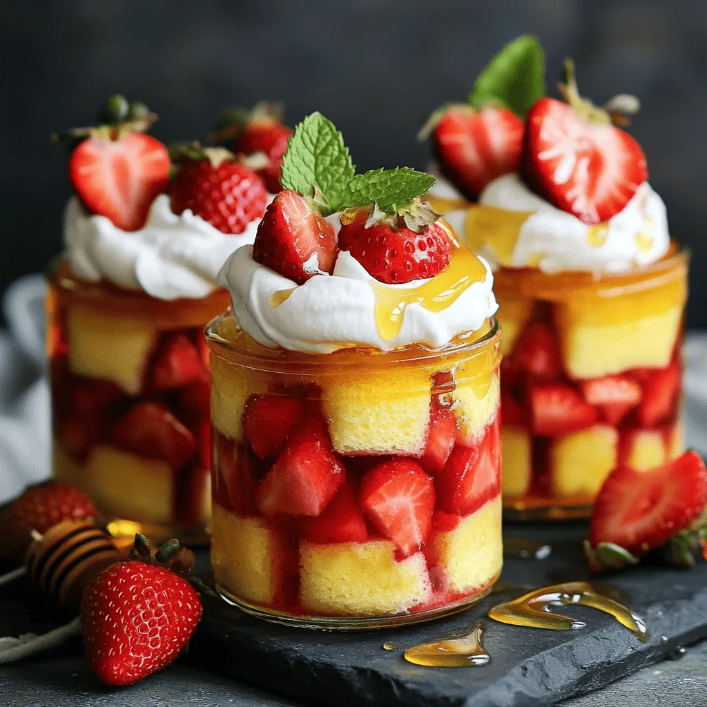 To create your Strawberry Shortcake Cake Jars, gather these main ingredients: - 2 cups fresh strawberries, hulled and sliced - 1/4 cup granulated sugar (for strawberries) - 1 teaspoon vanilla extract - 2 cups whipped cream (store-bought or homemade) - 1 cup all-purpose flour - 1/2 cup granulated sugar (for cake) - 1 1/2 teaspoons baking powder - 1/2 teaspoon baking soda - 1/4 teaspoon salt - 1/2 cup unsalted butter, melted - 2 large eggs - 1/2 cup milk These ingredients create a sweet and creamy treat. The strawberries provide freshness, while the whipped cream adds lightness. For this recipe, you will need a few tools: - Mixing bowls - Whisk - Measuring cups and spoons - Baking dish (8x8-inch) - Toothpick (for checking cake doneness) - Jars or cups for serving Having the right tools helps you work faster and more easily. Garnishes add beauty and flavor. Consider these options: - Honey drizzle - Fresh mint leaves - Extra strawberry slices These touches make your jars look fancy and taste amazing. You can use the full recipe to guide you through the steps. Enjoy your delicious creation! To start, you need fresh strawberries. First, hull and slice them. In a medium bowl, mix the sliced strawberries and 1/4 cup of granulated sugar. Gently toss them to coat. Cover the bowl and let it sit for about 30 minutes. This helps the strawberries release their sweet juice. The juice will soak into the cake later, making it even better. Next, it’s time to bake the cake. Preheat your oven to 350°F (175°C). In a separate bowl, whisk together 1 cup of flour, 1/2 cup of sugar, baking powder, baking soda, and salt. In another bowl, mix 1/2 cup of melted butter, 2 eggs, 1/2 cup of milk, and 1 teaspoon of vanilla. Pour the wet mix into the dry ingredients. Stir gently until combined. Be careful not to overmix. The batter should stay a bit lumpy for a light cake. Pour the batter into a greased 8x8-inch baking dish. Bake for 25-30 minutes. Check if it’s done by inserting a toothpick; it should come out clean. After baking, let the cake cool completely on a wire rack. When cool, cut it into small cubes. Now, it’s time to layer your cake jars. Grab individual jars or cups. Start with a layer of cake cubes. Then, add a layer of the macerated strawberries with some of their juices. Follow this with a thick layer of whipped cream. Repeat the layers until the jars are full. Finish with a dollop of whipped cream and 2-3 strawberry slices on top for decoration. Finally, cover the jars and chill them in the fridge for at least one hour. This step lets all the flavors blend. Enjoy your Strawberry Shortcake Cake Jars! For the full recipe, check the section above. To get a light and fluffy cake, do not overmix your batter. Mix just until the dry and wet parts come together. A few lumps are okay! This keeps the cake airy. Also, make sure your ingredients are at room temperature. Warm butter and eggs mix better, giving you a great texture. Vanilla extract adds a warm, sweet flavor to your cake. You can also try almond extract for a nutty twist. Just a few drops can make a big difference. Mix these extracts into your wet ingredients. This helps spread the flavor throughout the cake. When you layer your jars, start with cake cubes. Then, add some of the sweet strawberries. Pour a little of the juices for extra taste. Top this with whipped cream. Repeat the layers until the jar is full. For the top, finish with whipped cream and a few strawberry slices. This way, each bite will be a tasty mix of flavors. Try these tips for your Strawberry Shortcake Cake Jars to impress your family and friends! For the full recipe, check out the earlier section. {{image_4}} You can easily make gluten-free cake jars. Swap out the all-purpose flour for a gluten-free blend. Many brands work well for baking. Just ensure the blend has a good mix of flours and starches. Follow the same steps in the recipe, and you will have a tasty gluten-free treat. Strawberries are great, but you can try other fruits too. Blueberries, raspberries, or peaches can make awesome cake jars. Just slice them up and use the same method for macerating with sugar. Each fruit adds a unique twist to the flavor. Experiment with your favorites! While whipped cream is classic, you can add fun flavors. Mix in cocoa powder for chocolate whipped cream. Use peppermint extract for a refreshing kick. You can even fold in crushed cookies for a crunchy twist. Get creative to make your cake jars even more special. For the full recipe, check the section above! To keep your Strawberry Shortcake Cake Jars fresh, store them in the fridge. Use airtight containers or cover jars tightly. This keeps the cake moist and the strawberries juicy. Avoid exposing them to air for long periods. If you have leftover whipped cream, store it separately to maintain its texture. Your cake jars will stay fresh for about 3 to 4 days in the fridge. After that, the strawberries may lose their flavor and texture. If you want to enjoy them later, consider freezing. This way, you can have a tasty dessert on hand anytime. To freeze your cake jars, first, let them cool completely. Then, cover each jar with a lid or plastic wrap. For best results, freeze jars without the whipped cream. This prevents it from becoming icy and grainy. When ready to eat, thaw the jars in the fridge overnight. Add whipped cream just before serving for the best taste. For the full recipe, check out the details above. Yes, you can make these jars a day in advance. This helps the flavors blend well. Just assemble the jars and cover them tightly. Keep them in the fridge until you are ready to serve. This makes it easy for parties or gatherings. Serving in jars is fun and simple! Use clear jars to show off the layers. Start with cake cubes, add strawberries, and top with whipped cream. You can also add a sprinkle of crushed cookies for crunch. Serve with spoons and enjoy the treat together. You can find pre-made jars at some bakeries or grocery stores. Check the dessert section for options. However, making them at home is easy and fun. You can adjust the sweetness and freshness to your taste. Plus, nothing beats homemade treats! For the full recipe, check out the section above. Strawberry shortcake cake jars are a fun treat to make and enjoy. We discussed the key ingredients and tools you need. You learned how to prepare strawberries, bake the cake, and assemble the jars. I shared tips for getting the perfect cake texture and how to add flavor. We also looked at variations, storage tips, and answered common questions. Now, grab your ingredients and make some cake jars today. They're tasty, easy, and sure to impress!