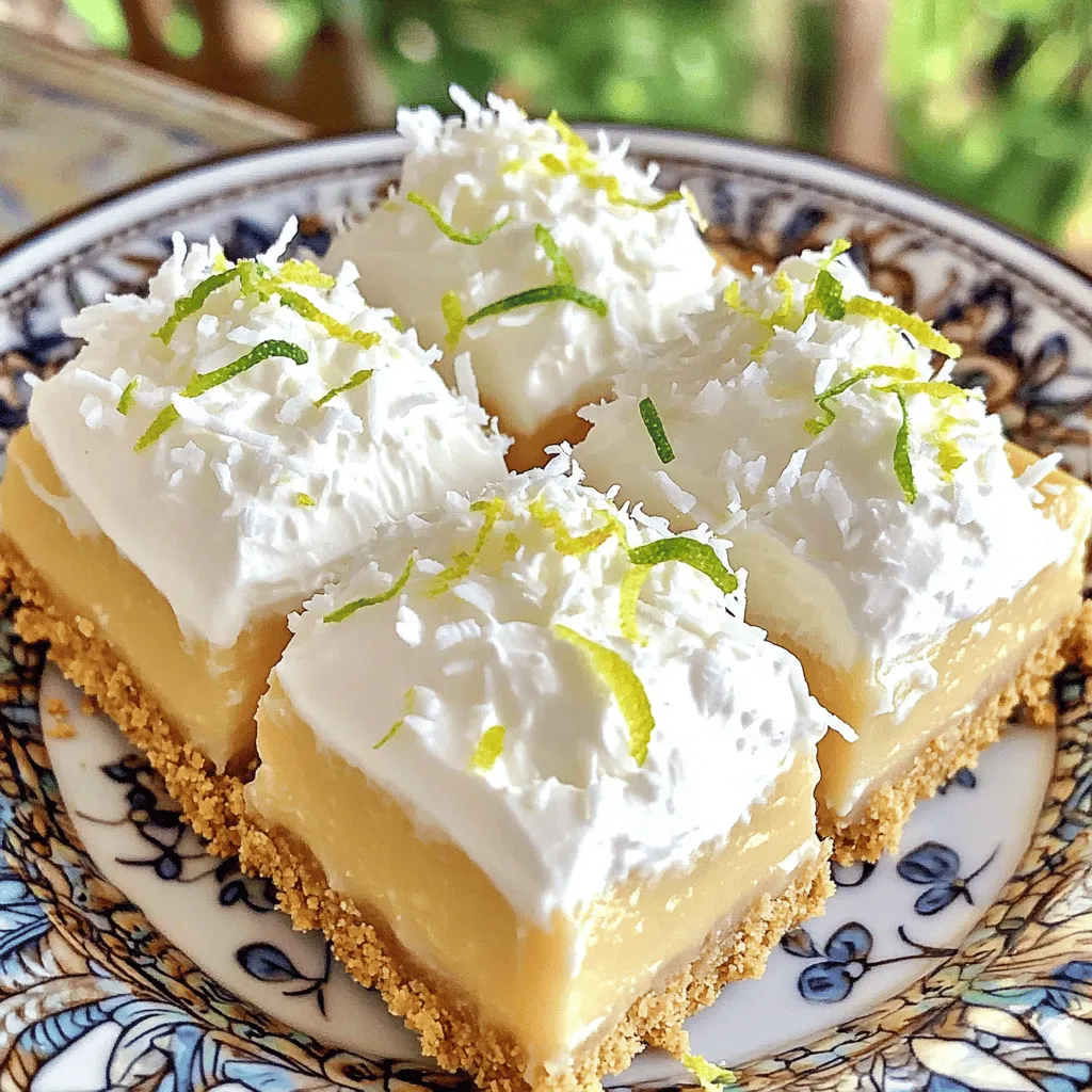 To create these delightful Coconut Cream Pie Bars, you need a few key ingredients. Here’s what you will gather: - 1 ½ cups graham cracker crumbs - ½ cup unsweetened shredded coconut - ⅓ cup granulated sugar - ½ cup unsalted butter, melted - 1 cup heavy cream - 1 can (14 oz) sweetened condensed milk - ½ cup coconut milk - 3 large egg yolks - 2 tablespoons cornstarch - 1 teaspoon vanilla extract - 1 cup whipped cream (for topping) These ingredients work together to create a creamy and flavorful filling, all resting on a crunchy crust. After your bars are ready, you can add fun garnishes to make them pop! Here are some options: - Extra shredded coconut - Fresh lime zest - Mint leaves for color These garnishes will elevate the look and taste of your bars, making them perfect for any gathering. You will need some basic tools to make these bars. Here’s a list: - 8x8-inch baking pan - Mixing bowls - Whisk - Medium saucepan - Sharp knife Having these tools handy will help you create your Coconut Cream Pie Bars with ease. For the full recipe, check out the detailed steps I’ve provided! To start, preheat your oven to 350°F (175°C). This step makes sure your crust bakes evenly. In a large bowl, combine 1 ½ cups of graham cracker crumbs, ½ cup of unsweetened shredded coconut, and ⅓ cup of granulated sugar. Pour in ½ cup of melted unsalted butter and mix well. You want the mixture to be crumbly but hold together when pressed. Firmly press this mix into the bottom of a greased 8x8-inch baking pan. Bake it for 10 minutes, then let it cool completely. Next, grab a medium saucepan and set it over medium heat. Whisk together 1 cup of heavy cream, 1 can of sweetened condensed milk, and ½ cup of coconut milk. Add in 3 large egg yolks, 2 tablespoons of cornstarch, and 1 teaspoon of vanilla extract. Keep whisking as you heat the mix. This helps prevent it from sticking. Cook for about 5-7 minutes until it thickens and simmers gently. Once your filling is thick, take it off the heat. Carefully pour the filling over your cooled crust. Spread it evenly so each bite has that yummy coconut flavor. Cover the pan with plastic wrap or foil. Place it in the fridge to chill for at least 4 hours. This cooling time is key to getting the right texture. When ready, cut the bars into squares or rectangles. Top each piece with whipped cream, a sprinkle of shredded coconut, and a zest of fresh lime for a tasty finish. Enjoy your Coconut Cream Pie Bars! Check out the Full Recipe for more details. To make a great crust, use fresh graham cracker crumbs. You can crush whole crackers in a bag. Mix them with shredded coconut, sugar, and melted butter. Press this mix into the pan firmly. Bake at 350°F for exactly 10 minutes. Let it cool completely before adding the filling. This helps keep the crust crunchy. One common mistake is not cooling the crust. If it’s warm, the filling will melt. Another mistake is overcooking the filling. Stir it constantly on medium heat. Stop when it thickens and simmers. If you add too much heat, the filling may curdle or burn. To boost flavor, use high-quality coconut milk and vanilla extract. You can also try adding lime zest to the filling. This adds a bright taste. For a fun twist, mix in some crushed pineapple. It gives a tropical vibe. Finally, top each bar with extra whipped cream and shredded coconut before serving. This makes them look and taste amazing. For the complete process, check the Full Recipe. {{image_4}} You can make your Coconut Cream Pie Bars even better by adding pineapple. Pineapple adds a sweet and tangy flavor. Use crushed pineapple for the best results. Just drain the excess juice before mixing it into the filling. Add about ½ cup of crushed pineapple to the filling. This will give a nice tropical twist that complements the coconut taste. If you need a dairy-free option, don’t worry! You can swap the heavy cream and butter for dairy-free versions. Use coconut cream instead of heavy cream. For butter, try using coconut oil or a dairy-free butter substitute. This way, you can still enjoy creamy bars without any dairy. You can have fun with toppings too! Instead of whipped cream, try using coconut whipped cream for a fresh twist. You can top the bars with chopped nuts or fresh fruit. Sliced bananas or kiwi add color and flavor. Shredded coconut or lime zest can give a nice finish. Each topping choice can change the flavor and look of your bars. For the full recipe, check out the Coconut Cream Pie Bars 🥥 recipe above. To store leftover Coconut Cream Pie Bars, place them in an airtight container. This keeps the bars fresh and prevents them from drying out. Make sure to layer parchment paper between the bars if stacking them, so they don’t stick together. Store them in the fridge for up to five days. You can freeze these bars for later enjoyment. First, cut the bars into squares. Wrap each piece in plastic wrap tightly. Then, place the wrapped bars in a freezer-safe bag or container. They will stay good for about three months. When you're ready to eat them, let the bars thaw in the fridge overnight. These bars are best served chilled, so reheating is not usually needed. If you prefer them slightly warm, use a microwave. Heat them in short bursts of 10 seconds. Be careful not to heat too long, as they can become too soft. Enjoy these delightful bars straight from the fridge for the best taste. Yes, you can use fresh coconut. Fresh coconut adds a nice texture and flavor. Just make sure to finely chop it. This helps the fresh coconut mix well with your other ingredients. If you prefer, you can toast it for an added depth of flavor. Coconut Cream Pie Bars last about five days in the fridge. Make sure to keep them covered. This keeps them fresh and prevents them from absorbing any smells from your fridge. If you want the best taste, eat them within the first few days. Absolutely! You can make these bars a day or two in advance. Just prepare them as the recipe states and chill them. They taste great after a day in the fridge. This makes them perfect for parties or gatherings. Just remember to add the whipped cream before serving for the best look and taste. Check out the Full Recipe to get started! Coconut cream pie bars are a tasty treat, easy to make and share. We covered the key ingredients, tools, and steps to create them. I shared tips to perfect your crust and avoid common mistakes. You can try fun variations or store leftovers with simple methods. Now, it’s time to get creative in the kitchen and enjoy these delicious bars. They will please your friends and family! Happy baking!