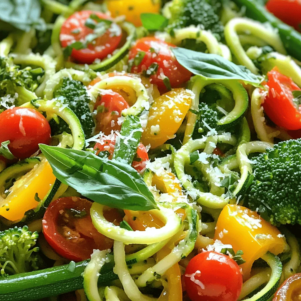 To make Zucchini Noodle Primavera, you need a bright mix of fresh veggies. Here’s the list of ingredients: - 4 medium zucchinis, spiralized - 1 bell pepper (your choice of color), thinly sliced - 1 cup cherry tomatoes, halved - 1 cup broccoli florets - 1 small yellow onion, thinly sliced - 2 cloves garlic, minced - 1 cup asparagus, cut into 1-inch pieces - 3 tablespoons olive oil - 1 teaspoon dried Italian herbs (oregano, basil, thyme blend) - Salt and freshly ground black pepper, to taste - Fresh basil leaves, for garnish - Grated Parmesan cheese (optional, for serving) This dish is colorful and packed with flavor. Each ingredient plays a key role in bringing out the taste. Zucchini noodles add a nice crunch and lightness. The bell pepper adds sweetness, while cherry tomatoes bring a juicy burst. Broccoli and asparagus add a delightful texture. The herbs tie everything together. You’ll love how these ingredients work in harmony. Check out the Full Recipe for detailed steps on how to bring this dish to life! - Sauté onion and garlic: Start by heating 2 tablespoons of olive oil in a large skillet over medium heat. Once the oil shimmers, add the thinly sliced onion and minced garlic. Sauté for 2-3 minutes until the onion turns soft and the garlic smells great. - Add bell pepper, broccoli, and asparagus: Next, mix in the sliced bell pepper, broccoli florets, and asparagus. Keep stirring for about 5 minutes. You want the veggies to be bright and tender-crisp, not mushy. - Heat olive oil in a separate pan: In another pan, heat the last tablespoon of olive oil over medium heat. This step is key for perfect zucchini noodles. - Sauté zucchini noodles until al dente: Add the spiralized zucchini noodles to the pan. Season with salt and black pepper. Sauté for 2-3 minutes, tossing gently. The goal is to keep them slightly firm, or al dente. - Mix sautéed vegetables with zucchini noodles: Carefully combine your sautéed vegetable mix with the zucchini noodles in the larger skillet. Toss everything gently for 1-2 minutes to blend flavors. - Adjust seasoning before serving: Lastly, take a moment to taste your dish. Adjust the seasoning with more salt and pepper if you want. This step ensures your Zucchini Noodle Primavera is bursting with flavor. Remember, you can find the complete recipe [Full Recipe]. Enjoy this colorful veggie delight! To make zucchini noodles, you need the right tools. A spiralizer is best, but a julienne peeler works too. You can also use a box grater if you want thin strips. When choosing zucchinis, look for firm ones with shiny skin. Avoid soft or wrinkled zucchinis. Medium-sized zucchinis yield the best noodles. You can add more flavor with herbs and spices. Fresh basil, parsley, or thyme work well. For a kick, try red pepper flakes. If you want a cheesy taste without dairy, use nutritional yeast. It gives a nice nutty flavor. You can also add a sprinkle of vegan cheese for a creamy touch. Serve your Zucchini Noodle Primavera in wide, shallow bowls. This shows off the bright colors of the veggies. For a finishing touch, add a drizzle of good olive oil. Top with fresh basil leaves for a pop of green. You can also sprinkle extra Parmesan cheese on top for a gourmet look. For the full recipe, check out the section above. {{image_4}} You can add protein to your Zucchini Noodle Primavera for a heartier meal. Try cooking chicken, shrimp, or tofu. Each choice adds a unique flavor. - Chicken: Cook bite-sized chicken pieces in the skillet for about 6-8 minutes until browned. - Shrimp: Add shrimp to the pan for 3-4 minutes until they turn pink and opaque. - Tofu: Use firm tofu. Sauté it for 5-7 minutes until golden brown. For a vegetarian or vegan version, swap out animal products for plant-based options. This keeps your dish light and healthy. - Plant-Based Proteins: Use chickpeas or lentils as tasty protein sources. - Dairy-Free Cheese: Look for vegan cheese brands that melt well. Nutritional yeast can also add a cheesy flavor without dairy. Changing the sauce can transform your Primavera. This versatility keeps each meal exciting. - Tomato-Based Sauce: Use a simple marinara or a fresh tomato sauce for a classic taste. - Cream-Based Alternatives: For a rich flavor, consider a cashew cream or coconut cream sauce. These add a silky texture to your dish. Explore these variations to make your Zucchini Noodle Primavera unique. For the full recipe, check the Zesty Zucchini Noodle Primavera section. To keep your Zucchini Noodle Primavera fresh, use airtight containers. Glass containers work well. They keep the food airtight and do not stain. Store the dish in the fridge. Enjoy it within 3 days for the best taste and texture. When reheating, use a skillet for even heating. Heat it over medium-low heat. Stir often to keep everything warm. This method helps maintain the flavor and texture. You can also use a microwave, but be cautious. Heat it in short bursts to avoid soggy noodles. To freeze Zucchini Noodle Primavera, first let it cool completely. Place it in freezer-safe bags or containers. Remove as much air as possible. This helps prevent freezer burn. For best results, eat it within 2 months. When ready to enjoy, thaw it in the fridge overnight. Reheat it in a skillet for best flavor. You can also microwave it, but stir well to ensure even heat. Yes, you can. Use gluten-free pasta or a gluten-free sauce. Look for brands that use rice or corn. They work well in this dish. You can also make your own sauce using fresh herbs and olive oil. This adds taste and keeps it gluten-free. To keep zucchini noodles firm, follow these tips: - Sauté them for only 2-3 minutes. - Avoid overcooking them. - Use a high heat to cook quickly. - Drain any excess water after spiralizing. These steps help keep them crunchy and fun to eat. You can mix in many seasonal veggies, such as: - Carrots, cut into thin strips. - Bell peppers, any color you like. - Snap peas or green beans for crunch. - Spinach or kale for extra greens. Adding these gives your dish more flavor and color. Serve this dish in wide bowls to show off the colors. You can pair it with: - Grilled chicken or shrimp for protein. - A side salad for a fresh touch. - Garlic bread for a crunchy side. Garnish with fresh basil and a sprinkle of Parmesan for a nice finish. For the full recipe, check out the Zesty Zucchini Noodle Primavera. This blog post covers a fresh and tasty recipe for Zucchini Noodle Primavera. We explored the ingredients, preparation steps, tips for flavor and presentation, as well as variations to suit your needs. I shared storage tips to keep leftovers fresh and addressed common questions for cooking success. Now, you can enjoy a healthy dish that’s simple and delicious. Experiment with different veggies and proteins to make it your own. Enjoy your kitchen adventure!
