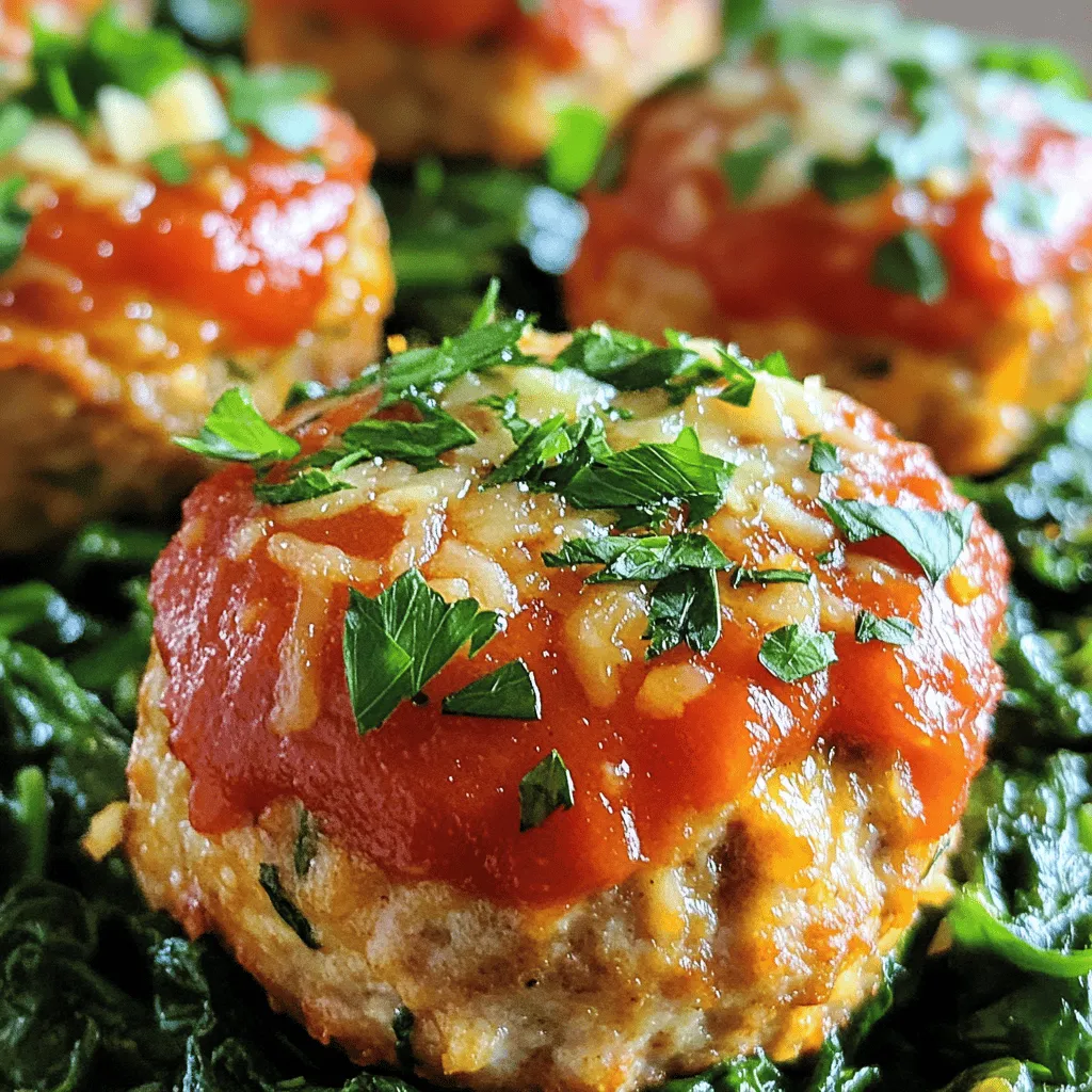 For Garlic Parmesan Chicken Meatloaves, gather these simple ingredients: - 1 lb ground chicken - 1 cup breadcrumbs - 1/2 cup freshly grated Parmesan cheese - 3 cloves garlic, finely minced - 1/4 cup fresh parsley, finely chopped - 1 large egg, beaten - 1/4 cup milk - 1 teaspoon onion powder - 1 teaspoon Italian seasoning - Salt and freshly ground black pepper to taste - 1/2 cup marinara sauce (for topping) You can easily swap some ingredients if needed: - Use ground turkey instead of ground chicken for a lighter option. - Whole wheat breadcrumbs work well if you prefer more fiber. - Grated Pecorino Romano cheese can replace Parmesan for a sharper taste. - Fresh basil can replace parsley for a different flavor. - Any milk type, like almond or oat, can work in this recipe. Accurate measuring ensures great results: - Use a kitchen scale for ground meat to get an exact pound. - For dry ingredients, like breadcrumbs and cheese, use measuring cups. - When measuring liquids, use a clear liquid measuring cup for accuracy. - Level off dry ingredients with a straight edge to avoid too much. This detailed guide helps you prepare for a fun and tasty weeknight meal. Check out the Full Recipe for all steps! Start by gathering all your ingredients. You will need: - 1 lb ground chicken - 1 cup breadcrumbs - 1/2 cup freshly grated Parmesan cheese - 3 cloves garlic, finely minced - 1/4 cup fresh parsley, finely chopped - 1 large egg, beaten - 1/4 cup milk - 1 teaspoon onion powder - 1 teaspoon Italian seasoning - Salt and freshly ground black pepper to taste - 1/2 cup marinara sauce (for topping) Preheat your oven to 375°F (190°C). Lightly grease a muffin tin or baking dish to stop the meatloaves from sticking. This step is key for easy serving later. In a large bowl, mix the ground chicken, breadcrumbs, Parmesan cheese, minced garlic, chopped parsley, beaten egg, milk, onion powder, Italian seasoning, salt, and pepper. Use your hands or a spatula to blend everything well. Be careful not to overmix. Overmixing can lead to tough meatloaves. Once mixed, scoop out portions of the mixture. You can use a spoon or a small ice cream scoop. Shape them into round balls or mini loaves. Place each one into the muffin tin or baking dish. Spoon marinara sauce over the tops of each meatloaf. This adds flavor and keeps them moist while baking. Place the muffin tin or baking dish in your preheated oven. Bake for 20 to 25 minutes. Use a meat thermometer to check the internal temperature. It should reach at least 165°F (74°C) to be safe to eat. - Tips for a Perfect Bake: - If you use larger or smaller meatloaves, adjust the baking time. - Let them rest for 5 minutes after baking. This helps keep them juicy. - Serve with a sprinkle of fresh parsley for added color and flavor. This simple process makes Garlic Parmesan Chicken Meatloaves a perfect weeknight meal. For the full recipe, check out the earlier section. To keep your meatloaves moist, use ground chicken with a bit of fat. Chicken thighs work well. Add a small amount of milk and a beaten egg to the mix. These ingredients help to lock in moisture. Avoid overmixing the meat. This can lead to a dry texture. Gently combine the ingredients until they're just mixed. To boost flavor, consider adding sautéed onions or bell peppers. Fresh herbs like thyme or basil can also add depth. You can swap the marinara sauce for BBQ sauce for a different twist. A sprinkle of chili flakes can add a little heat. Experiment with different cheeses to find your favorite blend. One common mistake is not checking the meatloaf’s internal temperature. Always aim for at least 165°F (74°C). Don't skip the marinara topping. It adds moisture and flavor. Using too many breadcrumbs can make it dry. Stick to the recipe's amount for the best results. Lastly, let the meatloaves rest after baking. This helps keep them juicy and flavorful. For the full recipe, check out the complete guide. {{image_4}} You can swap ground chicken for other meats. Ground turkey works well and keeps it lean. If you want more flavor, try ground beef or pork. These meats add a richer taste. Use the same amounts from the recipe, and bake as directed. Want to kick up the flavor? Add chopped onions or bell peppers to the mix. They give great texture and taste. You can also mix in some shredded cheese. Mozzarella or cheddar are excellent choices. For a spicy kick, try diced jalapeños or red pepper flakes. If you prefer a meat-free meal, try using lentils or chickpeas. Mash them up and mix with breadcrumbs and spices. You can also use store-bought veggie ground meat. These options keep the dish hearty and satisfying. Just remember to adjust baking time as needed. You can check the [Full Recipe] for more details. After you enjoy your Garlic Parmesan Chicken Meatloaves, save the leftovers! Place them in an airtight container. They will stay fresh in the fridge for up to three days. Make sure to cool them first before sealing. This keeps the meatloaves from getting soggy. If you want to save some for later, freezing is a great option. Wrap each meatloaf tightly in plastic wrap. Then, place them in a freezer bag. They can last in the freezer for up to three months. Just remember to label the bag with the date. When you’re ready to eat, thaw them in the fridge overnight. To reheat your meatloaves, preheat your oven to 350°F (175°C). Place the meatloaves on a baking sheet. Cover them with foil to keep them moist. Heat for about 15 to 20 minutes. If you prefer, you can use the microwave, too! Just heat them on a microwave-safe plate for about 1–2 minutes. Check that they are warm all the way through. Enjoy your meal again, just like the first time! The best way to serve Garlic Parmesan Chicken Meatloaves is hot from the oven. I like to place them on a colorful plate. You can also add a bed of fresh spinach or roasted veggies. This makes the dish look great. A drizzle of marinara sauce on top adds flavor. Finish with a sprinkle of Parmesan cheese and parsley for a nice touch. Yes, you can make these meatloaves ahead of time. Prepare the meat mixture and shape the loaves. Then, cover them and store in the fridge. They can stay fresh for up to a day. When you are ready to bake, just pop them in the oven. If you want to freeze them, do so before baking. Wrap them tightly and store in the freezer for up to three months. To tell if the meatloaves are done, check the internal temperature. Use a meat thermometer and look for 165°F (74°C). This ensures they are safe to eat. You can also cut one open to check the center. It should not be pink and the juices should run clear. These tips help you serve perfectly cooked meatloaves every time. In this article, I shared how to make delicious meatloaves. We covered the best ingredients, how to prepare them, and tips for great baking. I discussed ways to make meatloaves moist and flavorful, plus common mistakes to avoid. You can even try fun variations or store leftovers easily. Now, I hope you feel ready to create your meatloaf masterpiece. Enjoy the process, and don't forget to share your results!