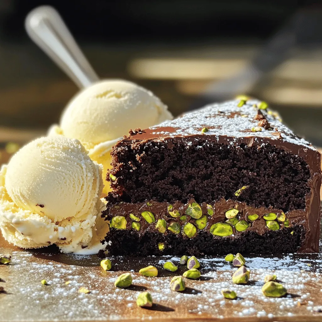 To make a perfect Chocolate Pistachio Cake, you need precise measurements. Here they are: - 1 cup all-purpose flour - 1/2 cup unsweetened cocoa powder - 1 cup granulated sugar - 1/2 cup unsalted butter, softened to room temperature - 2 large eggs - 1/2 cup buttermilk, at room temperature - 1 teaspoon baking soda - 1/2 teaspoon baking powder - 1/4 teaspoon salt - 1 teaspoon vanilla extract - 1/2 cup shelled pistachios, finely chopped - 1/2 cup semi-sweet chocolate chips For this cake, every ingredient plays a key role. The flour gives structure, while cocoa adds a rich taste. Sugar sweetens and helps with texture. Butter makes the cake soft, while eggs bind everything. Buttermilk adds moisture and a slight tang. Baking soda and powder help the cake rise. Salt enhances the flavor, and vanilla adds depth. Finally, pistachios and chocolate chips provide crunch and sweetness. You can swap some ingredients if needed: - All-purpose Flour: Use gluten-free flour for a gluten-free version. - Buttermilk: Mix 1/2 cup milk with 1/2 tablespoon vinegar or lemon juice. - Unsweetened Cocoa Powder: Use Dutch-processed cocoa for a smoother flavor. - Granulated Sugar: Brown sugar can add a hint of caramel flavor. - Unsalted Butter: You can use coconut oil or margarine instead. Feel free to get creative with your choices! This recipe is versatile and can still taste great with swaps. For the full recipe, check out the Chocolate Pistachio Cake section above. To start, gather your ingredients. You need flour, cocoa powder, sugar, butter, eggs, buttermilk, baking soda, baking powder, salt, vanilla extract, pistachios, and chocolate chips. First, preheat your oven to 350°F (175°C). Grease an 8-inch round cake pan with butter and dust it with flour. In a large mixing bowl, cream the softened butter and sugar together. Use an electric mixer and beat them on medium speed for 2-3 minutes. The mix should be light and fluffy. Next, add the eggs one at a time, mixing well after each. Then, stir in the vanilla extract. In another bowl, sift together the flour, cocoa powder, baking soda, baking powder, and salt. This step helps the cake rise nicely. Gradually mix the dry ingredients into the wet mixture. Start with a third of the flour mix, then add the buttermilk, followed by another third of flour. Repeat this process and finish with the flour. Mix gently. Now, fold in the chopped pistachios and chocolate chips. This adds great flavor and texture. Pour the batter into your prepared cake pan, smoothing the top with a spatula. Place the cake pan in the preheated oven. Bake for 30-35 minutes. To check if the cake is done, insert a toothpick into the center. It should come out clean, with just a few moist crumbs. If it needs more time, check every few minutes. Once baked, let the cake cool in the pan for about 10 minutes. Then, gently turn it onto a wire rack. This allows it to cool completely. For serving, you can dust the cake with powdered sugar and sprinkle more chopped pistachios on top. A scoop of vanilla ice cream or a dollop of whipped cream pairs well with each slice. Enjoy this rich and flavorful chocolate pistachio cake! You can find the Full Recipe for easy reference. To make your chocolate pistachio cake soft and moist, pay attention to mixing. When you add the dry ingredients, mix just until combined. Overmixing will make the cake dense. Use room temperature ingredients, especially the butter and eggs. This helps create a smooth batter. Baking soda and baking powder give lift, so check they are fresh. For a beautiful finish, dust the top with powdered sugar. Add a sprinkle of chopped pistachios for color and crunch. You can also drizzle melted chocolate over the cake for a rich touch. If you prefer, add fresh berries around the cake. This adds a pop of color and some tartness. Serve your cake warm or at room temperature. A scoop of vanilla ice cream pairs well. Fresh whipped cream adds a nice touch, too. You can try a cup of coffee or tea on the side. For a fun twist, serve with a fruit compote for extra flavor. Enjoy every bite of this rich and flavorful delight! {{image_4}} This cake is great on its own, but you can mix things up! Try adding orange zest for a bright twist. A touch of almond extract can enhance the nutty flavor. You could also swap pistachios for walnuts or hazelnuts. These nuts add a different crunch and taste. Another fun idea is to fold in dried cherries or cranberries. Their tartness pairs nicely with chocolate. You can make this cake gluten-free. Just use a gluten-free flour blend in place of all-purpose flour. Make sure it has xanthan gum for the right texture. For a dairy-free version, replace butter with coconut oil. Use almond milk or oat milk instead of buttermilk. These swaps keep the cake moist and delicious while meeting dietary needs. If you want bite-sized treats, make mini cakes or cupcakes! Use the same batter but fill mini cake pans or cupcake liners. Bake them for about 15-20 minutes. Check for doneness with a toothpick. These smaller versions are perfect for parties or sharing. You can also decorate them with frosting or a sprinkle of nuts on top. The options are endless! For the full recipe, check out the complete instructions above. To keep your Chocolate Pistachio Cake fresh, store it in an airtight container. This keeps moisture in and prevents it from drying out. Place the cake at room temperature for short-term storage. If you have a lot left over, the fridge is a better choice. Just remember to cover it well to avoid fridge smells. Freezing your cake is easy and keeps it tasty. First, let the cake cool completely. Wrap each slice tightly in plastic wrap. Then, place the slices in a freezer bag or container. Label the bag with the date. You can freeze it for up to three months. To enjoy, simply thaw it in the fridge overnight. Chocolate Pistachio Cake lasts for about three days at room temperature. In the fridge, it can last up to a week. Look for signs of spoilage like a dry texture or off smell. If you see mold, toss it out. Trust your senses to keep your cake safe and delicious. Yes, you can make this cake ahead of time. Bake the cake, then let it cool completely. Wrap it well in plastic wrap or foil. Store it at room temperature for up to three days. For longer storage, place it in the fridge for up to a week. You can also freeze it for three months. Just thaw it overnight in the fridge when you’re ready to serve. To prevent sticking, grease the pan with unsalted butter. Then, dust it lightly with flour, making sure to coat all sides. This method creates a barrier. You can also line the bottom with parchment paper for extra protection. When the cake cools, it will slide out easily. If you don’t have buttermilk, you can make a substitute. Use regular milk and add one tablespoon of white vinegar or lemon juice. Let it sit for five minutes. This will sour the milk and mimic buttermilk. You can also use plain yogurt or sour cream, mixed with a little water to thin it out. For the full recipe, see the earlier sections. Enjoy your baking! This blog post covered how to make a delicious chocolate pistachio cake. We discussed all the key ingredients, detailed instructions for making the cake, and tips for improving its texture. I also shared fun variations and storage info to keep it fresh. Remember, even small changes can lead to big flavor. Try experimenting with the ingredients and enjoy this delightful treat with friends and family. Your baking journey is just beginning!