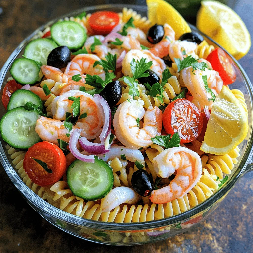 When making seafood pasta salad, the right ingredients make all the difference. Here’s what you need: - Types of seafood to use: - 1 cup cooked shrimp, peeled and deveined - 1 cup cooked calamari, sliced into rings These seafood choices give the salad a fresh and vibrant taste. You can also add crab or scallops for variety. - Recommended pasta choices: - 8 oz. fusilli pasta Fusilli holds the dressing well and adds a fun twist. You can also use penne or rotini if you prefer. - Fresh vegetables to enhance flavor and crunch: - 1 cup cherry tomatoes, halved - 1/2 cup cucumber, diced into small cubes - 1/4 cup red onion, finely chopped - 1/4 cup black olives, pitted and sliced - 1/4 cup fresh parsley, chopped finely These veggies add color and texture. They also bring a crispness that pairs well with seafood. Use this list as your guide to create a delicious seafood pasta salad. For the full recipe, check out the detailed steps I provide later. To make perfect fusilli pasta, start with a large pot of salted water. Bring it to a boil and add the pasta. Cook it according to the package instructions until it is al dente. This means it should still have a slight bite to it. Once the pasta is done, drain it in a colander. Rinse it under cold water to stop the cooking process. This step is key to keeping your pasta firm and not mushy. Set the rinsed pasta aside to cool completely. Now, let’s combine the seafood and veggies. In a big mixing bowl, add your cooked shrimp, sliced calamari, halved cherry tomatoes, diced cucumber, chopped red onion, sliced black olives, and chopped parsley. Gently toss these ingredients together. You want to mix well, but be careful. Too much stirring can break the seafood and veggies apart. For a zesty dressing, gather a few simple ingredients. You need extra virgin olive oil, fresh lemon juice, Dijon mustard, salt, and black pepper. In a medium bowl, whisk these together. Keep whisking until the dressing is well blended and slightly thickened. This emulsification helps enhance the flavor in every bite. Add the cooled fusilli pasta to your bowl of seafood and veggies. Drizzle the dressing over the top. Now, gently toss everything together with a large spoon or spatula. Make sure the pasta and seafood are fully coated. After mixing, cover the bowl with plastic wrap or a lid. Refrigerate the salad for at least 30 minutes. This time allows the flavors to blend and deepen. Before serving, toss the salad gently again. Taste it and adjust the seasoning if needed. - Overcooking pasta and seafood: This is a big problem. Overcooked pasta turns mushy. Seafood can become tough and chewy. Always cook pasta until it’s al dente. For seafood, just a few minutes will do. You want it tender, not rubbery. - Using low-quality ingredients: Good food starts with fresh ingredients. Use fresh shrimp and calamari. Choose ripe tomatoes and crisp cucumbers. Low-quality ingredients can ruin your dish. Invest in high-quality items for the best taste. - Additional herbs and spices to consider: Fresh herbs make a big difference. Think about adding basil or dill for a unique twist. You can also add a pinch of red pepper flakes for some heat. - How to make the salad visually appealing: A colorful salad is a feast for the eyes. Use bright cherry tomatoes and green cucumbers. Arrange the salad nicely in a clear bowl. Garnish with parsley and lemon wedges to make it pop. - Best side dishes to complement seafood pasta salad: Pair your salad with garlic bread or a light green salad. A chilled white wine can also enhance the meal. These sides add balance without overshadowing the pasta salad. - Ideal occasions for serving this dish: This seafood pasta salad shines at summer picnics and barbecues. It’s also great for family gatherings or beach outings. Serve it as a light lunch or at a potluck for a special treat. For the complete recipe, check out the Full Recipe section. {{image_4}} For gluten-free options, choose pasta made from rice or corn. These options taste great and work well with seafood. You can also swap shrimp and calamari for fish, like tuna or salmon. These changes keep the dish tasty and light. If you want vegan variations, use chickpeas or tofu instead of seafood. For a zesty dressing, blend lemon juice, olive oil, and herbs for flavor. To add a Mediterranean twist, try adding feta cheese and kalamata olives. This gives the salad a rich flavor and salty bite. You can choose between creamy or vinaigrette dressings. Creamy dressings add a rich texture, while vinaigrettes keep it light and fresh. Each choice changes the salad's taste, so pick what you like best. Using seasonal ingredients makes your salad even better. For summer, add fresh corn or zucchini for crunch. In winter, roasted vegetables like bell peppers or squash bring warmth. This keeps your seafood pasta salad fresh and exciting year-round. Adjust your recipe to match the seasons, and you’ll enjoy new flavors every time. To keep your seafood pasta salad fresh, use airtight containers. Glass or plastic containers with tight lids work well. They help avoid air and moisture that can spoil your salad. Make sure to cool the salad completely before storing it. If you store it warm, it can lead to sogginess. If you have leftovers, separate them into smaller portions. This way, you can enjoy them later without losing freshness. You can store seafood pasta salad in the fridge for up to three days. After that, the seafood can begin to spoil. Always check for signs of spoilage before eating. Watch for changes in smell or color. If the salad smells off or looks dull, it’s best to toss it. Freshness is key to enjoying every bite of your seafood pasta salad. For pasta salad, I love using shrimp and calamari. They add great flavor and texture. Shrimp cooks quickly and stays tender. Calamari offers a nice chewiness that many enjoy. You can also try crab meat for a richer taste. If you like a stronger flavor, consider smoked salmon. Freshness matters, so find seafood that is wild-caught if possible. Yes, you can! I often prepare seafood pasta salad a day in advance. This gives time for flavors to blend well. Just keep it covered in the fridge. When you are ready to serve, give it a gentle toss. If it seems dry, add a splash of olive oil or lemon juice before serving. Seafood pasta salad is quite healthy! It has lean protein from seafood. The pasta provides carbs for energy. Fresh veggies add fiber and vitamins. The olive oil dressing gives healthy fats. Overall, it’s a balanced meal. If you watch your calories, control the amount of dressing you use. This salad is a great option for a light lunch or dinner. Seafood pasta salad should not sit out for too long. Aim to serve it within two hours. After that, the risk of bacteria grows. If it’s a hot day, keep it chilled. Use ice packs under the serving bowl. This keeps your salad safe and fresh for your guests. Definitely! This salad is very flexible. You can add any veggies you have on hand. Bell peppers, radishes, or even avocados work well. To boost flavors, try herbs like dill or basil. For a crunch, toss in some toasted nuts or seeds. The more colorful, the better! To make this seafood pasta salad, gather your ingredients. Here’s what you need: - 8 oz. fusilli pasta - 1 cup cooked shrimp, peeled and deveined - 1 cup cooked calamari, sliced into rings - 1 cup cherry tomatoes, halved - 1/2 cup cucumber, diced into small cubes - 1/4 cup red onion, finely chopped - 1/4 cup black olives, pitted and sliced - 1/4 cup fresh parsley, chopped finely - 1/3 cup extra virgin olive oil - 3 tablespoons fresh lemon juice - 1 teaspoon Dijon mustard - Salt and freshly ground black pepper to taste Now, let’s break down the steps: 1. Cooking the Fusilli Pasta: Start by boiling a large pot of salted water. Once it boils, add the fusilli pasta. Cook it according to the package instructions until it is al dente. Drain the pasta and rinse it under cold water. Set it aside to cool. 2. Mixing the Seafood and Vegetables: In a big bowl, combine the cooked shrimp, calamari, cherry tomatoes, cucumber, red onion, black olives, and parsley. Gently toss all these together. 3. Making the Dressing: In another bowl, whisk together the olive oil, lemon juice, Dijon mustard, salt, and pepper. Mix until it blends well. 4. Combining Everything: Add the cooled fusilli pasta to the seafood and veggies. Drizzle the dressing on top. Gently toss it all together with a spoon until everything is coated. 5. Refrigerating: Cover the bowl with plastic wrap. Place it in the fridge for at least 30 minutes. This helps the flavors mix and taste better. 6. Final Touches: Before serving, give the salad a gentle toss again. Check the taste and add more salt, pepper, or lemon juice if you want. Quick Reference: - Prep Time: 15 minutes - Total Time: 45 minutes - Servings: 4 For a lovely presentation, serve this salad in a clear bowl. It shows off the colors well. You can add more parsley on top and some lemon wedges around the bowl. Enjoy your refreshing seaside delight! You now have a clear guide to making a delicious seafood pasta salad. Remember to choose quality seafood and fresh veggies for the best flavor. Pay attention to cooking times to avoid overcooking. Experiment with different herbs and dressings for unique tastes. This dish can fit many occasions and dietary needs. Store it right to keep it fresh and tasty. Enjoy creating your own version, and make it a dish everyone loves!