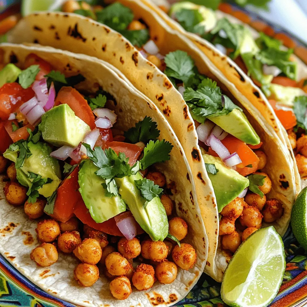 - 1 can (15 oz) chickpeas, drained and rinsed - Extra virgin olive oil - Smoked paprika - Ground cumin - Cayenne pepper - Salt and black pepper - Fresh lime juice - Corn tortillas - Ripe avocado - Fresh tomatoes - Fresh cilantro - Red onion - Greek yogurt or vegan alternative To make the best spicy chickpea tacos, you need simple yet tasty ingredients. Start with a can of chickpeas. These little gems pack a protein punch. Drain and rinse them well to remove any canning liquid. This step keeps your tacos fresh. Next, grab some extra virgin olive oil. This oil will add richness to the chickpeas. You will also need smoked paprika and ground cumin. These spices bring warmth and depth to your dish. Add a dash of cayenne pepper for some heat. You can adjust this based on your spice level. Don’t forget salt and black pepper. They enhance all the flavors in your tacos. Fresh lime juice adds a bright kick. It balances the richness of the chickpeas. For the taco base, use small corn tortillas. Warm them for the best texture. Top your tacos with ripe avocado slices for creaminess. Dice fresh tomatoes for a juicy burst. Add chopped cilantro for freshness and color. Mince some red onion for a sharp taste. Finally, use Greek yogurt or a vegan alternative to finish it off. This creamy element ties all the flavors together. For the full recipe, remember to check the cooking steps. Each ingredient plays a key role in making your spicy chickpea tacos unforgettable! Activate the oven to 400°F (200°C). This heat helps the chickpeas roast well. Make sure your oven is ready before you start! In a bowl, mix the chickpeas with olive oil and spices. Add smoked paprika, ground cumin, cayenne pepper, and salt. Toss until every chickpea is coated. This step brings out amazing flavors. Spread the seasoned chickpeas on a baking sheet. Roast them for 20-25 minutes. Shake the pan halfway to ensure they cook evenly. They should turn golden and crunchy. While the chickpeas roast, dice the tomatoes. Chop the cilantro and mince the onion. Set them aside for later. These fresh toppings make your tacos vibrant and tasty. Heat corn tortillas in a dry skillet over medium heat. Cook each side for about 30 seconds. This makes them soft and warm, perfect for holding the filling. Once the chickpeas are crispy, drizzle lime juice on them. Now take a warm tortilla and add a scoop of roasted chickpeas. Top it off with avocado slices, diced tomatoes, minced onion, and chopped cilantro. Finish with a dollop of Greek yogurt or a vegan alternative. This creamy touch balances the spices well. You can find the full recipe earlier for more details. Enjoy your delicious creation! To get crispy chickpeas, start by draining and rinsing them well. This removes excess starch and moisture. After that, pat them dry using a clean kitchen towel. The dryer they are, the crispier they will become. Toss them in olive oil and spices, then spread them evenly on a baking sheet. Roast them at 400°F (200°C) for 20 to 25 minutes. Remember to shake the pan halfway through. This helps them cook evenly. Warm tortillas improve the flavor and texture of your tacos. Use a dry skillet over medium heat. Place the tortillas in the skillet for about 30 seconds on each side. They should be warm and pliable, not crispy. You can also wrap them in a clean kitchen towel to keep them warm after warming. This method keeps them soft and easy to fold. A beautiful taco plate makes food more fun. Arrange your tacos on a bright platter. Add lime wedges on the side for a zesty touch. Sprinkle some extra cilantro on top to make it pop. You can also serve with a small bowl of Greek yogurt. This adds creaminess and makes your dish look great. The key is to use colors and textures to catch the eye. {{image_4}} You can switch up the protein in your tacos. Black beans and lentils work great. They both add flavor and texture. Use one can of black beans, drained and rinsed, instead of chickpeas. If you prefer lentils, cook them until tender. Then, mix them with the same spices. This way, you keep the dish hearty and filling. Want it milder? Simply reduce the cayenne pepper. Start with a pinch, then taste. You can always add more spice later. If you love heat, increase the cayenne. You can also add diced jalapeños for an extra kick. This lets you customize the spice to fit your taste buds. If you want a vegan taco, swap Greek yogurt for a plant-based option. Look for coconut yogurt or cashew cream. Both add creaminess without dairy. This keeps your tacos just as rich and tasty while being plant-based. You won’t miss the yogurt at all! For the full recipe, check out the detailed instructions above. To keep your tacos fresh, place leftover tacos in an airtight container. Store them in the fridge. Avoid stacking them to prevent sogginess. If you have leftover toppings, store them separately. This keeps the flavors fresh and vibrant. When you're ready to enjoy leftovers, the best way to reheat them is in a skillet. Heat it over medium-low heat. Place the tacos in the skillet and warm them for about 2-3 minutes on each side. This method helps keep the tortillas crisp and the chickpeas warm. You can also use an oven at 350°F (175°C) for about 10 minutes. Understanding the freshness of your ingredients is key. Here’s a quick guide: - Chickpeas: Canned chickpeas last for years unopened. Once opened, use them within 3-4 days. - Tortillas: Corn tortillas stay fresh for about a week in the fridge. Freeze them for longer storage. - Avocado: A ripe avocado lasts 1-2 days at room temperature. Once cut, use it within a day. - Tomatoes: Fresh tomatoes last about 5-7 days in the fridge. - Cilantro: Fresh cilantro can last about a week in the fridge. Keep it in water for longer freshness. - Greek Yogurt: Unopened yogurt lasts for 1-3 weeks past its date. Once opened, use it within a week. These tips ensure your Spicy Chickpea Tacos will taste great every time. For the full recipe, check out the detailed instructions. Chickpeas are full of protein and fiber. They help keep you full longer. They are low in fat, making them a healthy choice. Chickpeas also have vitamins and minerals like iron and magnesium. Eating chickpeas can support heart health and aid digestion. They are great for anyone looking to eat better. Yes, you can prep these tacos in advance. Roast the chickpeas and store them in a container. Keep the toppings separate in the fridge. When ready to eat, just warm the tortillas and assemble. This makes meal prep easy and saves time during busy days. To make these tacos gluten-free, use corn tortillas. Many brands offer gluten-free options. Always check the label to be sure. You can also try lettuce wraps as a fun alternative. This keeps the dish light and fresh while still being tasty. You can add many toppings to make your tacos fun. Here are some ideas: - Shredded lettuce for crunch - Sliced jalapeños for heat - Salsa for added flavor - Feta cheese for a creamy texture - Pickled red onions for tang These toppings can change the flavor and add more colors to your dish. Absolutely! If you want more heat, add extra cayenne pepper. You can also include diced fresh jalapeños. A drizzle of hot sauce will work well too. Taste as you go to find the right level of spice for you. Enjoy the kick! This blog post shared a simple recipe for Spicy Chickpea Tacos. We covered the ingredients, step-by-step instructions, and useful tips. You learned how to roast chickpeas, warm tortillas, and create tasty toppings. I also included variations for extra protein and spice levels. These tacos are easy to make and versatile. You can customize them to suit your taste. Enjoy crafting your tacos and sharing them with friends. Happy cooking!