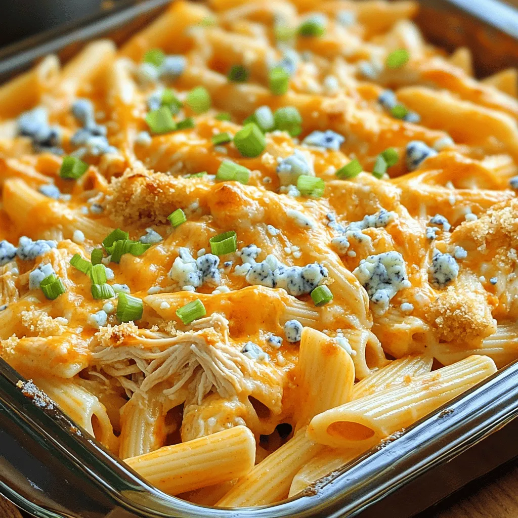 - 2 cups cooked penne pasta - 1 pound cooked chicken, shredded - 1 cup buffalo sauce - 1 cup cream cheese, softened Buffalo chicken pasta bake starts with these four main ingredients. You need cooked penne pasta for a solid base. The cooked chicken adds protein and texture. Buffalo sauce gives it that spicy kick, while cream cheese adds creaminess. This blend makes the dish rich and satisfying. - 1 cup shredded sharp cheddar cheese - 1/2 cup blue cheese crumbles (optional) For cheese, I use sharp cheddar for its bold taste. It melts beautifully and enhances the dish. Blue cheese crumbles are optional but add a nice tang. You can skip them if you prefer a milder flavor. - 1/4 cup finely chopped green onions - 1 teaspoon garlic powder - 1 teaspoon onion powder - Salt and pepper to taste - 1/2 cup breadcrumbs Seasonings bring the dish to life. Green onions give it a fresh crunch. Garlic and onion powder add depth. Adjust salt and pepper to fit your taste. The breadcrumbs create a crispy topping that contrasts nicely with the creamy pasta. This combination of flavors makes each bite exciting and delicious. For the full recipe, check out [Full Recipe]. - Preheat the oven to 350°F (175°C). - Mix shredded chicken and buffalo sauce in a bowl. Make sure the chicken is evenly coated. - Incorporate cream cheese into the chicken mixture. Stir until the mix is smooth and creamy. - Fold in cooked penne pasta gently. This ensures every noodle is coated with flavor. - Add cheese and green onions to the mixture. Fold them in for a burst of flavor. - Transfer the mixture to a baking dish. Spread it out evenly for uniform cooking. - Prepare the topping by mixing breadcrumbs with melted butter. This gives a nice crunch. - Bake for 25-30 minutes until golden brown. The dish should be bubbling and the top should look crispy. For a detailed list of ingredients, check the Full Recipe. You can easily swap ingredients to suit your taste. For protein, I recommend using rotisserie chicken. It saves time and adds great flavor. If you want a vegan option, use plant-based cheese. It melts well and keeps the dish creamy. Adjust the buffalo sauce to your spice level. If you like it hot, add more sauce. For a milder version, use less or choose a mild sauce. To get a crunchy topping, mix breadcrumbs with melted butter. This will give your bake a nice golden color. Serve your buffalo chicken pasta bake with a fresh salad. A side of garlic bread pairs well too. For drinks, I suggest a light beer or a refreshing soda. These options will balance the dish's flavors nicely. {{image_4}} You can make this dish even better with some extra flavors. Try adding fresh spinach or colorful peppers. These veggies not only boost the taste but also add nutrients. Another fun idea is to mix in different pasta shapes like rotini or fusilli. These shapes hold sauce well and make each bite exciting. Cheese is key to making this dish rich and creamy. Instead of just cheddar, you can use mozzarella or pepper jack for a different taste. Mozzarella melts beautifully, while pepper jack brings a spicy kick. You can also mix cheeses together. Combining cheddar with blue cheese gives a layered flavor that many love. For those who need gluten-free options, there are many great pasta choices. Look for pasta made from rice or chickpeas. These options keep the dish tasty without gluten. If you want a lower-fat version, use low-fat cream cheese and reduce the amount of cheese. You can also try dairy-free cheese, which works well in this recipe. To store leftovers, put the pasta bake in an airtight container. It keeps well for up to three days in the fridge. Make sure it cools down to room temperature before sealing. This helps prevent moisture buildup. When you're ready to eat, reheat in the oven or microwave. If using the oven, cover it with foil to keep it moist. Heat at 350°F (175°C) for about 15 minutes, or until it’s hot throughout. You can freeze Buffalo chicken pasta bake for longer storage. To freeze, let it cool completely. Then, wrap it tightly in plastic wrap or foil. Place it in a freezer-safe bag. It can last for up to three months in the freezer. When you want to enjoy it again, move it to the fridge to thaw overnight. You can also reheat it directly from frozen. Just add extra time in the oven. Bake at 350°F (175°C) for about 45-50 minutes. In the fridge, expect the dish to last about three days. If it looks off or smells funny, it’s best to discard it. Always check for signs of spoilage before eating. This ensures you enjoy the best taste and quality. Store it properly for maximum freshness. No, I do not recommend using uncooked pasta for this dish. Pre-cooked pasta ensures the right texture. If you use uncooked pasta, it may not cook evenly in the baking process. The sauce won’t soak in well. Cooking the pasta first helps absorb flavors and keeps it tender. The spice level depends on the buffalo sauce you choose. Some sauces are mild, while others can be very hot. If you prefer a milder taste, look for a mild buffalo sauce. You can also mix sauces to adjust heat. Taste as you go to find your perfect level of spice. Yes, you can prepare this dish ahead of time. Mix the cooked pasta, chicken, and sauce. Then, store it in the fridge for up to one day. When ready to bake, add the cheese and breadcrumbs. Bake it just before serving for the best taste. Absolutely! This recipe is great for meal prep. You can portion it into individual servings. Store them in airtight containers for easy access. Reheat them in the microwave or oven when you are ready to eat. Enjoy a tasty meal any day of the week! For more details and a full list of ingredients, check out the Full Recipe. This blog post covered a tasty buffalo chicken pasta bake. You learned about the main ingredients, cheese options, and seasonings needed for a great dish. We also explored tips for perfecting the recipe and variations you can try. Remember, you can substitute ingredients and adjust spice levels to fit your taste. Don't forget about storage and reheating methods for leftovers. Enjoy your cooking adventure and share this delightful meal with others!