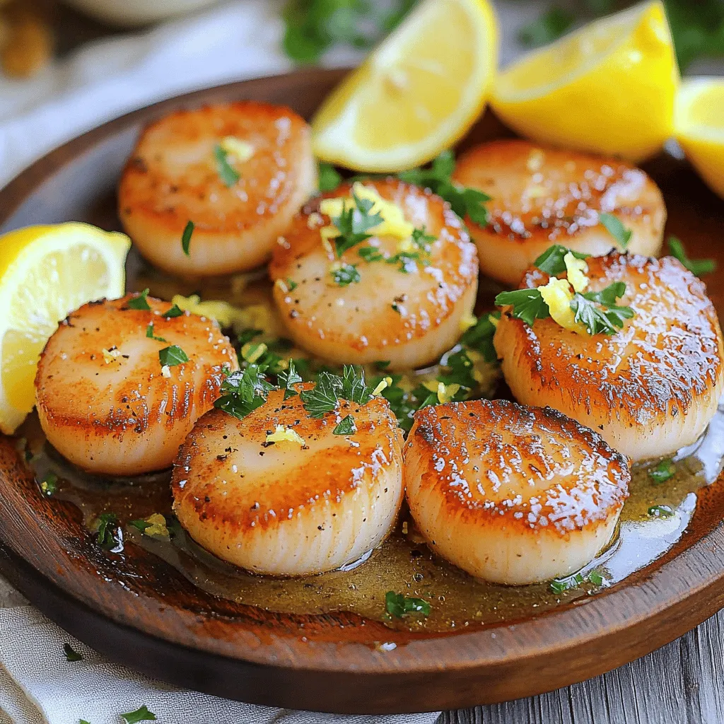 - 1 pound large sea scallops, thoroughly patted dry - 2 tablespoons high-quality olive oil - 2 tablespoons unsalted butter - 1 garlic clove, finely minced - 1 teaspoon fresh thyme leaves, chopped - Zest of 1 medium lemon - Salt and freshly ground black pepper to taste - Fresh parsley, finely chopped (for garnish) - Lemon wedges (for serving) - Heavy skillet or pan - Tongs - Paper towels To make crispy pan-seared scallops, you need fresh ingredients. Start with large sea scallops. These offer the best taste and texture. Make sure to pat them dry. Moisture will make it hard to get that perfect sear. Next, gather your oils and butter. High-quality olive oil will add flavor. Unsalted butter helps create a rich taste and a nice color. You will also need garlic for some depth. Fresh thyme adds a lovely aroma, while lemon zest brightens the dish. For seasoning, salt and black pepper are key. They bring out the natural sweetness of the scallops. Finally, fresh parsley is a great garnish. It adds color and a hint of freshness. Don't forget lemon wedges for serving. They give a nice tang when squeezed over the scallops. Gathering the right tools is just as important. A heavy skillet or pan helps achieve that great sear. Tongs make flipping the scallops easy and safe. Lastly, paper towels are essential for drying and draining excess oil. With these ingredients and tools, you are on your way to making delicious crispy pan-seared scallops. Check the Full Recipe for all the steps! - Ensure scallops are dried thoroughly. - Season scallops with salt and pepper. To start, the first step is to dry your scallops well. Any moisture will stop them from getting that nice, crispy crust. Use a paper towel to pat each scallop dry. This simple step is key! After drying, season both sides of the scallops with salt and pepper. This brings out the natural flavor of the scallops. - Heat olive oil in skillet. - Sear scallops undisturbed for 2-3 minutes. - Flip scallops and add butter, garlic, and thyme. Next, grab a heavy skillet and heat the olive oil over medium-high heat. You want it to shimmer but not smoke. This usually takes about 2-3 minutes. Once the oil is ready, carefully place the scallops in the pan. Don't overcrowd them; give each scallop space. Let them sear undisturbed for about 2-3 minutes. You’re looking for a golden-brown crust. After the first side is brown, flip the scallops using tongs. Now, add the unsalted butter, minced garlic, and chopped thyme to the pan. These ingredients will add rich flavor and aroma. Cook for another 2 minutes, spooning the melted butter over the scallops. This basting makes them even more delicious! - Baste scallops with butter. - Garnish and serve immediately. When the scallops are done, take them out of the skillet. Place them on a paper towel to absorb some oil. Just before serving, sprinkle fresh lemon zest over the scallops. This adds a bright flavor. Don’t forget to garnish with finely chopped parsley for a pop of color. Serve them right away with lemon wedges on the side for an extra zing. For the full recipe, be sure to check out the complete details! To get the best sear on your scallops, start with drying them well. Moisture can ruin that nice crust. I always pat them dry with paper towels. This step is key for crispy scallops. Next, heat your pan to just the right temperature. You want it hot enough to shimmer but not smoke. This usually takes about 2-3 minutes. You can elevate the flavor of your scallops with different seasonings. Besides salt and pepper, try adding paprika or lemon zest. Fresh herbs like basil or cilantro can also work wonders. Always use high-quality ingredients. Fresh scallops and good olive oil make a big difference in taste. For plating, arrange the scallops neatly on a plate. A serving platter makes it look fancy. You can sprinkle some extra lemon zest on top for color. Don’t forget to garnish with fresh parsley. It adds a pop of green and freshness to the dish. Serve with lemon wedges on the side for a final touch. For more detailed instructions, check out the Full Recipe. {{image_4}} If you want to shake things up, try adding some spice. A sprinkle of chili flakes can turn your scallops into a spicy delight. This simple change adds warmth without overpowering the dish. For those who love fresh flavors, adding zest from an orange can create a citrus twist. The bright notes of orange will brighten up your plate and balance the richness of the scallops. Pair your crispy pan-seared scallops with a creamy risotto or a fresh salad. A side of risotto adds comfort, while a salad brings a crisp element. Both sides complement the scallops beautifully. For wine lovers, a chilled glass of Sauvignon Blanc works wonders. Its bright acidity cuts through the richness of the scallops, enhancing the meal. If you want to try something different, consider broiling or grilling your scallops. Both methods bring out unique flavors and give a nice char. Baking is another option for a healthier dish. It allows the scallops to cook gently while keeping them moist. Each method offers a new way to enjoy this delicious seafood. Check out the Full Recipe for all the details! - Storing leftover cooked scallops: Place your cooked scallops in an airtight container. Refrigerate them for up to two days. This keeps them fresh and tasty. - Storing raw scallops: If you have raw scallops, keep them in their original packaging. If opened, place them in a covered bowl. Store them in the coldest part of your fridge. Use raw scallops within 24 hours for the best flavor. - Best methods for reheating scallops: The stove works best for reheating scallops. Heat a skillet over medium heat and add a little oil or butter. Add the scallops and warm them for about one minute on each side. - How to maintain texture: Avoid microwaving scallops. It can make them rubbery. Instead, use low heat and watch them closely. This way, they stay tender and juicy. For the full recipe, check out the [Full Recipe]. How long to cook scallops? Cook scallops for about 2-3 minutes on each side. The goal is a golden crust. Thin scallops cook faster, while thicker ones may need a bit more time. Can I use frozen scallops? Yes, you can use frozen scallops. Just make sure to thaw them completely. Pat them dry well before cooking. This helps achieve that crispy sear. How to tell if scallops are done? Perfectly cooked scallops should be opaque and firm to the touch. They should have a nice golden-brown crust. Avoid overcooking to keep them tender. Can I make this recipe ahead of time? This recipe is best made fresh. However, you can prepare the ingredients in advance. Season the scallops and chop your garlic and herbs ahead of time. What can I substitute for olive oil? You can use avocado oil or canola oil instead of olive oil. Both have high smoke points and work well for searing. Are there alternatives for scallops? Yes, you can use shrimp or firm fish like swordfish. Both options will provide a similar texture and taste in your dish. For the full recipe, check the detailed instructions above. This guide covered all you need to make perfect scallops. We discussed key ingredients, the right tools, and step-by-step cooking instructions. I shared tips for achieving the best flavor and presentation. You can even try different variations and learn how to store leftovers. Now, with these insights, you can create a delicious scallop dish at home. Enjoy the cooking process and impress everyone at your table!