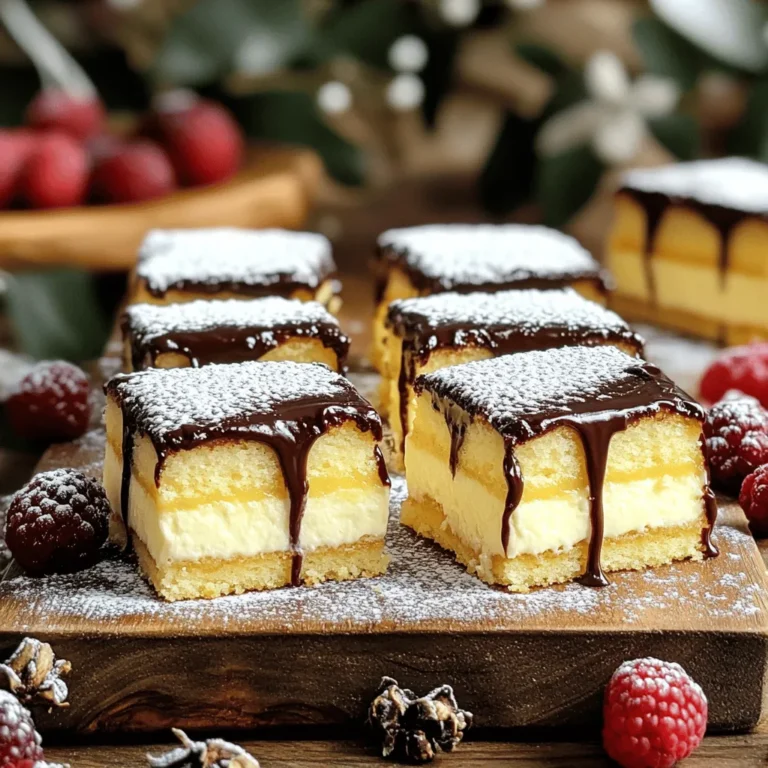 To make your Boston Cream Bars, gather these simple ingredients: - 1 cup all-purpose flour - 1/2 cup granulated sugar - 1/2 teaspoon baking powder - 1/4 teaspoon baking soda - 1/4 teaspoon salt - 1/2 cup unsalted butter, softened - 2 large eggs - 1 teaspoon pure vanilla extract - 1 cup vanilla custard - 1/2 cup semi-sweet chocolate chips - 1/4 cup heavy whipping cream Each ingredient plays a key role in making this dessert a hit. The flour creates the base, while sugar adds sweetness. Baking powder and baking soda help the bars rise. Salt balances the flavors. Butter gives richness, and eggs add moisture. Vanilla extract infuses a lovely flavor. The custard layer brings creaminess, while chocolate chips and cream form a smooth ganache on top. For the best results, use fresh ingredients. This ensures your flavors shine through. You can use store-bought custard or make your own. Either way, it will taste great in your bars. Check your pantry before starting. Having everything on hand makes the process smooth. For the full recipe, follow the steps to create these delightful no-bake treats. First, preheat your oven to 350°F (175°C). While it heats up, grab a 9x9 inch baking dish. Grease it lightly with butter or cooking spray. This step helps the bars come out easily when baked. Next, in a large mixing bowl, use an electric mixer to cream the softened butter and granulated sugar together. Mix until the blend is light and fluffy, which usually takes 3 to 4 minutes. Now, it’s time to add the eggs. Introduce them one at a time, mixing well after each. After that, stir in the pure vanilla extract. This adds a wonderful flavor. In another bowl, whisk together the all-purpose flour, baking powder, baking soda, and salt until they’re well mixed. Gradually add this dry mix to the butter mixture. Be gentle while mixing to avoid overmixing, which can make the bars dense. Once your batter is ready, pour it into your prepared baking dish. Use a spatula to spread it evenly. Bake in the preheated oven for 25 to 30 minutes. To check if it's done, insert a toothpick in the center. If it comes out clean, you’re good to go! After baking, take the dish out and let the cake cool completely. This step is key for proper assembly. Once cooled, spread the vanilla custard evenly over the top. This creates a smooth and rich layer. Next, melt the semi-sweet chocolate chips with the heavy whipping cream in a small saucepan. Heat it on low, stirring until smooth. Let it cool slightly, then pour the chocolate ganache over the custard layer. Use a spatula to cover it evenly. Finally, place the Boston Cream Bars in the refrigerator for at least 2 hours. This helps the layers set perfectly before you cut them into squares. To make the best Boston Cream Bars, avoid overmixing the batter. Overmixing can make the bars dense. Mix just until the dry and wet ingredients combine. This keeps your bars light and fluffy. Making homemade custard can elevate your dessert. Start with fresh ingredients. Use whole milk for a rich flavor. Cook the mixture on low heat and stir often. This helps prevent lumps. Always strain the custard to ensure it is smooth. Let it cool completely before spreading it on the cake. For garnishing, fresh berries add color and flavor. A light dusting of powdered sugar looks elegant. You can also drizzle extra chocolate on top for added sweetness. When serving these bars at gatherings, cut them into equal squares. Use a sharp knife for clean edges. Serve on a lovely platter to impress your guests. Consider pairing the bars with coffee or tea for a delightful treat. For the full recipe, check the beginning of this article. {{image_4}} You can add your twist to Boston Cream Bars. One fun way is to add almond extract. Just a few drops enhance the flavor. It gives a nice nutty taste that many love. You can also incorporate fresh fruits into the mix. Ripe berries or sliced bananas add a burst of flavor. They pair well with the creamy custard. Just scatter them on top before you pour the ganache. This makes your bars look and taste even better. For those with gluten issues, you can make gluten-free Boston Cream Bars. Use a gluten-free flour blend instead of all-purpose flour. It works well and keeps the texture light. If you're looking for vegan options, you can replace eggs and butter. Use flax eggs or applesauce as an egg substitute. For butter, try coconut oil or a vegan butter. These swaps help you enjoy the bars without dairy. These variations let you enjoy Boston Cream Bars in many ways. Don’t hesitate to get creative! For the full recipe, check out the complete guide. Storing Boston Cream Bars is easy. First, you want to keep them cool. Place the bars in an airtight container. This helps keep them fresh. You can store them in the fridge for best results. If you want to freeze them, wrap each bar in plastic wrap. Then, place them in a freezer bag. This way, they won't get freezer burn. In the fridge, Boston Cream Bars will last for about 3 to 5 days. If you freeze them, they can last up to 2 months. Just remember to let them thaw in the fridge before eating. This keeps them from getting soggy. Enjoy the creamy, chocolatey goodness any time! Can I use store-bought custard? Yes, you can use store-bought custard. It saves time and still tastes great. Just spread it evenly over the cake layer. What's the best way to reheat if frozen? To reheat frozen Boston Cream Bars, let them thaw in the fridge overnight. If you need to speed it up, use the microwave in short bursts on low power. How to know when the bars are fully set? The bars are fully set when the chocolate ganache feels firm to the touch. You can also gently shake the dish. If it jiggles, it needs more time. Can I make Boston Cream Bars ahead of time? Yes, you can make these bars a day in advance. They taste even better after a night in the fridge. Just cover them well to keep them fresh. For a complete guide, check out the Full Recipe for Boston Cream Bars Delight! You learned how to make tasty Boston Cream Bars using simple steps and ingredients. We covered the right mix of flour, sugar, and butter for the best flavor. You now know about baking, assembling, and storing these treats, plus tips for flavor changes. Keep practicing and enjoy your bars with friends and family. Baking can be fun and tasty! Now it’s your turn to whip these up and share the joy.